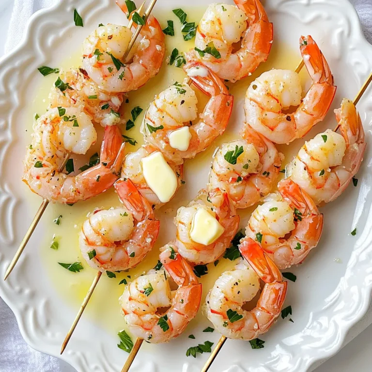 - 1 pound large shrimp, peeled and deveined - 4 tablespoons unsalted butter, melted - 4 cloves garlic, minced - 1 teaspoon lemon juice - 1 teaspoon paprika - 1 teaspoon dried parsley (or 1 tablespoon fresh parsley, chopped) - Salt and pepper to taste - Skewers (wooden or metal) Garlic butter shrimp skewers pack a punch of flavor. They are easy to make and perfect for any meal. Let’s start with the main ingredients. Use one pound of large shrimp. They should be peeled and deveined for the best taste. Next, melt four tablespoons of unsalted butter. Butter adds richness. It also helps carry the garlic flavor. You will need four cloves of garlic, minced. Fresh garlic gives a strong, tasty kick. Next, add some seasoning. A teaspoon of lemon juice brightens the dish. It cuts through the richness of the butter. Paprika adds warmth and a hint of smokiness. One teaspoon is just right. You can use dried parsley or fresh if you like. It adds color and a fresh note. Lastly, season with salt and pepper. This step is key to bringing all flavors together. Don't forget your skewers. You can use wooden or metal ones, depending on your choice. These ingredients work together to make amazing garlic butter shrimp skewers. Each bite will be bursting with flavor! Soak wooden skewers in water for 30 minutes. This step keeps them from burning. It helps ensure your shrimp cook evenly and stay juicy. In a mixing bowl, combine these ingredients: - 4 tablespoons unsalted butter, melted - 4 cloves garlic, minced - 1 teaspoon lemon juice - 1 teaspoon paprika - 1 teaspoon dried parsley (or 1 tablespoon fresh parsley, chopped) - Salt and pepper to taste Mix well until it becomes a smooth blend. This garlic butter mixture adds a rich flavor to the shrimp. Add 1 pound of large, peeled, and deveined shrimp to your bowl. Toss them in the garlic butter mixture. Make sure they are evenly coated. Let them sit for about 15-20 minutes. This marinating time allows the flavors to soak in deep. Carefully thread the marinated shrimp onto the skewers. Pierce through the tail and head of each shrimp. Leave some space between them. This spacing helps them cook evenly and prevents sticking. Set your air fryer to 375°F (190°C) and preheat it for 5 minutes. Preheating ensures your shrimp get that perfect sear. Place the shrimp skewers in the air fryer basket. Lay them in a single layer. Cook for 6-8 minutes, flipping halfway through. The shrimp should turn pink and opaque when done. Enjoy the aroma while they cook! Start with the base of melted butter and garlic. This mix is rich and flavorful. You can adjust the seasoning to suit your taste. If you like it zestier, add more lemon juice. For a touch of heat, sprinkle in some red pepper flakes. Taste the marinade before adding the shrimp. This way, you know it's just right! To get juicy shrimp, arrange the skewers in a single layer. This setup helps the hot air circulate around each shrimp. If the skewers are too crowded, some shrimp may cook unevenly. Flip the skewers halfway through cooking for the best results. This gives both sides a nice, golden finish. Pair your shrimp skewers with fresh sides. A crisp salad or grilled veggies complements the dish well. For a dip, consider a creamy garlic sauce or a zesty cocktail sauce. You can also drizzle extra melted garlic butter over the skewers before serving. This adds richness and makes them even more tasty! {{image_2}} You can change the flavor with different spice blends. Try using Cajun seasoning for a southern twist. Italian herbs like oregano and basil can add a nice touch too. For a fresh taste, add a pinch of dill. You can even mix chili powder and cumin for a smoky flavor. The key is to find what you love. If you want to swap out butter, try olive oil or coconut oil. These oils can still bring great taste to your shrimp. Instead of parsley, use cilantro for a zesty kick. Lemon zest can replace lemon juice for more intense flavor. Experimenting with these swaps can lead to exciting new dishes. If you like heat, add red pepper flakes to your marinade. You can also use hot sauce for a spicy kick. Sriracha mixed into the garlic butter gives a great flavor. For more heat, try using a spicy chili paste. Adjust the amount based on your heat tolerance. It’s a fun way to make your shrimp skewers pop! To store leftovers, let the shrimp cool down first. Then, place them in an airtight container. Keep the container in the fridge. Use the shrimp within two days for the best taste. To reheat shrimp, use a pan on low heat. This keeps the shrimp juicy. Add a bit of water or broth to help with moisture. You can also use the microwave, but cover the shrimp with a damp paper towel. This helps prevent drying out. To freeze cooked shrimp skewers, wrap them tightly in plastic wrap. Then, place in a freezer bag. Remove as much air as possible. You can keep them frozen for up to three months. When ready to eat, thaw in the fridge overnight and reheat. Marinate the shrimp for about 15-20 minutes. This time is perfect for the shrimp to soak up the garlic butter flavor. Don't marinate too long. The shrimp can become mushy if left too long in the acid from the lemon juice. Yes, you can use frozen shrimp! Just make sure to thaw them first. You can place them in cold water for about 15-20 minutes. Once thawed, pat them dry before marinating. Fresh shrimp can taste sweeter, but frozen shrimp can be just as good with the right care. Pair the shrimp skewers with light sides. A fresh salad or steamed veggies work well. You can also serve rice or crusty bread to soak up any extra garlic butter. For a twist, try a tangy dipping sauce like cocktail sauce or a lemon garlic aioli. In this post, we explored making delicious garlic butter shrimp skewers. You learned about the main ingredients, how to prepare and marinate the shrimp, and step-by-step cooking instructions. I shared tips for perfecting your dish and variations to spice things up. Remember, cooking is a fun way to experiment. Enjoy your shrimp skewers with sides that complete the meal. Don't hesitate to try new flavors and share your results!