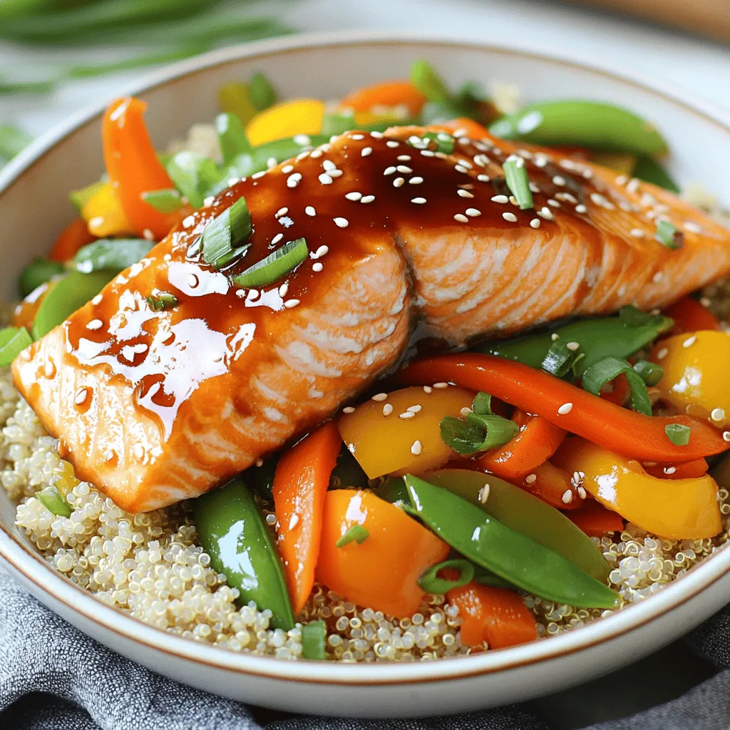 - 2 salmon fillets (about 6 oz each) - 1/4 cup teriyaki sauce (store-bought or homemade) - 1 cup cooked quinoa (or rice) - 1/2 cup edamame (shelled) - 1 cup mixed vegetables (e.g., bell peppers, carrots, and snap peas) - 1 tablespoon olive oil - 1 teaspoon sesame oil - 2 green onions, finely chopped - 1 tablespoon sesame seeds - Salt and pepper to taste For Minute Teriyaki Salmon Bowls, these ingredients create a fun and tasty dish. The salmon provides great protein, while the teriyaki sauce adds a sweet and salty kick. Quinoa or rice serves as a base, giving you energy. Edamame adds a nice crunch and healthy fats. Mixed vegetables bring color and vitamins to your meal. Olive oil and sesame oil enhance the flavors and help in cooking. Green onions and sesame seeds make the dish look pretty and add extra taste. This simple list helps you gather everything you need quickly. With these ingredients, you can make a meal that looks great and tastes even better. You can enjoy this dish on a busy weeknight or impress guests at dinner. - Cooking quinoa or rice: Start by cooking 1 cup of quinoa or rice. Follow the package instructions. This step is quick and makes a great base for your bowl. - Preparing frozen edamame: If using frozen edamame, cook 1/2 cup as per the package. This adds protein and a nice bite. - Seasoning salmon fillets: Take 2 salmon fillets and season them with salt and pepper. Seasoning helps enhance the salmon's natural flavor. - Heating the skillet: Heat a non-stick skillet over medium-high heat. This ensures a nice sear on the salmon. - Cooking salmon skin-side down: Place the salmon fillets skin-side down in the hot skillet. Cook for 3-4 minutes until the skin is crispy and golden. - Adding teriyaki sauce: Flip the salmon and pour 1/4 cup of teriyaki sauce over it. Cover the skillet and cook for another 2-3 minutes. The salmon should flake easily when done. - Heating sesame oil: In a separate skillet, heat 1 teaspoon of sesame oil over medium heat. This will add a rich, nutty flavor to the veggies. - Cooking mixed vegetables: Add 1 cup of mixed vegetables (like bell peppers, carrots, and snap peas) and sauté for about 3-4 minutes until they are tender-crisp. - Incorporating edamame: Mix in the cooked edamame and stir well. This brings vibrant color and texture to your dish. - Layering quinoa or rice: In each bowl, start with a layer of your cooked quinoa or rice. This acts as a hearty base for the rest of the meal. - Adding sautéed vegetables: Next, add the sautéed vegetables on top of the quinoa or rice. This makes the bowl colorful and healthy. - Placing teriyaki salmon on top: Finally, place the teriyaki salmon fillet on top of the vegetables. This makes each bowl look appetizing. - Garnishing with green onions: Sprinkle finely chopped green onions over the salmon. This adds a fresh flavor and a pop of color. - Sprinkling sesame seeds: Finish with a sprinkle of sesame seeds for extra crunch and flavor. Enjoy your quick and tasty meal! When picking salmon, fresh is best. Fresh salmon tastes great and cooks evenly. You can also use frozen salmon. It’s easy to store and often just as tasty. When choosing, think about skin-on or skinless options. Skin-on salmon keeps the fish moist while cooking. Skinless salmon cooks faster and is easier to eat. Want more flavor? You can switch up the teriyaki sauce. Try soy sauce or a spicy chili sauce for a kick. Adding spices like garlic powder or ginger can also boost taste. Fresh herbs like cilantro or basil add a nice touch too. Just sprinkle them on top before serving. To save time, use pre-cooked quinoa or rice. You can find these in stores. They cook fast and make meal prep easier. Another tip is to cook extra salmon and veggies. Store them in the fridge for quick meals later in the week. This way, you can enjoy a tasty bowl anytime! {{image_2}} You can switch up the protein in your teriyaki bowls. Try chicken teriyaki bowls for a tasty twist. Simply use chicken breast instead of salmon. Cook it the same way, using the teriyaki sauce. Chicken cooks fast and stays juicy, perfect for a meal. If you're looking for a vegetarian option, tofu works great! Firm tofu absorbs flavors well. Press it to remove extra water, then cut it into cubes. Cook it in the skillet until golden and crisp. Add the teriyaki sauce just like with the salmon. You’ll enjoy a rich, savory taste. While quinoa is great, you can use brown rice or cauliflower rice too. Brown rice adds a nice chew and is full of fiber. Cauliflower rice is a low-carb choice that packs in the veggies. Just heat it up in a skillet, and it’s ready to go! Quinoa offers a nutty flavor and is high in protein. You might also explore other grains like farro or barley. Each grain brings a new taste and texture. Be bold and mix things up based on what you like. Don’t hesitate to customize your veggies! Seasonal vegetable replacements keep your dish fresh and exciting. Use zucchini in summer or butternut squash in fall. Different colors add vibrancy to your bowl. You can also add more texture. Crunchy snap peas, tender carrots, or bright bell peppers make great choices. The more colors, the better! This not only makes the meal pretty but also boosts nutrients. Enjoy creating your own version! - To store leftovers, place them in an airtight container. - Use glass or plastic containers with tight lids. They help keep the food fresh. - For reheating, the best method is the microwave. - Heat on medium power for about 1-2 minutes. - You can also use the stove. Heat on low until warm. - Yes, you can freeze teriyaki salmon bowls. - To freeze properly, let the dish cool first. - Then, place it in freezer-safe bags or containers. Remove as much air as you can. Cooking teriyaki salmon bowls takes about 20 minutes. - Prep Time: 10 minutes - Cook Time: 10 minutes This quick meal is perfect for busy nights. You can have dinner ready in no time. Yes, homemade teriyaki sauce is a great choice. - It allows you to control the flavor and sweetness. - You can use fresh ingredients without preservatives. Making your own sauce can enhance the taste of your meal. It’s easy to whip up with soy sauce, sugar, and ginger. You can use many vegetables in your bowls. - Popular choices: - Bell peppers - Carrots - Snap peas - Broccoli Mix and match your favorite veggies for a colorful dish. Fresh vegetables add crunch and nutrition. Yes, this recipe can be gluten-free. - Use gluten-free teriyaki sauce. - Substitute quinoa or rice for other gluten-free grains. Always check labels to ensure no hidden gluten. This way, you can enjoy a safe meal. Yes, you can prep this dish in advance. - Cook the quinoa or rice beforehand. - Store the salmon and veggies separately. This makes it easy to heat and serve later. Perfect for meal prep! You can tell if salmon is cooked by checking its color. - It should turn from bright pink to opaque. - The salmon should flake easily with a fork. Using these signs helps you serve perfectly cooked salmon every time. Enjoy your meal! In this blog post, we explored a simple and tasty recipe for teriyaki salmon bowls. You learned the key ingredients, step-by-step instructions, and helpful tips for success. Using fresh or frozen salmon, you can create a meal that is both healthy and satisfying. Remember to customize your bowls with your favorite vegetables and grains. With these guidelines, you can enjoy a delicious dish that fits your taste and needs. Get cooking and share your tasty bowls with others!