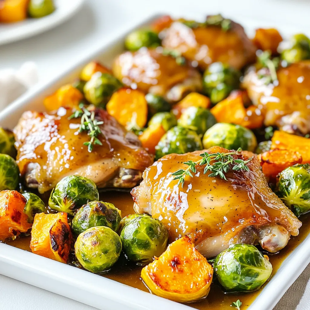 - 4 boneless, skinless chicken thighs - 1/4 cup Dijon mustard - 1/4 cup pure maple syrup - 1 tablespoon olive oil - 2 cups Brussels sprouts, halved - 2 cups butternut squash, cubed - 1 teaspoon garlic powder - 1 teaspoon paprika - Salt and pepper to taste To make this dish shine, I choose chicken thighs. They stay juicy and tender. I mix Dijon mustard with pure maple syrup for a sweet and tangy glaze. The olive oil adds richness and helps the chicken brown nicely. For the vegetables, I use Brussels sprouts and butternut squash. The sprouts add a slight bitterness that pairs well with the sweet glaze. The squash brings a creamy texture and sweetness. Together, they create a colorful and healthy meal. The seasonings are simple but effective. Garlic powder boosts the flavor without overpowering. Paprika adds a warm, smoky note. Salt and pepper enhance everything, making the dish bright and tasty. With this mix, you have a great base for a delicious sheet-pan meal. Each bite will bring joy and comfort, perfect for any night! - Preheat the oven to 425°F (220°C). - In a small bowl, whisk together the Dijon mustard, maple syrup, olive oil, garlic powder, paprika, salt, and pepper until smooth. - Take 4 boneless, skinless chicken thighs and place them in a large bowl or a zip-top bag. - Pour half of the maple Dijon mixture over the chicken. - Toss to coat the chicken well. Let it marinate for at least 20 minutes. - While the chicken marinates, prepare the vegetables. - In a separate bowl, combine 2 cups of halved Brussels sprouts and 2 cups of cubed butternut squash. - Pour the remaining maple Dijon mixture over the veggies. Toss to coat them evenly. - On a large, rimmed baking sheet, arrange the marinated chicken thighs in the center. - Spread the Brussels sprouts and squash around the chicken in one even layer. - Bake in the preheated oven for 25-30 minutes. - Check the chicken's doneness; it should reach 165°F (75°C) internally. Stir the veggies halfway through cooking for even browning. - Bake at 425°F (220°C) for 25-30 minutes. - Check chicken with a meat thermometer. It should read 165°F (75°C). This high temperature helps brown the chicken and caramelize the veggies. Remember, every oven is a bit different. If your chicken isn’t done, give it a few more minutes. The veggies should be tender and a bit crispy. - Serve the chicken and veggies straight from the pan for a rustic look. - Drizzle extra sauce over the dish for more flavor. Serving family-style adds warmth to your meal. A little extra sauce makes everything taste even better. You can also use fresh herbs for a nice touch. - Try turkey or pork instead of chicken for a different protein. - Swap Brussels sprouts for green beans or broccoli. These swaps keep the dish fresh and exciting. You can also use acorn squash or sweet potatoes instead of butternut squash. Adjust the recipe based on what you have on hand. {{image_2}} You can easily switch up the flavor in this dish. Try adding fresh herbs like rosemary or sage. These will give your chicken a new twist. You can also play with spices. A touch of smoked paprika adds depth. For a little heat, add red pepper flakes. You can mix in other veggies too. Carrots add sweetness and color. Sweet potatoes are another great option. Their creamy texture pairs well with the chicken. You can even use cauliflower or green beans. The key is to keep the cooking time in mind. If you're looking for a gluten-free version, you're in luck! The ingredients in this recipe are naturally gluten-free. Just make sure your Dijon mustard is gluten-free. Most brands are, but check the label to be sure. For a dairy-free option, this recipe is already perfect. There are no dairy products in the mix. You can enjoy it without worry. Just make sure to double-check any sides you serve. Pair this dish with rice or quinoa for a full meal. Both add a nice base and soak up the sauce. You can also serve it with a light salad. A crisp green salad adds freshness. This dish makes great leftovers. You can pack it for lunch or dinner. Just reheat in the oven or microwave. The flavors only get better the next day! To store leftovers, let the dish cool down first. Place the chicken and veggies in an airtight container. This keeps them fresh for up to four days in the fridge. Label the container with the date to track freshness. I recommend separating the chicken from the veggies if you want the best taste. If you want to freeze the dish, let it cool completely. Use freezer-safe containers or bags to avoid freezer burn. Squeeze out as much air as possible before sealing. You can freeze it for up to three months. Thaw it overnight in the fridge before reheating. To reheat, preheat your oven to 350°F (175°C). Place the chicken and veggies on a baking sheet. Heat for about 15-20 minutes, or until warmed through. You may want to cover it with foil to keep it from drying out. For a quick option, you can use the microwave, but the oven keeps the texture best. Bake chicken thighs at 425°F (220°C) for 25 to 30 minutes. The chicken is done when it reaches an internal temperature of 165°F (75°C). This high heat helps the chicken cook quickly and keeps it juicy. Yes, you can use other chicken parts. Bone-in thighs or chicken breasts work well too. Just remember that cooking times may vary. Bone-in cuts may take longer to cook, while smaller pieces cook faster. Pair this dish with rice or quinoa for a filling meal. A fresh salad adds a nice crunch. Roasted potatoes also complement the flavors well. For a fun twist, serve it with crusty bread to soak up the sauce. This blog post covered a simple and tasty recipe for Sheet-Pan Maple Dijon Chicken. We explored important ingredients like chicken thighs, Dijon mustard, and seasonal veggies. I shared how to prepare, marinate, and bake the dish step-by-step. Final thoughts: You can make this meal your own with swaps and flavors. Enjoy cooking!