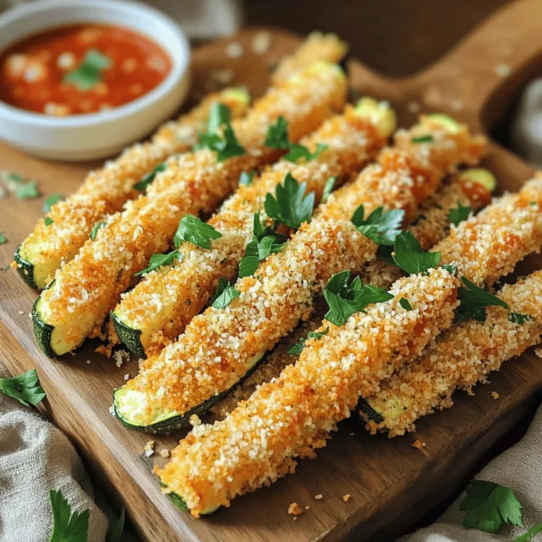 - 2 medium zucchinis, cut into fry shapes - 1/2 cup breadcrumbs (preferably panko for extra crunch) - 1/4 cup grated Parmesan cheese - 3 tablespoons olive oil - 2 cloves garlic, minced - 1 teaspoon dried oregano - 1 teaspoon paprika - Salt and pepper to taste - Fresh parsley, chopped (for garnish) If you can’t find panko breadcrumbs, regular breadcrumbs work too. For a cheesy twist, try using nutritional yeast instead of Parmesan. You can also swap fresh garlic for garlic powder. If you want a kick, add cayenne pepper instead of paprika. You will need an air fryer for crispiness. A sharp knife helps cut the zucchinis evenly. Use a medium bowl for mixing the coating. You will also want a large plate for transferring the coated fries. A paper towel is great for drying the zucchini before cooking. First, wash the zucchinis well to remove dirt. Cut them into fry shapes, about 1/4 inch thick. Use a sharp knife for clean cuts. Next, pat the zucchini fries dry with a paper towel. This step is key for crunchiness. Removing extra moisture helps them crisp up in the air fryer. In a medium bowl, combine the breadcrumbs, grated Parmesan cheese, and minced garlic. Add the dried oregano, paprika, salt, and pepper. Mix these dry ingredients well. This blend gives the fries a tasty crust. Make sure it is even, so every fry gets the same flavor. In another bowl, drizzle the olive oil over the zucchini fries. Toss them gently to coat each fry. This oil helps the breadcrumb mix stick better. Then, take each zucchini fry and dip it into the breadcrumb mix. Press gently to ensure the coating sticks well. Place the coated fries in the air fryer basket in a single layer. If you have many fries, do this in batches. Preheat your air fryer to 400°F (200°C). Once hot, cook the zucchini fries for about 10-12 minutes. Shake the basket halfway through cooking. This helps them cook evenly and become golden brown. Keep an eye on them to avoid burning. Once cooked, carefully remove the fries from the air fryer. Transfer them to a serving platter. For a nice touch, sprinkle freshly chopped parsley on top. Serve the garlic Parmesan zucchini fries with marinara sauce or ranch dressing for dipping. Arrange them on a wooden board for a rustic look. Enjoy your tasty snack! To get your zucchini fries super crispy, follow these steps: - Dry your zucchini: After cutting, pat the zucchini dry. Less moisture means more crunch. - Use panko breadcrumbs: They add extra texture and crunch. Regular breadcrumbs can work, but panko is best. - Don’t overcrowd the basket: Fry in a single layer. This helps air circulate and provides even cooking. - Shake halfway through: Give the basket a shake at the halfway mark. This ensures all sides get crispy. Watch out for these common slip-ups: - Skipping the oil: Olive oil helps the coating stick and crisp up. Don’t skip it! - Not preheating the air fryer: Preheating is key. It helps start the cooking process right. - Cutting zucchini too thick: Keep your fries about 1/4 inch thick. Thicker pieces won’t cook well. - Ignoring seasonings: Make sure to season well. The right amount of salt and spices matters. For a tasty experience, try these pairings: - Marinara sauce: Dip your fries in marinara for a classic combo. - Ranch dressing: Creamy ranch adds a nice contrast to the garlic flavor. - Fresh herbs: Top with fresh parsley or basil for a burst of flavor. - Cheese dips: A warm cheese dip can elevate your zucchini fries even more. These tips will help you create the crispiest, most delicious Air Fryer Garlic Parmesan Zucchini Fries. Enjoy your cooking! {{image_2}} You can switch up the flavors in your zucchini fries. Try adding lemon zest for a bright taste. Or, use Italian seasoning instead of oregano. A dash of cayenne pepper adds heat. You can also mix in some grated Parmesan for extra cheesiness. Experimenting with these seasonings can make your fries unique. To make these fries lighter, you can reduce the oil. Use just one tablespoon of olive oil instead of three. You can also swap the breadcrumbs for ground almonds or crushed nuts. These options add flavor and crunch while cutting carbs. If you want to cut cheese, try nutritional yeast. It adds a savory taste without dairy. For a gluten-free version, choose gluten-free breadcrumbs. They work just as well as regular ones. You can also use crushed cornflakes or rice cereal for a different crunch. Just make sure to check the labels for any gluten in ingredients. Your fries will still taste great and be safe for everyone. To keep your garlic Parmesan zucchini fries fresh, store them in an airtight container. Make sure to let them cool to room temperature first. You can keep them in the fridge for up to three days. This way, they stay crispy and tasty for your next snack or meal. Reheat your leftover zucchini fries in the air fryer for the best results. Preheat the air fryer to 350°F (175°C). Cook the fries for about 5 minutes. This will help them regain their crunch. You can also use a microwave, but they won’t be as crispy. Heat them for about 30 seconds to 1 minute. If you want to save zucchini fries for later, freezing is a great option. First, let them cool completely. Then, place the fries in a single layer on a baking sheet. Freeze them for about an hour. After they’re frozen, transfer them to a freezer bag. They can last for up to three months. When you’re ready to eat, air fry them straight from the freezer for 12-15 minutes at 400°F (200°C). Enjoy! Yes, you can use regular breadcrumbs instead of panko. Panko gives a light and crispy texture. Regular breadcrumbs will work but may not be as crunchy. If you want that extra crunch, stick with panko. You can tell when the zucchini fries are done by looking for a golden brown color. They should be crispy on the outside. You can also check by tasting one. If it is crunchy and cooked through, they are ready. Zucchini is low in calories and high in vitamins. It has vitamin C, which helps your immune system. Zucchini also has fiber, which aids digestion. Eating zucchini can help keep your heart healthy and support weight loss. Yes, you can make these zucchini fries in an oven. Preheat your oven to 425°F (220°C). Arrange the coated zucchini fries on a baking sheet. Bake for about 20-25 minutes, flipping halfway through, until they are golden and crispy. You now know how to make crispy zucchini fries. We covered ingredients, step-by-step instructions, tips, variations, and storage. Remember, the right coating and cooking method help achieve crispiness. Avoid common mistakes for the best results, and feel free to explore different seasonings. Enjoy your healthy snack any way you like! With the right tools, you can make this dish easy and fun. Keep experimenting, and your zucchini fries will impress everyone!