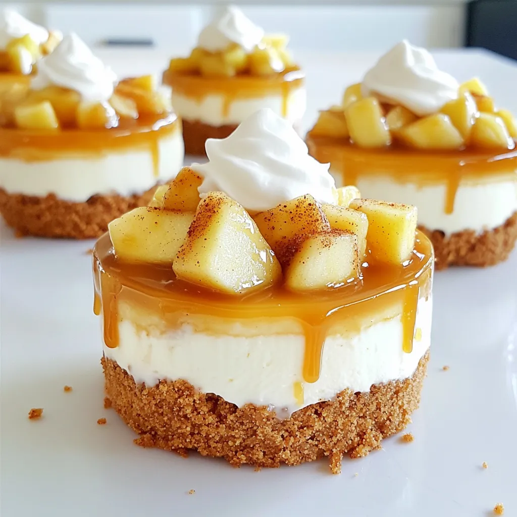 To make No-Bake Caramel Apple Cheesecake Cups, you will need: - 1 cup graham cracker crumbs - 4 tablespoons unsalted butter, melted - 2 (8 oz) packages cream cheese, softened - 1 cup powdered sugar - 1 teaspoon vanilla extract - 1 cup heavy cream - 2 large apples, diced - 1 teaspoon lemon juice - 1/2 cup caramel sauce - 1/2 teaspoon cinnamon - Whipped cream for topping (optional) You can easily swap some ingredients if needed. Try using gluten-free graham crackers for a gluten-free option. If you don't have cream cheese, you can use mascarpone cheese. For a lighter touch, you can replace heavy cream with whipped coconut cream. For sweetness, honey or maple syrup can replace powdered sugar. To enhance your cheesecake cups, consider these fun toppings: - Chopped nuts like pecans or walnuts - Extra caramel sauce drizzled on top - Fresh apple slices for crunch - A sprinkle of cinnamon or nutmeg for warmth - Chocolate shavings for a sweet twist To start, grab a mixing bowl. Add 1 cup of graham cracker crumbs and 4 tablespoons of melted unsalted butter. Mix them well until the crumbs look moist. Next, take serving cups or glasses and spoon about 2 tablespoons of the crumb mixture into each one. Press the crumbs down gently to form a nice crust layer. This step gives a crunchy base that holds everything together. In another bowl, beat 2 packages of softened cream cheese with an electric mixer. Mix until it's very smooth. Gradually add in 1 cup of powdered sugar and 1 teaspoon of vanilla extract. Keep mixing until you have a creamy blend. In a large bowl, whip 1 cup of heavy cream until stiff peaks form. Gently fold this whipped cream into your cream cheese mixture. This makes the filling light and fluffy. Now, it’s time to layer the cups. Start by tossing 2 diced apples with 1 teaspoon of lemon juice and 1/2 teaspoon of cinnamon. This keeps the apples fresh and adds flavor. Spoon about 1/4 cup of the cream cheese mixture over the crust in each cup. Then, drizzle some caramel sauce over the cheesecake layer. Add a layer of your cinnamon apples on top. Repeat this process until the cups are full. Finish with a layer of cheesecake mixture, a drizzle of caramel, and a dollop of whipped cream if you like. Finally, refrigerate these cups for at least 2 hours. This helps them set perfectly. To get the best whipped cream, start with cold heavy cream. Use a clean bowl and beaters. Whip it on high speed until stiff peaks form. This means the cream holds shape well. Do not overbeat, or it may turn to butter. You can add a little sugar for sweetness if you like. One mistake is not mixing the cream cheese well. If it’s lumpy, your cheesecake cups will not be smooth. Always ensure the cream cheese is softened fully. Also, be careful when folding in the whipped cream. Do it gently to keep the light texture. Another tip is to toss the apples in lemon juice right away. This keeps them from browning and adds flavor. For a lovely display, use clear cups or glasses. This shows off the beautiful layers. You can top each cup with a swirl of whipped cream. Drizzle caramel sauce on top for extra flair. You might also sprinkle some cinnamon for a pop of color. Finally, add a slice of apple on the rim for a fresh touch. {{image_2}} You can change the flavor of your cheesecake cups by using different fruits. Try berries like strawberries, blueberries, or raspberries for a fresh twist. You can also use peaches or pears. Just chop them up and mix them with lemon juice like you did with the apples. This keeps them bright and tasty. Each fruit adds its own unique flavor, making your dessert fun and new. Feel free to mix in flavors that excite you. For a chocolate twist, add cocoa powder to the cream cheese mixture. Try using peanut butter instead of cream cheese for a nutty flavor. You can also layer in different sauces, like chocolate or fruit puree, to change the taste. Each time you make these cups, you can create a new flavor profile that suits your mood. You can easily make these cups gluten-free by using gluten-free graham crackers. For a vegan option, swap cream cheese for a plant-based cream cheese. Use coconut cream instead of heavy cream, and a vegan butter substitute for the crust. These simple swaps help you enjoy a delicious dessert while sticking to your dietary needs. To keep your no-bake caramel apple cheesecake cups fresh, cover them tightly. Use plastic wrap or a lid. Store them in the fridge. They taste best chilled. Avoid letting them sit out too long. You can freeze these cheesecake cups, but it's best to freeze them without toppings. Wrap each cup tightly in plastic wrap. Place them in a freezer-safe container. They will keep for up to two months. Thaw them overnight in the fridge before serving. These delightful cups last about four days in the fridge. The flavors meld nicely, making them even tastier. After four days, the apples may get soft. For the best taste, enjoy them fresh! Yes, you can make these cheesecake cups ahead of time. I recommend preparing them a day before you plan to serve them. This allows the flavors to blend nicely. Just cover them tightly with plastic wrap and chill them in the fridge. They taste even better after a night in the fridge. If you want to swap out cream cheese, try Greek yogurt or ricotta cheese. Both provide a creamy texture. Greek yogurt offers tanginess, while ricotta gives a mild flavor. You can also use vegan cream cheese for a dairy-free option. Each choice brings a unique taste to your cheesecake cups. These cheesecake cups can stay fresh in the fridge for about 3 to 5 days. Just remember to keep them covered. If you notice any change in smell or texture, it’s best to toss them out. Enjoy them while they’re fresh for the best taste! This article covered everything you need for your cheesecake cups. We discussed the key ingredients, substitutions, and optional toppings. You learned step-by-step instructions for making the crust and the filling, plus how to layer. Tips helped you avoid mistakes and make perfect whipped cream. I shared ways to switch up flavors and adjustments for dietary needs. Finally, I gave storage tips for leftovers. Now you can enjoy delicious cheesecake cups anytime.