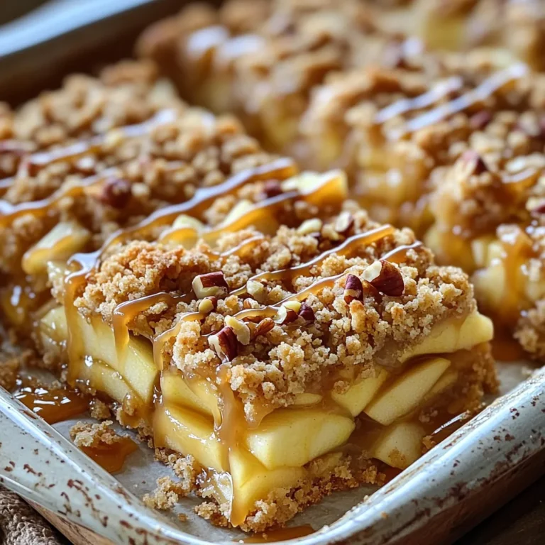 To make tasty caramel apple crumble bars, gather the following ingredients: - 2 cups all-purpose flour - 1 cup rolled oats - 1 cup brown sugar, packed - 1/2 cup granulated sugar - 1 cup unsalted butter, melted - 1 teaspoon cinnamon - 1/2 teaspoon nutmeg - 1/4 teaspoon salt - 4 medium apples, peeled, cored, and diced (about 4 cups) - 1 cup caramel sauce (store-bought or homemade) - 1 tablespoon lemon juice - Optional: chopped nuts (like pecans or walnuts) for added crunch Feel free to add your own twist! Here are some options: - Chopped nuts for crunch - A pinch of ginger for spice - Dried cranberries for a tart kick - Drizzle of chocolate for sweetness You can swap some ingredients if needed: - Use whole wheat flour for a healthier option. - Replace unsalted butter with coconut oil or margarine. - Substitute brown sugar with coconut sugar for a different flavor. - Use any firm apples like Granny Smith or Honeycrisp for the filling. These choices keep your bars delicious while allowing for personal tastes. Enjoy your baking! First, gather all your ingredients. You need flour, oats, sugars, butter, spices, and apples. I love using fresh apples for this recipe. They make the bars taste great. You will also need caramel sauce. You can use store-bought or make your own. 1. Preheat Oven: Start by preheating your oven to 350°F (175°C). Grease a 9x13 inch baking dish or use parchment paper for easy removal. 2. Make Crust Mixture: In a large bowl, mix the flour, oats, brown sugar, granulated sugar, melted butter, cinnamon, nutmeg, and salt. Stir until it looks crumbly. Save about 1 cup of this mixture for the topping. 3. Press Crust: Firmly press the remaining mixture into the bottom of the baking dish. This will be your crust. 4. Prepare Apples: In another bowl, toss the diced apples with lemon juice and a bit of cinnamon. This keeps the apples fresh and adds flavor. Spread the apple mixture over the crust. 5. Add Caramel: Drizzle half of the caramel sauce over the apples. Make sure to cover them well for extra sweetness. 6. Crumble Topping: Now sprinkle the reserved crumble mixture over the caramel-covered apples. If you like, add chopped nuts for a crunchy texture. 7. Bake: Place the dish in the oven and bake for 30-35 minutes. Look for a golden top and tender apples. 8. Cool and Serve: After baking, let the bars cool in the pan for about 15 minutes. Drizzle the remaining caramel sauce on top. Slice the dessert into squares or bars. These bars taste best warm or at room temperature. For a special treat, serve them with vanilla ice cream. A drizzle of caramel sauce on top makes it even better. Enjoy each bite! For the best texture, use cold butter. Cut it into small pieces before mixing. This helps form a crumbly crust. Do not overmix the crust. Mix just until combined. Aim for a sandy texture. For the topping, keep some chunks. This adds a nice crunch. You can use store-bought caramel sauce for ease. If you want homemade, heat sugar in a pot. Stir it constantly until it melts. Add butter and heavy cream. Mix until smooth. Be careful, as hot sugar can burn. Let it cool slightly before using it in the bars. Serve these bars warm for the best taste. A scoop of vanilla ice cream pairs perfectly. Drizzle more caramel on top for extra sweetness. You can also add chopped nuts for crunch. Enjoy them with a cup of hot cider or coffee. {{image_2}} You can switch out the apples for other fruits. Pears, peaches, or berries work great. Each fruit adds its own flavor. If you pick berries, try mixing them for a fun twist. Use about four cups of diced fruit. Adjust your baking time if the fruit cooks faster. The crumble topping can be more than just oats and flour. You can add nuts like pecans or walnuts for crunch. Try adding a bit of shredded coconut for a tropical touch. You can even mix in some chocolate chips for a sweet twist. Just remember to keep the balance of dry and wet ingredients. If you need a gluten-free version, use gluten-free flour. Almond flour works well too. For vegan options, swap the butter for coconut oil or a plant-based spread. Use maple syrup instead of brown sugar for sweetness. Choose a dairy-free caramel sauce to keep it vegan-friendly. With these swaps, you can enjoy these bars without worry. To keep your caramel apple crumble bars fresh, store them in an airtight container. Place a piece of parchment paper between layers to avoid sticking. They will stay good at room temperature for up to three days. If you want them to last longer, consider refrigeration. In the fridge, they can stay fresh for a week. You can freeze these bars for later enjoyment. First, let them cool completely. Then, slice them into squares. Wrap each piece in plastic wrap and place them in a freezer-safe bag. They can last up to three months in the freezer. When you’re ready to eat, just thaw them in the fridge overnight. To reheat your caramel apple crumble bars, you have a few options. You can use the microwave for a quick fix. Heat them for about 15-20 seconds, just until warm. For a crispier top, use an oven. Preheat to 350°F (175°C) and heat the bars for about 10 minutes. This will make the crumble nice and crunchy again. Enjoy your treats warm! Yes, you can make these bars ahead of time. After baking, let them cool completely. Then, cover them tightly with plastic wrap. They will keep well in the fridge for up to three days. You can also freeze them for longer storage. Just wrap them well in foil before freezing. To keep your crumble crisp, be sure to use a firm apple. Granny Smith or Honeycrisp works well. Also, don’t skip the step of tossing apples with lemon juice. This helps keep their texture. Lastly, let the bars cool completely before slicing them. This helps set the crumble. Many toppings pair well with these bars. Here are a few ideas: - Vanilla ice cream adds creaminess. - Whipped cream makes it light. - Chopped nuts add crunch. - Extra caramel sauce for sweetness. - A sprinkle of sea salt for a nice contrast. Feel free to mix and match toppings to find your favorite! In this post, we covered how to make delicious caramel apple crumble bars. We discussed the essential ingredients and some optional ones for customization. You learned step-by-step instructions for baking, cooling, and serving. We shared tips for perfect texture and tasty caramel sauce. You also found variations for different diets and fruits, plus storage and freezing tips. These bars are fun to make and enjoy. You can change the recipe to fit your tastes. Get creative and have fun baking!