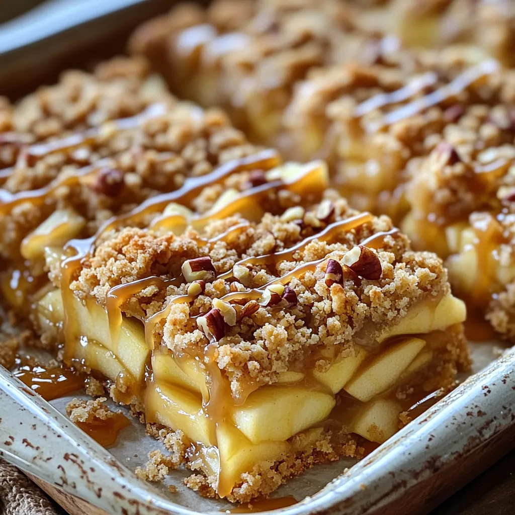 To make tasty caramel apple crumble bars, gather the following ingredients: - 2 cups all-purpose flour - 1 cup rolled oats - 1 cup brown sugar, packed - 1/2 cup granulated sugar - 1 cup unsalted butter, melted - 1 teaspoon cinnamon - 1/2 teaspoon nutmeg - 1/4 teaspoon salt - 4 medium apples, peeled, cored, and diced (about 4 cups) - 1 cup caramel sauce (store-bought or homemade) - 1 tablespoon lemon juice - Optional: chopped nuts (like pecans or walnuts) for added crunch Feel free to add your own twist! Here are some options: - Chopped nuts for crunch - A pinch of ginger for spice - Dried cranberries for a tart kick - Drizzle of chocolate for sweetness You can swap some ingredients if needed: - Use whole wheat flour for a healthier option. - Replace unsalted butter with coconut oil or margarine. - Substitute brown sugar with coconut sugar for a different flavor. - Use any firm apples like Granny Smith or Honeycrisp for the filling. These choices keep your bars delicious while allowing for personal tastes. Enjoy your baking! First, gather all your ingredients. You need flour, oats, sugars, butter, spices, and apples. I love using fresh apples for this recipe. They make the bars taste great. You will also need caramel sauce. You can use store-bought or make your own. 1. Preheat Oven: Start by preheating your oven to 350°F (175°C). Grease a 9x13 inch baking dish or use parchment paper for easy removal. 2. Make Crust Mixture: In a large bowl, mix the flour, oats, brown sugar, granulated sugar, melted butter, cinnamon, nutmeg, and salt. Stir until it looks crumbly. Save about 1 cup of this mixture for the topping. 3. Press Crust: Firmly press the remaining mixture into the bottom of the baking dish. This will be your crust. 4. Prepare Apples: In another bowl, toss the diced apples with lemon juice and a bit of cinnamon. This keeps the apples fresh and adds flavor. Spread the apple mixture over the crust. 5. Add Caramel: Drizzle half of the caramel sauce over the apples. Make sure to cover them well for extra sweetness. 6. Crumble Topping: Now sprinkle the reserved crumble mixture over the caramel-covered apples. If you like, add chopped nuts for a crunchy texture. 7. Bake: Place the dish in the oven and bake for 30-35 minutes. Look for a golden top and tender apples. 8. Cool and Serve: After baking, let the bars cool in the pan for about 15 minutes. Drizzle the remaining caramel sauce on top. Slice the dessert into squares or bars. These bars taste best warm or at room temperature. For a special treat, serve them with vanilla ice cream. A drizzle of caramel sauce on top makes it even better. Enjoy each bite! For the best texture, use cold butter. Cut it into small pieces before mixing. This helps form a crumbly crust. Do not overmix the crust. Mix just until combined. Aim for a sandy texture. For the topping, keep some chunks. This adds a nice crunch. You can use store-bought caramel sauce for ease. If you want homemade, heat sugar in a pot. Stir it constantly until it melts. Add butter and heavy cream. Mix until smooth. Be careful, as hot sugar can burn. Let it cool slightly before using it in the bars. Serve these bars warm for the best taste. A scoop of vanilla ice cream pairs perfectly. Drizzle more caramel on top for extra sweetness. You can also add chopped nuts for crunch. Enjoy them with a cup of hot cider or coffee. {{image_2}} You can switch out the apples for other fruits. Pears, peaches, or berries work great. Each fruit adds its own flavor. If you pick berries, try mixing them for a fun twist. Use about four cups of diced fruit. Adjust your baking time if the fruit cooks faster. The crumble topping can be more than just oats and flour. You can add nuts like pecans or walnuts for crunch. Try adding a bit of shredded coconut for a tropical touch. You can even mix in some chocolate chips for a sweet twist. Just remember to keep the balance of dry and wet ingredients. If you need a gluten-free version, use gluten-free flour. Almond flour works well too. For vegan options, swap the butter for coconut oil or a plant-based spread. Use maple syrup instead of brown sugar for sweetness. Choose a dairy-free caramel sauce to keep it vegan-friendly. With these swaps, you can enjoy these bars without worry. To keep your caramel apple crumble bars fresh, store them in an airtight container. Place a piece of parchment paper between layers to avoid sticking. They will stay good at room temperature for up to three days. If you want them to last longer, consider refrigeration. In the fridge, they can stay fresh for a week. You can freeze these bars for later enjoyment. First, let them cool completely. Then, slice them into squares. Wrap each piece in plastic wrap and place them in a freezer-safe bag. They can last up to three months in the freezer. When you’re ready to eat, just thaw them in the fridge overnight. To reheat your caramel apple crumble bars, you have a few options. You can use the microwave for a quick fix. Heat them for about 15-20 seconds, just until warm. For a crispier top, use an oven. Preheat to 350°F (175°C) and heat the bars for about 10 minutes. This will make the crumble nice and crunchy again. Enjoy your treats warm! Yes, you can make these bars ahead of time. After baking, let them cool completely. Then, cover them tightly with plastic wrap. They will keep well in the fridge for up to three days. You can also freeze them for longer storage. Just wrap them well in foil before freezing. To keep your crumble crisp, be sure to use a firm apple. Granny Smith or Honeycrisp works well. Also, don’t skip the step of tossing apples with lemon juice. This helps keep their texture. Lastly, let the bars cool completely before slicing them. This helps set the crumble. Many toppings pair well with these bars. Here are a few ideas: - Vanilla ice cream adds creaminess. - Whipped cream makes it light. - Chopped nuts add crunch. - Extra caramel sauce for sweetness. - A sprinkle of sea salt for a nice contrast. Feel free to mix and match toppings to find your favorite! In this post, we covered how to make delicious caramel apple crumble bars. We discussed the essential ingredients and some optional ones for customization. You learned step-by-step instructions for baking, cooling, and serving. We shared tips for perfect texture and tasty caramel sauce. You also found variations for different diets and fruits, plus storage and freezing tips. These bars are fun to make and enjoy. You can change the recipe to fit your tastes. Get creative and have fun baking!