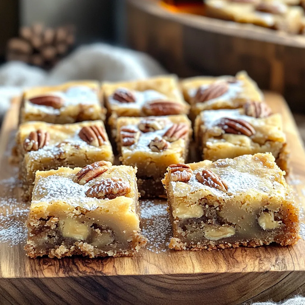 To make these blondies, you need a few key items: - 1 cup unsalted butter - 1 1/2 cups brown sugar, packed - 1/2 cup granulated sugar - 2 large eggs - 1 teaspoon vanilla extract - 2 cups all-purpose flour - 1 teaspoon baking powder - 1/2 teaspoon baking soda - 1/2 teaspoon salt - 1/2 cup maple syrup - 1 cup pecans, roughly chopped These ingredients work together to create a soft, chewy blondie with a rich flavor. The brown butter adds depth, while the maple syrup gives a sweet touch. The pecans add texture and crunch. You can make your blondies even better with some fun extras: - Powdered sugar for dusting - Extra chopped pecans for a crunchy top - A drizzle of maple syrup for added sweetness - Chocolate chips for a sweet twist Feel free to mix in any of these options. They can change the flavor and look of your blondies. To make this recipe, you’ll need a few tools: - Medium saucepan for browning the butter - Large mixing bowl for combining ingredients - Whisk for mixing wet and dry items - 9x13 inch baking pan for baking - Parchment paper for easy removal - Wire rack for cooling Having these tools ready makes your baking process smooth and fun. Enjoy making your delicious blondies! Start by melting 1 cup of unsalted butter in a medium saucepan. Use medium heat for this step. Stir the butter frequently to prevent it from burning. After about 5 to 7 minutes, the butter will turn golden brown. You will smell a nutty aroma. This is the magic of brown butter! Once it’s ready, remove it from the heat and let it cool slightly. In a large mixing bowl, combine 1 ½ cups of packed brown sugar and ½ cup of granulated sugar. Pour the warm brown butter over the sugars. Whisk until it is smooth and creamy. Next, add 2 large eggs one at a time. Mix well after each egg. Stir in 1 teaspoon of vanilla extract and ½ cup of maple syrup. Make sure everything is combined. In another bowl, whisk together 2 cups of all-purpose flour, 1 teaspoon of baking powder, ½ teaspoon of baking soda, and ½ teaspoon of salt. Gradually add the dry mix to the wet mix, stirring gently. Be careful not to overmix. Finally, fold in 1 cup of roughly chopped pecans, distributing them evenly. Pour the batter into your greased and lined 9x13 inch baking pan. Spread it out evenly. Bake in your preheated oven at 350°F (175°C) for 25 to 30 minutes. The edges should turn golden brown. To check if they are done, insert a toothpick into the center. It should come out clean but slightly sticky. Once baked, take them out and let them cool in the pan for about 15 minutes. Use the parchment paper to lift them out. Place them on a wire rack to cool completely. After cooling, cut into squares and enjoy! To get the best brown butter, melt your unsalted butter in a medium pan over medium heat. Stir it often. This helps it cook evenly. Watch it closely. After a few minutes, the butter will start to foam. Then, it will turn a golden brown. When you smell a nutty aroma, it is ready. Take it off the heat right away. Let it cool slightly before adding it to your mix. Baking blondies is fun, but small mistakes can happen. One common mistake is overmixing the batter. Mix just until the flour disappears. This keeps your blondies soft and chewy. Another mistake is not checking the oven temperature. Always preheat your oven correctly. Use an oven thermometer if needed. Lastly, don’t skip the cooling time. Let them cool before cutting. This helps with clean cuts and better texture. Add extra flavors for a special touch. A pinch of cinnamon or nutmeg can deepen the taste. You can also mix in chocolate chips for a sweet twist. If you like a touch of salt, sprinkle some sea salt on top before baking. This creates a nice contrast. For a richer flavor, consider using dark brown sugar instead of light brown sugar. Each option adds its unique charm to your blondies. {{image_2}} You can make gluten-free blondies easily. Just swap regular flour with a gluten-free blend. Look for a blend that has a good mix of starch and protein. This change keeps the texture light and chewy. The brown butter adds a rich flavor that shines through. To make vegan blondies, replace the eggs with flax eggs. Mix one tablespoon of ground flaxseed with three tablespoons of water. Let it sit for a few minutes until it thickens. Use coconut oil instead of butter. A good maple syrup adds sweetness and moisture. These swaps keep the blondies soft and tasty. You can jazz up your blondies in fun ways. Add chocolate chips for a sweet twist. Dark or milk chocolate works well. If you want a stronger maple taste, use maple extract. Just a small amount can enhance the maple flavor. Mix and match these options to create your perfect blondie! To keep your blondies fresh, store them in an airtight container. This will stop air from drying them out. Line the container with parchment paper for extra protection. Place a layer of blondies in the container, then another layer of parchment, and repeat. This keeps them from sticking together. You can freeze blondies for longer storage. First, cut them into squares. Wrap each square in plastic wrap. Then, place them in a freezer-safe bag. When you want to eat them, simply thaw them in the fridge overnight. If you're in a hurry, you can microwave them for a few seconds. This brings back their soft texture. These blondies last about a week at room temperature. If you store them in the fridge, they can last up to two weeks. Check for any signs of spoilage, like mold or an off smell. To enjoy them at their best, eat them within the first few days after baking. Yes, you can use different nuts. Walnuts, almonds, or even hazelnuts work well. Just chop them roughly. This change adds new flavors and textures. Feel free to mix and match. Blondies are done when the edges are golden. Insert a toothpick in the center. It should come out clean but slightly sticky. If it comes out wet, bake a few more minutes. Keep an eye on them to avoid overbaking. You can use white sugar mixed with molasses. For every cup of brown sugar, mix 1 cup of white sugar with 1 tablespoon of molasses. This gives a similar flavor. You can also use coconut sugar for a healthier option. In this blog post, we explored how to make delicious brown butter maple pecan blondies. We discussed essential ingredients, optional toppings, and tools needed. I provided step-by-step instructions for preparing, mixing, and baking your blondies. You learned tips to perfect browning butter and avoid mistakes. We also covered gluten-free and vegan variations, along with storage tips for freshness. Now, go ahead and bake your blondies! Enjoy the rich flavors and share them with others. Happy baking!
