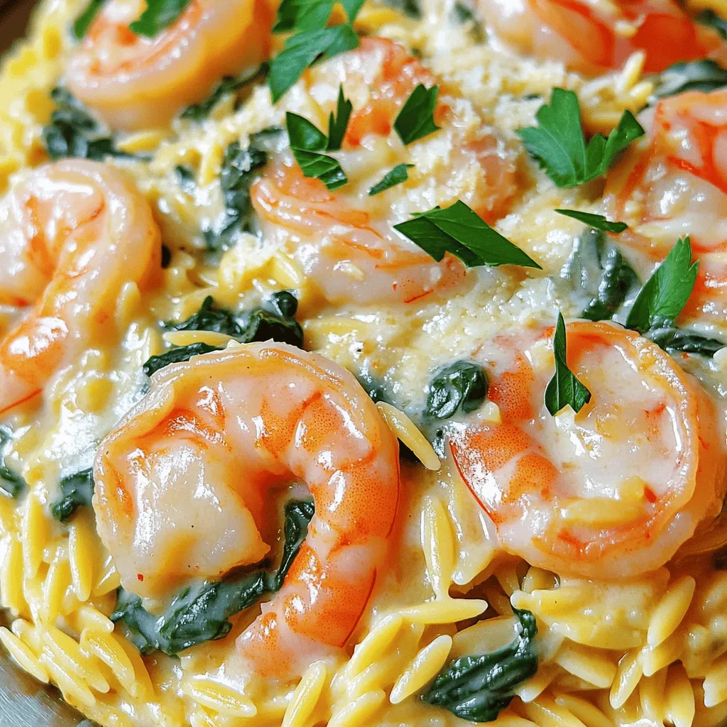 To make this dish, you need simple yet tasty ingredients. Here’s what you will need: - 1 cup orzo pasta - 2 tablespoons unsalted butter - 3 cloves garlic, minced - 1 pound shrimp, peeled and deveined - 1 cup chicken or vegetable broth - 1 cup heavy cream - 1/2 cup grated Parmesan cheese - 1 cup spinach, chopped - Salt and pepper to taste - Fresh parsley, chopped for garnish These ingredients work together to create a rich and creamy meal that delights the senses. To cook this dish well, you need some basic kitchen tools: - Large pot for boiling orzo - Large skillet for cooking shrimp and sauce - Cutting board and knife for chopping - Measuring cups and spoons for accuracy - Wooden spoon or spatula for stirring Having these tools ready makes the cooking process smoother and more enjoyable. You might not have all the ingredients on hand. Here are some easy swaps: - For orzo, you can use any pasta shape you like, such as penne or farfalle. - If you don’t have shrimp, consider using chicken or tofu for a different flavor. - You can replace heavy cream with half and half or a plant-based cream for a lighter option. - If you prefer, skip the spinach or add other greens like kale. These substitutions let you customize the dish while keeping it delicious. Start by boiling salted water in a large pot. Add 1 cup of orzo pasta. Cook it according to the package directions, usually 8-10 minutes. You want it al dente, which means it should be firm to the bite. After cooking, drain the orzo and set it aside. In a large skillet, melt 2 tablespoons of unsalted butter over medium heat. Add 3 minced garlic cloves. Sauté for 1-2 minutes until the garlic smells good but does not brown. Next, add 1 pound of peeled and deveined shrimp. Season it with salt and pepper. Cook the shrimp for 2-3 minutes on each side. Look for the shrimp to turn pink and opaque. When done, remove the shrimp from the skillet and set it aside. In the same skillet, pour in 1 cup of chicken or vegetable broth. Bring it to a gentle simmer. Stir in 1 cup of heavy cream, mixing well. Gradually add in 1/2 cup of grated Parmesan cheese. Keep stirring until the cheese melts and the sauce thickens slightly. Add the cooked shrimp back into the skillet along with 1 cup of chopped spinach. Stir well and let the spinach wilt in the sauce for about 2 minutes. Finally, add the cooked orzo to the skillet. Toss everything together gently. Taste and adjust the seasoning with more salt and pepper if needed. Serve hot, garnished with fresh chopped parsley. To cook shrimp well, start with fresh or thawed shrimp. Peel and devein them first. Heat your skillet over medium heat and add butter. Once melted, add minced garlic. Cook for one to two minutes. When the garlic smells great, add the shrimp. Cook for two to three minutes on each side. The shrimp should turn pink and opaque. This quick cooking keeps them tender. Overcooking makes shrimp rubbery, so watch the time closely. Seasoning shrimp is key to great flavor. Use salt and pepper to taste, but don't stop there. Add a pinch of red pepper flakes for heat. If you like lemon, squeeze some juice on the shrimp before serving. Fresh herbs, like parsley, add brightness too. Try adding a dash of smoked paprika for depth. Mix and match spices to find what you love. The sauce should be creamy but not too thick. Start by adding chicken or vegetable broth to the skillet. Bring it to a simmer before adding heavy cream. Stir well to blend. Gradually add grated Parmesan cheese and mix until melted. If the sauce is too thick, add more broth. If too thin, let it simmer longer. This way, you get the perfect creamy texture that clings to your orzo. {{image_2}} You can add veggies to boost nutrition. Great choices include spinach, bell peppers, or peas. Adding one cup of chopped spinach gives color and taste. Simply stir the spinach into the sauce until it wilts. You can also sauté bell peppers for a crunchy texture. They add sweetness and make the dish more colorful. If you want to change up the protein, try chicken or scallops. For chicken, use about one pound of diced breast. Cook it in the same way as the shrimp. If you prefer scallops, cook them for 2-3 minutes on each side until they are golden. Both options work well with the creamy sauce and add nice flavors. You can enjoy this dish without shrimp too! Just skip the shrimp and use more veggies or mushrooms. Mushrooms add a rich, earthy taste. You can also add extra Parmesan cheese to keep it creamy. Follow the same steps for cooking the orzo and making the sauce. This way, you have a tasty meal for everyone! After enjoying your Creamy Garlic Butter Shrimp Orzo, store leftovers in an airtight container. Make sure to cool the dish to room temperature first. This helps keep the flavors fresh and prevents bacterial growth. Place the container in the fridge. It can last up to three days, but it will taste best within the first two days. To reheat, use a skillet for the best results. Add a splash of broth or water to the pan. This helps keep the dish moist. Heat over medium-low, stirring gently until warm. You can also microwave it for a quick fix. Use a microwave-safe bowl, cover it, and heat in short bursts, stirring in between. If you want to save this dish for later, freezing is a great option. Divide the orzo into portions and place them in freezer bags. Remove as much air as possible before sealing. The orzo will stay fresh for about two months in the freezer. To thaw, place it in the fridge overnight before reheating. This keeps the shrimp tender and the sauce creamy. Yes, you can use other pasta types. Options like ditalini or small shells work well. Just watch the cooking time. Every pasta has a different cook time. You want it to be al dente, not mushy. If you need a substitute, try using whole milk with a bit of flour. You can also mix half-and-half with Greek yogurt. Both options can give you a creamy texture. Just remember that the flavor might change slightly. Creamy Garlic Butter Shrimp Orzo keeps well for about 3 days in the fridge. Store it in an airtight container to keep it fresh. When you're ready to eat, just reheat it on the stove or in the microwave. In this blog post, we explored how to make tasty Creamy Garlic Butter Shrimp Orzo. We covered key ingredients and kitchen tools, along with helpful substitutions. You learned step-by-step instructions for cooking the dish and tips for perfect shrimp. We also discussed variations to suit your taste. Lastly, we shared storage tips for your leftovers. Enjoy making this dish and remember, you can easily adjust it to fit your needs. Happy cooking!