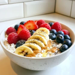 - 1 cup low-fat cottage cheese - 1/2 cup rolled oats - 1/4 cup Greek yogurt - 1 banana, sliced - 2 tablespoons natural almond butter - 1 tablespoon chia seeds - 1 tablespoon honey or maple syrup (optional) - 1/4 teaspoon cinnamon - 1/4 cup mixed berries (strawberries, blueberries, raspberries) - A pinch of salt - Cottage cheese is high in protein. It helps build muscle and keeps you full. - Rolled oats provide fiber. They support digestion and keep energy steady. - Greek yogurt boosts protein and adds probiotics for gut health. - Bananas offer potassium. They help with heart health and muscle function. - Almond butter gives healthy fats and extra protein for energy. - Chia seeds are rich in omega-3s. They support brain health and reduce inflammation. - Honey or maple syrup adds sweetness. These natural sweeteners can be good for energy. - Cinnamon has antioxidants. It may help lower blood sugar levels. - Mixed berries are full of vitamins. They help boost your immune system and add flavor. - Salt enhances taste. It balances flavors in this breakfast bowl. - Pick low-fat cottage cheese with no added sugar. Look for a smooth texture. - Choose rolled oats that are whole grain. They should be unprocessed for the best nutrition. - Select Greek yogurt that is plain and high in protein. Avoid added sugars. - Buy bananas that are ripe for natural sweetness. Look for firm, bright yellow skin. - Select natural almond butter with no additives. It should only have almonds listed as an ingredient. - Choose chia seeds that are organic if possible. Check for freshness before buying. - For honey or maple syrup, pick pure versions. Avoid ones with added sugars or fillers. - Look for fresh, seasonal berries. They should be bright in color and firm. - Use fresh ground cinnamon for the best flavor. Check the expiration date on the jar. - Use sea salt or Himalayan salt for better taste and minerals. Making your high protein cottage cheese breakfast bowl is simple and quick. You need just a few steps to create a tasty morning meal. Gather your ingredients first. This way, you can move fast and enjoy your bowl sooner. 1. In a medium bowl, add 1 cup of low-fat cottage cheese and 1/4 cup of Greek yogurt. Mix these until smooth. 2. Next, stir in 1/2 cup of rolled oats, 1 tablespoon of chia seeds, and 1/4 teaspoon of cinnamon. Don’t forget a pinch of salt. Mix well to combine everything. 3. If you want a sweeter bowl, drizzle 1 tablespoon of honey or maple syrup into the mix. Stir it in until it’s well mixed. 4. Let your mixture sit for about 5 minutes. This helps the oats soften and soak up some moisture. 5. In a serving bowl, spoon your cottage cheese mixture as the base. 6. Now, top it with sliced banana and 1/4 cup of mixed berries. They add freshness and sweetness. 7. Drizzle 2 tablespoons of natural almond butter over the top. This adds protein and creaminess. 8. Finally, garnish with a sprinkle of chia seeds and some extra berries for a pretty finish. To make your breakfast bowl look even better, use a clear or colored bowl. Layer the ingredients for a nice look. Place the banana and berries on top in a way that shows off their colors. This makes your meal not only tasty but also eye-catching. Enjoy your delicious and healthy breakfast! You can make your breakfast bowl unique. Add your favorite fruits like peaches or mangoes. If you like crunch, sprinkle some nuts or seeds on top. Want a fun flavor? Try adding a spoon of cocoa powder or vanilla extract. You can also swap honey for agave if you prefer. Mix and match until it feels just right for you. To boost protein, use high-protein cottage cheese. Add an extra scoop of Greek yogurt. You can also mix in protein powder. Almond butter is a great choice too. If you want even more, try adding nuts or seeds. This way, your breakfast will be packed with protein, keeping you full longer. One mistake is not letting the oats sit long enough. This can make your bowl too dry. Mixing the ingredients too quickly can also lead to clumps. Make sure to blend well for a smooth texture. Lastly, don’t skip the salt; it brings out the flavors. Pay attention to these tips to enjoy a tasty breakfast bowl. {{image_2}} You can mix up the flavors in your breakfast bowl. Here are some tasty ideas: - Add a scoop of protein powder for extra protein. - Swap the banana for apple slices or peaches. - Use peanut butter instead of almond butter for a different taste. - Try using flavored Greek yogurt, like vanilla or honey, for more sweetness. - Sprinkle some nuts or seeds on top for crunch. Using seasonal ingredients can make your breakfast bowl fresh and exciting. Consider these options: - In spring, use fresh strawberries or raspberries. - Summer is perfect for adding peaches or blueberries. - In fall, sliced apples or pumpkin puree can add warmth. - Winter calls for pomegranate seeds or citrus fruits. If you prefer a vegan or dairy-free option, here’s how to adapt the recipe: - Replace cottage cheese with almond or coconut yogurt. - Use rolled oats and almond milk for creaminess. - Choose nut butter or seed butter for added richness. - Skip the honey and use agave syrup or maple syrup instead. - Ensure your chia seeds come from a vegan source. These variations keep your breakfast bowl interesting, healthy, and fun! To store leftovers, place your cottage cheese bowl in an airtight container. Make sure to seal it well to avoid air exposure. This keeps your breakfast fresh and tasty. Store it in the fridge for up to three days. If you notice any changes in smell or texture, it is best to throw it away. For meal prep, you can make the cottage cheese mixture ahead of time. Combine the cottage cheese, Greek yogurt, oats, chia seeds, and spices in a container. Keep it covered in the fridge. You can prepare the toppings, like fruits and nut butter, separately. This way, you can grab and go in the morning. Just add the toppings right before eating for the best taste. To reheat your cottage cheese bowl, use the microwave. Place the bowl in the microwave and heat for 30 seconds. Stir and check the temperature. If it is not warm enough, heat for another 15 seconds. Avoid overheating, as it can change the texture. You can enjoy it warm or cold, depending on your preference. To boost the protein in your cottage cheese bowl, add more protein-rich foods. Consider these options: - Mix in an extra 1/4 cup of cottage cheese. - Add a scoop of protein powder. - Top with hemp seeds or nuts. - Include scrambled eggs or egg whites. These choices add flavor and make your meal more filling. Yes, you can prepare this bowl ahead of time. Make the base with cottage cheese, Greek yogurt, and oats. Store it in the fridge for up to two days. Add fresh toppings like fruit and almond butter just before eating. This keeps everything fresh and tasty. This breakfast bowl is quite flexible. It fits many diets. - Gluten-free: Use gluten-free oats. - Keto: Replace oats with nuts or seeds. - Vegetarian: All ingredients are plant-based. Make sure to check labels for hidden gluten or sugars. In this article, we explored ingredients, cooking steps, and tips for your breakfast bowl. Each ingredient offers unique health benefits, enhancing your meal. I shared ways to customize your dish to fit your taste and diet. Remember to store leftovers safely for the best flavor later. Use these insights to create a delicious and nutritious breakfast bowl that suits your needs. Enjoy experimenting and make this recipe your own!