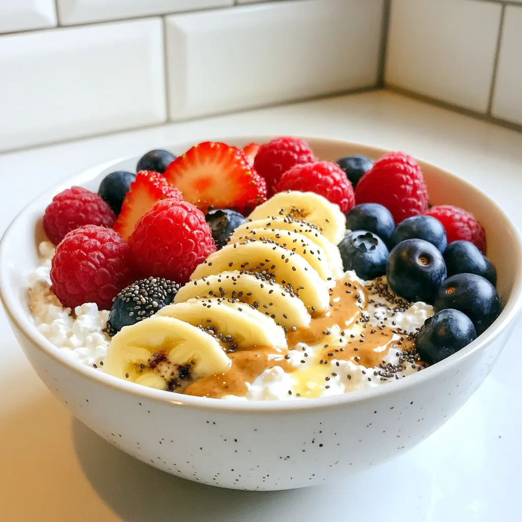 - 1 cup low-fat cottage cheese - 1/2 cup rolled oats - 1/4 cup Greek yogurt - 1 banana, sliced - 2 tablespoons natural almond butter - 1 tablespoon chia seeds - 1 tablespoon honey or maple syrup (optional) - 1/4 teaspoon cinnamon - 1/4 cup mixed berries (strawberries, blueberries, raspberries) - A pinch of salt - Cottage cheese is high in protein. It helps build muscle and keeps you full. - Rolled oats provide fiber. They support digestion and keep energy steady. - Greek yogurt boosts protein and adds probiotics for gut health. - Bananas offer potassium. They help with heart health and muscle function. - Almond butter gives healthy fats and extra protein for energy. - Chia seeds are rich in omega-3s. They support brain health and reduce inflammation. - Honey or maple syrup adds sweetness. These natural sweeteners can be good for energy. - Cinnamon has antioxidants. It may help lower blood sugar levels. - Mixed berries are full of vitamins. They help boost your immune system and add flavor. - Salt enhances taste. It balances flavors in this breakfast bowl. - Pick low-fat cottage cheese with no added sugar. Look for a smooth texture. - Choose rolled oats that are whole grain. They should be unprocessed for the best nutrition. - Select Greek yogurt that is plain and high in protein. Avoid added sugars. - Buy bananas that are ripe for natural sweetness. Look for firm, bright yellow skin. - Select natural almond butter with no additives. It should only have almonds listed as an ingredient. - Choose chia seeds that are organic if possible. Check for freshness before buying. - For honey or maple syrup, pick pure versions. Avoid ones with added sugars or fillers. - Look for fresh, seasonal berries. They should be bright in color and firm. - Use fresh ground cinnamon for the best flavor. Check the expiration date on the jar. - Use sea salt or Himalayan salt for better taste and minerals. Making your high protein cottage cheese breakfast bowl is simple and quick. You need just a few steps to create a tasty morning meal. Gather your ingredients first. This way, you can move fast and enjoy your bowl sooner. 1. In a medium bowl, add 1 cup of low-fat cottage cheese and 1/4 cup of Greek yogurt. Mix these until smooth. 2. Next, stir in 1/2 cup of rolled oats, 1 tablespoon of chia seeds, and 1/4 teaspoon of cinnamon. Don’t forget a pinch of salt. Mix well to combine everything. 3. If you want a sweeter bowl, drizzle 1 tablespoon of honey or maple syrup into the mix. Stir it in until it’s well mixed. 4. Let your mixture sit for about 5 minutes. This helps the oats soften and soak up some moisture. 5. In a serving bowl, spoon your cottage cheese mixture as the base. 6. Now, top it with sliced banana and 1/4 cup of mixed berries. They add freshness and sweetness. 7. Drizzle 2 tablespoons of natural almond butter over the top. This adds protein and creaminess. 8. Finally, garnish with a sprinkle of chia seeds and some extra berries for a pretty finish. To make your breakfast bowl look even better, use a clear or colored bowl. Layer the ingredients for a nice look. Place the banana and berries on top in a way that shows off their colors. This makes your meal not only tasty but also eye-catching. Enjoy your delicious and healthy breakfast! You can make your breakfast bowl unique. Add your favorite fruits like peaches or mangoes. If you like crunch, sprinkle some nuts or seeds on top. Want a fun flavor? Try adding a spoon of cocoa powder or vanilla extract. You can also swap honey for agave if you prefer. Mix and match until it feels just right for you. To boost protein, use high-protein cottage cheese. Add an extra scoop of Greek yogurt. You can also mix in protein powder. Almond butter is a great choice too. If you want even more, try adding nuts or seeds. This way, your breakfast will be packed with protein, keeping you full longer. One mistake is not letting the oats sit long enough. This can make your bowl too dry. Mixing the ingredients too quickly can also lead to clumps. Make sure to blend well for a smooth texture. Lastly, don’t skip the salt; it brings out the flavors. Pay attention to these tips to enjoy a tasty breakfast bowl. {{image_2}} You can mix up the flavors in your breakfast bowl. Here are some tasty ideas: - Add a scoop of protein powder for extra protein. - Swap the banana for apple slices or peaches. - Use peanut butter instead of almond butter for a different taste. - Try using flavored Greek yogurt, like vanilla or honey, for more sweetness. - Sprinkle some nuts or seeds on top for crunch. Using seasonal ingredients can make your breakfast bowl fresh and exciting. Consider these options: - In spring, use fresh strawberries or raspberries. - Summer is perfect for adding peaches or blueberries. - In fall, sliced apples or pumpkin puree can add warmth. - Winter calls for pomegranate seeds or citrus fruits. If you prefer a vegan or dairy-free option, here’s how to adapt the recipe: - Replace cottage cheese with almond or coconut yogurt. - Use rolled oats and almond milk for creaminess. - Choose nut butter or seed butter for added richness. - Skip the honey and use agave syrup or maple syrup instead. - Ensure your chia seeds come from a vegan source. These variations keep your breakfast bowl interesting, healthy, and fun! To store leftovers, place your cottage cheese bowl in an airtight container. Make sure to seal it well to avoid air exposure. This keeps your breakfast fresh and tasty. Store it in the fridge for up to three days. If you notice any changes in smell or texture, it is best to throw it away. For meal prep, you can make the cottage cheese mixture ahead of time. Combine the cottage cheese, Greek yogurt, oats, chia seeds, and spices in a container. Keep it covered in the fridge. You can prepare the toppings, like fruits and nut butter, separately. This way, you can grab and go in the morning. Just add the toppings right before eating for the best taste. To reheat your cottage cheese bowl, use the microwave. Place the bowl in the microwave and heat for 30 seconds. Stir and check the temperature. If it is not warm enough, heat for another 15 seconds. Avoid overheating, as it can change the texture. You can enjoy it warm or cold, depending on your preference. To boost the protein in your cottage cheese bowl, add more protein-rich foods. Consider these options: - Mix in an extra 1/4 cup of cottage cheese. - Add a scoop of protein powder. - Top with hemp seeds or nuts. - Include scrambled eggs or egg whites. These choices add flavor and make your meal more filling. Yes, you can prepare this bowl ahead of time. Make the base with cottage cheese, Greek yogurt, and oats. Store it in the fridge for up to two days. Add fresh toppings like fruit and almond butter just before eating. This keeps everything fresh and tasty. This breakfast bowl is quite flexible. It fits many diets. - Gluten-free: Use gluten-free oats. - Keto: Replace oats with nuts or seeds. - Vegetarian: All ingredients are plant-based. Make sure to check labels for hidden gluten or sugars. In this article, we explored ingredients, cooking steps, and tips for your breakfast bowl. Each ingredient offers unique health benefits, enhancing your meal. I shared ways to customize your dish to fit your taste and diet. Remember to store leftovers safely for the best flavor later. Use these insights to create a delicious and nutritious breakfast bowl that suits your needs. Enjoy experimenting and make this recipe your own!