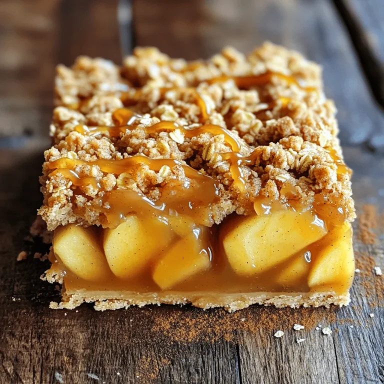 To make the best caramel apple pie bars, you need some key ingredients: - 2 cups all-purpose flour - 1 cup old-fashioned oats - 1 cup brown sugar, packed - 1 tsp baking powder - 1/2 tsp salt - 1/2 cup unsalted butter, melted - 1 large egg - 3-4 medium apples, peeled, cored, and diced - 1 tsp cinnamon - 1 tsp vanilla extract - 1/2 cup caramel sauce - 1 tbsp lemon juice Using these ingredients gives you a great flavor and texture. The oats add crunch to the topping. The brown sugar adds a rich sweetness. Choosing the right apples is key. I recommend using Granny Smith or Honeycrisp apples. - Granny Smith: They are tart and firm. They hold up well during baking. - Honeycrisp: They are sweet and juicy. They add a nice contrast to the tartness. Mixing these apples will give a balanced flavor. You can also add a few extras to make your bars even better: - Walnuts or Pecans: Chopped nuts add great crunch and flavor. - Raisins or Dried Cranberries: These add sweetness and a chewy texture. - Nutmeg: A pinch can enhance the spice flavor. Feel free to experiment with these add-ins. They can make your caramel apple pie bars unique! Start by preheating your oven to 350°F (175°C). This heat is just right for our bars. Next, grab an 8x8 inch baking pan. Line it with parchment paper. Leave some paper hanging over the edges. This helps you lift the bars out later. In a large bowl, mix 2 cups of flour, 1 cup of old-fashioned oats, 1 cup of brown sugar, 1 teaspoon of baking powder, and 1/2 teaspoon of salt. Stir until everything is well combined. Now, add in 1/2 cup of melted butter and 1 large egg. Mix until it turns crumbly. Set aside 1 cup of this mix for the topping. Next, take the remaining oat mixture and press it evenly into the bottom of the lined pan. This makes a solid crust that will hold everything together. Now, let’s prepare the apples. In another bowl, combine 3-4 peeled, cored, and diced apples with 1 teaspoon of cinnamon, 1 teaspoon of vanilla extract, and 1 tablespoon of lemon juice. Toss this mix well so the apples are coated evenly. Spread the apple mix over the crust in the baking pan. Drizzle half of the 1/2 cup caramel sauce over the apples. This adds a sweet touch. Next, sprinkle the reserved oat mixture over the apples. Make sure to cover them well. Drizzle the rest of the caramel sauce on top of the crumble. This will give it a nice, gooey topping. Place the pan in your preheated oven. Bake for 30-35 minutes. Look for a golden brown crumble and tender apples. Once done, let the pan cool completely on a wire rack. Use the parchment paper to lift the bars out. Cut them into squares or rectangles. Enjoy the deliciousness! To get a great crust, you need to blend your dry ingredients well. Mix the flour, oats, brown sugar, baking powder, and salt. This step makes sure every bite has flavor. After mixing, add melted butter and the egg. Stir until the mix is crumbly. Press this mixture firmly into your pan. This helps create a strong base for the bars. Make sure the layer is even. A well-formed crust holds the filling and topping better. These bars shine when served warm. You can add a scoop of vanilla ice cream on top. The cold ice cream pairs well with warm caramel apple pie bars. Drizzling extra caramel sauce adds even more sweetness. You can also serve these with a cup of coffee or tea. The warm flavors of the pie go well with your drink. For a fun twist, try adding a sprinkle of chopped nuts for crunch. To know when your bars are ready, look for a golden brown crumble on top. The apples should feel soft but not mushy. You can test this by poking a fork into the bars. If it goes in easily, they’re done. The edges may also pull away from the pan slightly. Once baked, let the bars cool completely. This helps them set. If you cut them too soon, they might fall apart. {{image_2}} To make these caramel apple pie bars gluten-free, swap the all-purpose flour. Use a gluten-free flour blend instead. Many blends work well without changing the taste. Make sure to check the blend’s baking powder, as some contain gluten. This small change keeps your bars tasty and safe for gluten-sensitive friends. Nuts or dried fruits can bring new flavors to your bars. Try adding chopped walnuts or pecans to the oat crumble. They add crunch and flavor. You can also mix in dried cranberries or raisins with the apple mixture. This change adds sweetness and a chewy texture. Feel free to experiment and find your favorite combo! You can adapt this recipe to match the seasons. In fall, add a pinch of nutmeg or ginger for a warm spice touch. In spring, consider mixing in some fresh berries with the apples. They add color and a tart taste that contrasts nicely. Each season brings new fruits and spices. This keeps your caramel apple pie bars exciting all year round! To keep your caramel apple pie bars fresh, store them in an airtight container. This helps maintain their texture and flavor. Place a piece of parchment paper between layers to prevent sticking. If you want to keep them longer, refrigerate them. These bars can last up to five days in the fridge. For long-term storage, freezing is a great option. First, let the bars cool completely. Then, cut them into squares. Wrap each piece tightly in plastic wrap. Place the wrapped bars in a freezer bag or airtight container. They can last for up to three months in the freezer. When you’re ready to enjoy, just thaw them in the fridge overnight. To reheat your bars, preheat your oven to 350°F (175°C). Place the bars on a baking sheet lined with parchment paper. Heat them for about 10-15 minutes until warm. This method helps restore their fresh-baked taste. You can also microwave a single bar for about 15-20 seconds. If you like, drizzle on extra caramel sauce before serving. Enjoy! Yes, you can! Feel free to use any caramel sauce you like. Store-bought works well if you’re short on time. You can also make homemade caramel for a richer taste. Just ensure it is thick enough to drizzle on the bars. These bars can last for about 3 to 5 days at room temperature. Keep them in an airtight container to keep them fresh. If you put them in the fridge, they will last about a week. Absolutely! You can prepare the bars a day ahead. Just bake them, let them cool, and store them covered. This makes them easy to serve when you need them. You can also freeze them for up to three months. Just thaw before enjoying! Caramel Apple Pie Bars combine rich flavors and simple steps. We explored key ingredients, the right apples, and fun add-ins. Making the crust and assembling the bars is easy with my step-by-step guide. You learned tips for a perfect crust and how to tell when they're done. Plus, you saw variations and storage tips to enjoy them later. Now, you can bake these delicious treats confidently! Enjoy every bite you make.