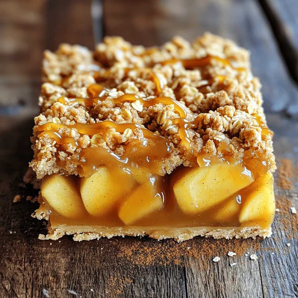 To make the best caramel apple pie bars, you need some key ingredients: - 2 cups all-purpose flour - 1 cup old-fashioned oats - 1 cup brown sugar, packed - 1 tsp baking powder - 1/2 tsp salt - 1/2 cup unsalted butter, melted - 1 large egg - 3-4 medium apples, peeled, cored, and diced - 1 tsp cinnamon - 1 tsp vanilla extract - 1/2 cup caramel sauce - 1 tbsp lemon juice Using these ingredients gives you a great flavor and texture. The oats add crunch to the topping. The brown sugar adds a rich sweetness. Choosing the right apples is key. I recommend using Granny Smith or Honeycrisp apples. - Granny Smith: They are tart and firm. They hold up well during baking. - Honeycrisp: They are sweet and juicy. They add a nice contrast to the tartness. Mixing these apples will give a balanced flavor. You can also add a few extras to make your bars even better: - Walnuts or Pecans: Chopped nuts add great crunch and flavor. - Raisins or Dried Cranberries: These add sweetness and a chewy texture. - Nutmeg: A pinch can enhance the spice flavor. Feel free to experiment with these add-ins. They can make your caramel apple pie bars unique! Start by preheating your oven to 350°F (175°C). This heat is just right for our bars. Next, grab an 8x8 inch baking pan. Line it with parchment paper. Leave some paper hanging over the edges. This helps you lift the bars out later. In a large bowl, mix 2 cups of flour, 1 cup of old-fashioned oats, 1 cup of brown sugar, 1 teaspoon of baking powder, and 1/2 teaspoon of salt. Stir until everything is well combined. Now, add in 1/2 cup of melted butter and 1 large egg. Mix until it turns crumbly. Set aside 1 cup of this mix for the topping. Next, take the remaining oat mixture and press it evenly into the bottom of the lined pan. This makes a solid crust that will hold everything together. Now, let’s prepare the apples. In another bowl, combine 3-4 peeled, cored, and diced apples with 1 teaspoon of cinnamon, 1 teaspoon of vanilla extract, and 1 tablespoon of lemon juice. Toss this mix well so the apples are coated evenly. Spread the apple mix over the crust in the baking pan. Drizzle half of the 1/2 cup caramel sauce over the apples. This adds a sweet touch. Next, sprinkle the reserved oat mixture over the apples. Make sure to cover them well. Drizzle the rest of the caramel sauce on top of the crumble. This will give it a nice, gooey topping. Place the pan in your preheated oven. Bake for 30-35 minutes. Look for a golden brown crumble and tender apples. Once done, let the pan cool completely on a wire rack. Use the parchment paper to lift the bars out. Cut them into squares or rectangles. Enjoy the deliciousness! To get a great crust, you need to blend your dry ingredients well. Mix the flour, oats, brown sugar, baking powder, and salt. This step makes sure every bite has flavor. After mixing, add melted butter and the egg. Stir until the mix is crumbly. Press this mixture firmly into your pan. This helps create a strong base for the bars. Make sure the layer is even. A well-formed crust holds the filling and topping better. These bars shine when served warm. You can add a scoop of vanilla ice cream on top. The cold ice cream pairs well with warm caramel apple pie bars. Drizzling extra caramel sauce adds even more sweetness. You can also serve these with a cup of coffee or tea. The warm flavors of the pie go well with your drink. For a fun twist, try adding a sprinkle of chopped nuts for crunch. To know when your bars are ready, look for a golden brown crumble on top. The apples should feel soft but not mushy. You can test this by poking a fork into the bars. If it goes in easily, they’re done. The edges may also pull away from the pan slightly. Once baked, let the bars cool completely. This helps them set. If you cut them too soon, they might fall apart. {{image_2}} To make these caramel apple pie bars gluten-free, swap the all-purpose flour. Use a gluten-free flour blend instead. Many blends work well without changing the taste. Make sure to check the blend’s baking powder, as some contain gluten. This small change keeps your bars tasty and safe for gluten-sensitive friends. Nuts or dried fruits can bring new flavors to your bars. Try adding chopped walnuts or pecans to the oat crumble. They add crunch and flavor. You can also mix in dried cranberries or raisins with the apple mixture. This change adds sweetness and a chewy texture. Feel free to experiment and find your favorite combo! You can adapt this recipe to match the seasons. In fall, add a pinch of nutmeg or ginger for a warm spice touch. In spring, consider mixing in some fresh berries with the apples. They add color and a tart taste that contrasts nicely. Each season brings new fruits and spices. This keeps your caramel apple pie bars exciting all year round! To keep your caramel apple pie bars fresh, store them in an airtight container. This helps maintain their texture and flavor. Place a piece of parchment paper between layers to prevent sticking. If you want to keep them longer, refrigerate them. These bars can last up to five days in the fridge. For long-term storage, freezing is a great option. First, let the bars cool completely. Then, cut them into squares. Wrap each piece tightly in plastic wrap. Place the wrapped bars in a freezer bag or airtight container. They can last for up to three months in the freezer. When you’re ready to enjoy, just thaw them in the fridge overnight. To reheat your bars, preheat your oven to 350°F (175°C). Place the bars on a baking sheet lined with parchment paper. Heat them for about 10-15 minutes until warm. This method helps restore their fresh-baked taste. You can also microwave a single bar for about 15-20 seconds. If you like, drizzle on extra caramel sauce before serving. Enjoy! Yes, you can! Feel free to use any caramel sauce you like. Store-bought works well if you’re short on time. You can also make homemade caramel for a richer taste. Just ensure it is thick enough to drizzle on the bars. These bars can last for about 3 to 5 days at room temperature. Keep them in an airtight container to keep them fresh. If you put them in the fridge, they will last about a week. Absolutely! You can prepare the bars a day ahead. Just bake them, let them cool, and store them covered. This makes them easy to serve when you need them. You can also freeze them for up to three months. Just thaw before enjoying! Caramel Apple Pie Bars combine rich flavors and simple steps. We explored key ingredients, the right apples, and fun add-ins. Making the crust and assembling the bars is easy with my step-by-step guide. You learned tips for a perfect crust and how to tell when they're done. Plus, you saw variations and storage tips to enjoy them later. Now, you can bake these delicious treats confidently! Enjoy every bite you make.