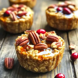 - 2 cups rolled oats - 1 cup almond milk (or any plant-based milk) - 1/4 cup pure maple syrup - 1/2 cup chopped pecans - 1/2 teaspoon cinnamon - 1/2 teaspoon vanilla extract - 1/4 teaspoon salt - 1 ripe banana, mashed - 1/4 cup dried cranberries or raisins (optional) To make Maple Pecan Baked Oatmeal Cups, start with rolled oats. They give a chewy texture. Next, add almond milk for creaminess. You can swap it for any plant-based milk you like. The star of this recipe is pure maple syrup. It brings a wonderful sweetness and flavor. Then, chop up some pecans. They add a nice crunch and nutty taste. Cinnamon gives warmth to the dish. Vanilla extract rounds out the flavors. A pinch of salt balances the sweetness. Don’t forget the ripe banana! It adds natural sweetness and binds the mixture. If you want extra flavor, add dried cranberries or raisins. They offer a fruity touch. Gather these ingredients to create a tasty breakfast treat. Each bite is filled with flavor and texture. I love how simple and fun these oatmeal cups are to make! - Preheat your oven to 375°F (190°C). - Grease a muffin tin with cooking spray or line with muffin liners. - In a large bowl, combine 2 cups of rolled oats, 1 cup of almond milk, 1/4 cup of pure maple syrup, 1 ripe banana (mashed), 1/2 teaspoon of cinnamon, 1/2 teaspoon of vanilla extract, and 1/4 teaspoon of salt. - Stir until all ingredients are well mixed and smooth. - Fold in 1/2 cup of chopped pecans and optional 1/4 cup of dried cranberries or raisins if you like. - Evenly fill each muffin tin with the mixture, about three-quarters full. - Bake in the preheated oven for 20-25 minutes. The edges should turn golden brown, and the tops should feel firm. These steps will ensure your Maple Pecan Baked Oatmeal Cups come out perfectly. Enjoy the delightful smells as they bake! - Mix all ingredients well. This helps the flavors blend together. - Use ripe bananas. They add natural sweetness and moisture. It’s key to mix the ingredients thoroughly. This ensures each bite has a great taste. If the mix is uneven, some cups may be bland. Ripe bananas work best because they are sweeter. They also help keep the oatmeal cups soft. - Serve warm with extra maple syrup and chopped pecans. Serve these oatmeal cups warm. A drizzle of maple syrup adds sweetness. Chopped pecans on top give a nice crunch. This makes for a tasty breakfast treat or snack. - Swap nuts or add chocolate chips for variation. You can change the nuts if you like. Try walnuts or almonds for a different flavor. Adding chocolate chips can make them more fun for kids. These small changes let you enjoy different tastes each time. {{image_2}} You can change the taste of your Maple Pecan Baked Oatmeal Cups. Try using different nuts like walnuts or almonds. Each nut brings its own flavor. Walnuts add a rich, earthy taste, while almonds give a nice crunch. You can also mix in spices. Nutmeg adds warmth, and pumpkin spice brings a cozy feel. Just a pinch can transform your cups into a fall treat. You can make these oatmeal cups fit your diet. For a gluten-free option, use certified gluten-free rolled oats. This keeps the texture while ensuring it’s safe for those with gluten issues. If you're vegan, ensure all your ingredients are plant-based. Swap almond milk for any plant milk. Use maple syrup, and skip any eggs. This way, everyone can enjoy these tasty cups! After enjoying your Maple Pecan Baked Oatmeal Cups, store any extras. Keep them in an airtight container in the refrigerator. This helps keep them fresh and tasty. They will last for up to five days. It is a perfect way to have a quick breakfast ready to go. When it's time to eat, you can reheat them easily. For a quick option, use the microwave. Heat for about 20-30 seconds. If you want the best texture, bake them again. Preheat your oven to 350°F (175°C) and bake for about 10 minutes. This brings back their warm, soft goodness. For long-term storage, you can freeze these oatmeal cups. First, let them cool completely. Then, wrap each cup in plastic wrap or foil. Place them in a freezer-safe bag or container. They can last up to three months in the freezer. When you want to eat one, just thaw it overnight in the fridge and reheat. You can use steel-cut oats, but the texture will change. Steel-cut oats take longer to cook and are chewier. I suggest soaking them overnight to soften them. This way, they will blend better in the oatmeal cups. If you use steel-cut oats, expect a heartier bite with each cup. Homemade oatmeal cups can last up to five days in the fridge. Store them in an airtight container to keep them fresh. This helps prevent them from drying out. If you want to keep them longer, consider freezing them. Yes, you can make these oatmeal cups ahead of time. Prepare them on a Sunday and enjoy them all week. Just bake, cool, and store them. You can reheat them in the microwave or oven for a quick breakfast. This makes meal prep easy and fun! These oatmeal cups are easy to make and packed with flavor. You blend simple ingredients like oats, almond milk, and ripe bananas. With a little baking, you get a tasty treat. Feel free to customize these cups with your favorite nuts or spices. Store any leftovers in an airtight container for later. Try these ideas for a healthy, delicious snack or breakfast. They’re versatile and full of good things. Enjoy every bite and share with friends!
