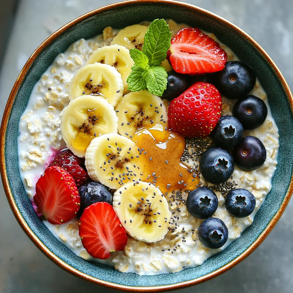 To make this tasty breakfast bowl, gather these main ingredients: - 1 cup cottage cheese (low-fat or full-fat) - 1/2 cup rolled oats - 1 banana, sliced - 1/4 cup mixed berries (blueberries, strawberries, or raspberries) - 2 tablespoons almond butter (or any nut butter) - 1 tablespoon chia seeds - 1 tablespoon honey or maple syrup (optional for sweetness) - 1/2 teaspoon cinnamon - A pinch of salt - Fresh mint leaves for garnish (optional) These ingredients help create a filling and healthy meal. Cottage cheese is high in protein, while oats add fiber. The fruits provide vitamins and natural sweetness. You can customize your breakfast bowl with these optional ingredients: - Different fruits like apples or peaches - Seeds such as flaxseeds or pumpkin seeds - Other nut butters like peanut butter or cashew butter - Yogurt for extra creaminess - Dark chocolate chips for a sweet treat Feel free to mix and match based on your taste. This can make each bowl unique and exciting! Choosing quality ingredients is key for great taste and nutrition. Here are some tips: - Cottage Cheese: Look for brands with minimal additives. Choose full-fat for creaminess or low-fat for fewer calories. - Oats: Use rolled oats for the best texture. Avoid instant oats; they can be mushy. - Fruits: Pick fresh, ripe fruits. Check for firmness and bright color. Frozen fruits work well, too! - Nut Butter: Select natural nut butters with no added sugar or oils. Check the ingredient list. - Honey or Maple Syrup: Choose pure versions for the best flavor and quality. These choices can boost the taste and health benefits of your breakfast bowl. Enjoy creating your perfect start to the day! To start, grab a medium bowl. Add 1 cup of cottage cheese and 1/2 cup of rolled oats. Mix them well. You want the oats to spread evenly. Next, add 1 tablespoon of chia seeds, 1/2 teaspoon of cinnamon, and a pinch of salt. Stir everything together. Let the mix sit for about 5 minutes. This helps the oats and chia seeds soak up some moisture. While you wait, prepare the toppings. Slice 1 banana and wash 1/4 cup of mixed berries. You can use blueberries, strawberries, or raspberries. Once the base mixture has rested, it’s time for toppings. Add the sliced banana and mixed berries on top. Don’t forget about the nut butter! Spread 2 tablespoons of almond butter over everything. If you like a bit of sweetness, drizzle 1 tablespoon of honey or maple syrup. You can mix the toppings in or leave them on top for a pretty look. For a beautiful presentation, use a bright bowl. Layer the toppings for an eye-catching finish. A sprinkle of extra chia seeds can add texture. If you want, garnish with fresh mint leaves. They give a nice pop of color and fresh taste. Enjoy your high-protein breakfast bowl! To get the best texture, use fresh cottage cheese. It should be creamy, not dry. Mix it well with oats so they blend. Let it sit for about five minutes. This waiting helps the oats and chia seeds soak up moisture. You want a nice, thick base that holds its shape. Prep can take just ten minutes. Start with gathering all your ingredients first. Lay them out to see what you have. This saves time when making your bowls. Slice the banana and wash the berries while waiting for the oat mix to rest. Doing this keeps everything fresh and ready. You can boost flavor with simple add-ins. Try a sprinkle of vanilla or a dash of nutmeg. Use different nut butters for a new taste. Consider adding seeds like pumpkin or sunflower for crunch. Fresh herbs, like mint, add a nice touch too. Experiment and find what you love! {{image_2}} You can change the fruit based on what’s fresh. In summer, use peaches or cherries. In fall, try apples or pears. Each fruit brings its own flavor. Mix and match to find your favorite. This keeps your breakfast exciting and fun. If you want a dairy-free option, use almond or coconut yogurt. For nut allergies, swap almond butter with sunflower seed butter. You can also use flaxseeds instead of chia seeds. These changes help make the recipe fit your needs. You can create a savory bowl too! Instead of fruit, add diced tomatoes and cucumbers. Top with avocado and a sprinkle of salt. You might even add a soft-boiled egg. This gives you a whole new flavor profile to enjoy. To keep your High-Protein Cottage Cheese Breakfast Bowl fresh, store leftovers in an airtight container. This helps prevent moisture loss and keeps flavors intact. You can keep it in the fridge for up to three days. When ready to eat, check for any changes in smell or texture. If it seems off, it's best to toss it. When reheating, use the microwave for quick results. Start with 30 seconds on medium heat, then stir. If it’s not warm enough, heat for another 10-15 seconds. This method helps keep the cottage cheese creamy. Avoid overheating, as this can make it watery. You can also enjoy it cold if you prefer. For easy breakfasts, prepare multiple bowls at once. Use small containers to separate servings. You can mix the base but add toppings fresh each morning. This keeps fruits like bananas from browning. Try different fruit combos to keep things exciting. Having these ready will make your mornings stress-free and healthy! No, cottage cheese is dairy-based. To make it vegan, use a plant-based yogurt. Look for options made from almonds, soy, or coconut. These alternatives provide a similar texture and flavor. You can still add the oats, fruits, and nut butter for taste and nutrition. Cottage cheese is high in protein, low in fat, and rich in calcium. A cup provides about 28 grams of protein. It helps build muscle and keeps you full. It also contains B vitamins for energy and supports healthy bones. This makes it a great choice for breakfast. To boost protein, add more cottage cheese or mix in protein powder. Greek yogurt is another option. You can also toss in some nuts or seeds, like hemp or pumpkin seeds. These choices not only add protein but also give you healthy fats and more flavor. In this article, I covered how to create high-protein cottage cheese breakfast bowls. We explored the main and optional ingredients, along with tips for choosing quality items. I provided step-by-step instructions for making the base and adding toppings. You learned how to customize flavors and achieve the best texture. We also discussed how to store leftovers and handle meal prep. Remember, these bowls are flexible and healthy. Get creative with your choices to meet your taste and dietary needs. Enjoy your delicious and nutritious breakfast bowls!