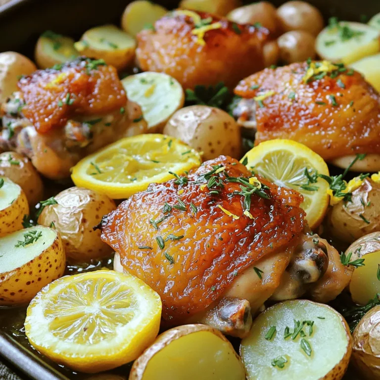 Here are the key ingredients for One-Pan Lemon Herb Chicken & Potatoes. Each one plays a vital role in creating a tasty meal. - 4 bone-in chicken thighs - 1 pound baby potatoes, halved - 2 tablespoons olive oil - 2 lemons (zest and juice) - 4 cloves garlic, minced - 1 tablespoon fresh thyme leaves (or 1 teaspoon dried thyme) - 1 tablespoon fresh rosemary leaves (or 1 teaspoon dried rosemary) - Salt and pepper to taste - 1 cup chicken broth or vegetable broth - Fresh parsley, chopped (for garnish) You need bone-in chicken thighs for juicy meat. Baby potatoes add heartiness. Olive oil helps everything roast well. Lemons bring bright flavor and zest. Garlic adds depth. Fresh thyme and rosemary give that herbaceous taste. Season with salt and pepper to balance the flavors. Broth keeps the dish moist. Finally, fresh parsley adds color and freshness when serving. Using these ingredients, you create a dish that is simple yet full of flavor. Each part works together to make your meal special. First, gather your ingredients. You will need four bone-in chicken thighs and one pound of baby potatoes. To marinate the chicken thighs, mix them in a large bowl with olive oil, lemon zest, lemon juice, minced garlic, thyme, rosemary, salt, and pepper. Make sure all the chicken gets coated well in the marinade. Next, for the baby potatoes, simply cut them in half. Toss them in the same bowl with the leftover marinade. This will give them great flavor. Now, take a large oven-safe skillet or baking dish. Place the marinated chicken thighs in the pan, skin-side up. This helps the skin get crispy while it cooks. Next, scatter the halved baby potatoes around the chicken. Make sure they have space to cook evenly. Preheat your oven to 400°F (200°C). This ensures your dish cooks evenly. Once the oven is hot, pour one cup of chicken broth into the skillet. Avoid pouring it over the chicken skin. This keeps the skin crispy and delicious. Bake your dish for about 40 to 45 minutes. Check that the chicken's internal temperature reaches 165°F (75°C). This ensures the chicken is safe to eat. If you want the skin extra crispy, broil it for the last five minutes of cooking. When it's done, carefully take the skillet out of the oven. Let it rest for a few minutes before serving. Garnish with chopped parsley for color and taste. To get that desired crispy skin on your chicken, broiling is key. After baking, switch the oven to broil for the last five minutes. This high heat crisps the skin nicely. Keep an eye on it to prevent burning. To avoid soggy potatoes, make sure they are cut in half. Spacing them apart in the pan helps too. When you coat them with olive oil, they will roast well. If you want more flavor in your dish, try adding more herbs. Fresh basil or oregano works great. You can also add a pinch of paprika for warmth. For extra veggies, consider bell peppers or zucchini. They will add color and nutrition. Just chop them up and scatter them around the chicken and potatoes. This dish pairs well with a fresh green salad. A light vinaigrette can add a nice zing. For sides, consider crusty bread to soak up the juices. Rice or quinoa can also complement the meal nicely. Enjoy your one-pan feast! {{image_2}} You can swap chicken thighs for other meats. Try using bone-in chicken breasts for a lean option. You can also use pork chops or even salmon. Each protein adds a unique taste. When using boneless cuts, cook for less time. Boneless chicken cooks faster, about 25-30 minutes. Always check the internal temperature; it should reach 165°F. Seasonal veggies can elevate this dish. Add asparagus, carrots, or bell peppers for color and flavor. You can also use sweet potatoes instead of regular ones. They add a nice sweetness and pair well with lemon. If you prefer a lighter dish, replace potatoes with zucchini or cauliflower. These options cook quickly and soak up flavors nicely. To make this dish gluten-free, simply use gluten-free broth. Most brands offer great options. This recipe is naturally gluten-free, so it’s easy to adapt. For a low-carb version, skip the potatoes. You can add more veggies instead, like broccoli or spinach. This will keep it hearty and delicious without the carbs. To keep your One-Pan Lemon Herb Chicken & Potatoes fresh, store leftovers properly. Place them in an airtight container. Refrigerate them within two hours of cooking. This helps prevent bacteria growth. They will last up to three days in the fridge. If you want to save some for later, freezing is a great option. Let the dish cool completely before freezing. Use freezer-safe bags or containers. Label them with the date. You can freeze leftovers for up to three months. When it's time to enjoy your leftovers, you can choose between the microwave or oven. The microwave is quick but can make the chicken a bit tough. For the best taste and texture, use the oven. Preheat it to 350°F (175°C). Place the chicken and potatoes in an oven-safe dish. Cover it with foil to keep moisture in. Heat for about 20 minutes or until warmed through. To keep the chicken crispy, you can uncover it for the last five minutes of reheating. This helps maintain the flavor and texture of the dish. Enjoy every bite! You can use chicken breasts or drumsticks. Chicken breasts will cook faster than thighs. Drumsticks add great flavor but may need extra time. Both options still taste great with the lemon and herbs. This dish takes about 15 minutes to prep. Then, it bakes for 40-45 minutes. In total, you spend about one hour to serve this yummy meal. Yes, you can prepare it a day ahead. Marinate the chicken and potatoes, then store them in the fridge. When ready, just bake it. - Nutritional information overview: Each serving has around 400 calories. It provides protein, healthy fats, and carbs from the potatoes. - Possible substitutions for key ingredients: Use sweet potatoes instead of baby potatoes for a twist. Swap olive oil for avocado oil for a different flavor. This blog post showed you how to make a delicious baked chicken dish. You learned about key ingredients like chicken thighs, potatoes, and herbs. I shared clear steps for marinating, arranging, and cooking. You also discovered tips for crispy skin and flavor boosts. Variations offer many options, including diet adjustments and different proteins. Finally, proper storage and reheating tips can keep leftovers tasty. With these insights, you're ready to impress at your next meal. Enjoy the cooking journey!