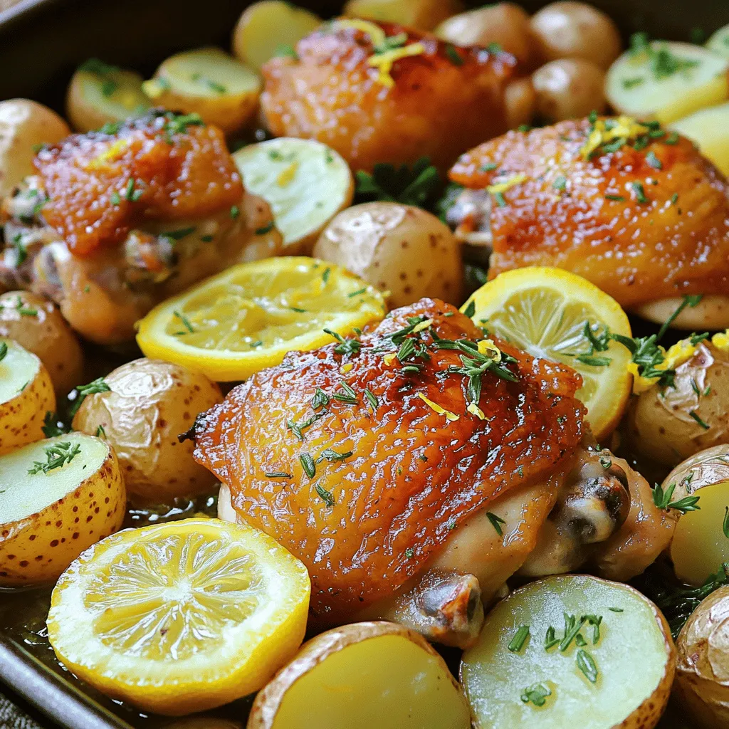 Here are the key ingredients for One-Pan Lemon Herb Chicken & Potatoes. Each one plays a vital role in creating a tasty meal. - 4 bone-in chicken thighs - 1 pound baby potatoes, halved - 2 tablespoons olive oil - 2 lemons (zest and juice) - 4 cloves garlic, minced - 1 tablespoon fresh thyme leaves (or 1 teaspoon dried thyme) - 1 tablespoon fresh rosemary leaves (or 1 teaspoon dried rosemary) - Salt and pepper to taste - 1 cup chicken broth or vegetable broth - Fresh parsley, chopped (for garnish) You need bone-in chicken thighs for juicy meat. Baby potatoes add heartiness. Olive oil helps everything roast well. Lemons bring bright flavor and zest. Garlic adds depth. Fresh thyme and rosemary give that herbaceous taste. Season with salt and pepper to balance the flavors. Broth keeps the dish moist. Finally, fresh parsley adds color and freshness when serving. Using these ingredients, you create a dish that is simple yet full of flavor. Each part works together to make your meal special. First, gather your ingredients. You will need four bone-in chicken thighs and one pound of baby potatoes. To marinate the chicken thighs, mix them in a large bowl with olive oil, lemon zest, lemon juice, minced garlic, thyme, rosemary, salt, and pepper. Make sure all the chicken gets coated well in the marinade. Next, for the baby potatoes, simply cut them in half. Toss them in the same bowl with the leftover marinade. This will give them great flavor. Now, take a large oven-safe skillet or baking dish. Place the marinated chicken thighs in the pan, skin-side up. This helps the skin get crispy while it cooks. Next, scatter the halved baby potatoes around the chicken. Make sure they have space to cook evenly. Preheat your oven to 400°F (200°C). This ensures your dish cooks evenly. Once the oven is hot, pour one cup of chicken broth into the skillet. Avoid pouring it over the chicken skin. This keeps the skin crispy and delicious. Bake your dish for about 40 to 45 minutes. Check that the chicken's internal temperature reaches 165°F (75°C). This ensures the chicken is safe to eat. If you want the skin extra crispy, broil it for the last five minutes of cooking. When it's done, carefully take the skillet out of the oven. Let it rest for a few minutes before serving. Garnish with chopped parsley for color and taste. To get that desired crispy skin on your chicken, broiling is key. After baking, switch the oven to broil for the last five minutes. This high heat crisps the skin nicely. Keep an eye on it to prevent burning. To avoid soggy potatoes, make sure they are cut in half. Spacing them apart in the pan helps too. When you coat them with olive oil, they will roast well. If you want more flavor in your dish, try adding more herbs. Fresh basil or oregano works great. You can also add a pinch of paprika for warmth. For extra veggies, consider bell peppers or zucchini. They will add color and nutrition. Just chop them up and scatter them around the chicken and potatoes. This dish pairs well with a fresh green salad. A light vinaigrette can add a nice zing. For sides, consider crusty bread to soak up the juices. Rice or quinoa can also complement the meal nicely. Enjoy your one-pan feast! {{image_2}} You can swap chicken thighs for other meats. Try using bone-in chicken breasts for a lean option. You can also use pork chops or even salmon. Each protein adds a unique taste. When using boneless cuts, cook for less time. Boneless chicken cooks faster, about 25-30 minutes. Always check the internal temperature; it should reach 165°F. Seasonal veggies can elevate this dish. Add asparagus, carrots, or bell peppers for color and flavor. You can also use sweet potatoes instead of regular ones. They add a nice sweetness and pair well with lemon. If you prefer a lighter dish, replace potatoes with zucchini or cauliflower. These options cook quickly and soak up flavors nicely. To make this dish gluten-free, simply use gluten-free broth. Most brands offer great options. This recipe is naturally gluten-free, so it’s easy to adapt. For a low-carb version, skip the potatoes. You can add more veggies instead, like broccoli or spinach. This will keep it hearty and delicious without the carbs. To keep your One-Pan Lemon Herb Chicken & Potatoes fresh, store leftovers properly. Place them in an airtight container. Refrigerate them within two hours of cooking. This helps prevent bacteria growth. They will last up to three days in the fridge. If you want to save some for later, freezing is a great option. Let the dish cool completely before freezing. Use freezer-safe bags or containers. Label them with the date. You can freeze leftovers for up to three months. When it's time to enjoy your leftovers, you can choose between the microwave or oven. The microwave is quick but can make the chicken a bit tough. For the best taste and texture, use the oven. Preheat it to 350°F (175°C). Place the chicken and potatoes in an oven-safe dish. Cover it with foil to keep moisture in. Heat for about 20 minutes or until warmed through. To keep the chicken crispy, you can uncover it for the last five minutes of reheating. This helps maintain the flavor and texture of the dish. Enjoy every bite! You can use chicken breasts or drumsticks. Chicken breasts will cook faster than thighs. Drumsticks add great flavor but may need extra time. Both options still taste great with the lemon and herbs. This dish takes about 15 minutes to prep. Then, it bakes for 40-45 minutes. In total, you spend about one hour to serve this yummy meal. Yes, you can prepare it a day ahead. Marinate the chicken and potatoes, then store them in the fridge. When ready, just bake it. - Nutritional information overview: Each serving has around 400 calories. It provides protein, healthy fats, and carbs from the potatoes. - Possible substitutions for key ingredients: Use sweet potatoes instead of baby potatoes for a twist. Swap olive oil for avocado oil for a different flavor. This blog post showed you how to make a delicious baked chicken dish. You learned about key ingredients like chicken thighs, potatoes, and herbs. I shared clear steps for marinating, arranging, and cooking. You also discovered tips for crispy skin and flavor boosts. Variations offer many options, including diet adjustments and different proteins. Finally, proper storage and reheating tips can keep leftovers tasty. With these insights, you're ready to impress at your next meal. Enjoy the cooking journey!