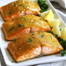 - 2 salmon fillets (about 6 oz each) - 2 tablespoons honey - 1 tablespoon Dijon mustard - 1 tablespoon whole grain mustard - 1 tablespoon olive oil - 1 teaspoon garlic powder - 1 teaspoon smoked paprika - Salt and black pepper to taste - Fresh parsley, chopped (for garnish) - Lemon wedges (for serving) If you run out of an ingredient, don’t worry! You can swap items easily. Use maple syrup instead of honey for a vegan twist. Regular mustard can replace Dijon if needed. You may skip the whole grain mustard for a smoother texture. If you don't have olive oil, use any neutral oil like canola. For garlic powder, fresh minced garlic works well too. You can adjust spices to fit your taste. To make this dish, you’ll need a few simple tools. A mixing bowl helps combine the marinade. You need a whisk to mix the honey and mustard. A plate will hold the salmon while it marinates. Your air fryer is key for cooking the salmon evenly. Lastly, have a spatula ready for easy salmon transfer. Enjoy gathering these items! To start, gather your ingredients. In a small bowl, mix these items: - 2 tablespoons honey - 1 tablespoon Dijon mustard - 1 tablespoon whole grain mustard - 1 tablespoon olive oil - 1 teaspoon garlic powder - 1 teaspoon smoked paprika - Salt and black pepper to taste Whisk all these together until smooth. This marinade brings sweet and tangy flavors to the salmon. It is the key to making this dish shine. Next, take your two salmon fillets. Place them on a plate. Use a brush or spoon to coat each fillet with the honey mustard mix. Make sure both sides get a good layer. This step adds flavor. Let the salmon sit for about 15 to 20 minutes. This time allows the flavors to soak in deeply. Now, preheat your air fryer to 400°F (200°C). This usually takes about 5 minutes. After preheating, carefully place the marinated salmon fillets in the basket, skin-side down. Cook for 8 to 10 minutes. The salmon is done when it flakes easily with a fork. Be sure to check the thickness; cooking time may change. Once cooked, gently remove the salmon and let it rest for a couple of minutes. Finish by garnishing with chopped parsley and serve with lemon wedges for a zesty touch. To cook salmon well, start with fresh fillets. Look for bright, shiny skin. The fish should smell clean and mild. Always pat the salmon dry before cooking. This helps create a nice crust. Preheat your air fryer to 400°F (200°C). A hot fryer cooks the fish evenly. Consider using a light coat of oil on the basket. This helps prevent sticking. Season your salmon well. Salt and pepper enhance the taste, but don’t overdo it. You want to enjoy the honey mustard flavors. To achieve perfectly flaked salmon, cook it until it reaches 145°F (63°C). Use a fork to test for doneness. If it flakes easily, it is ready. Be careful not to overcook the salmon. It can dry out quickly. Let it rest for a couple of minutes after cooking. This helps keep it moist. For a balanced meal, serve your salmon with fresh veggies. Steamed broccoli or roasted asparagus work great. You can also add a grain like quinoa or rice. These sides complement the rich flavors of the dish. A light salad with a citrus dressing is also a hit. It adds a fresh touch to the meal. Don't forget the lemon wedges! They brighten up the salmon perfectly. {{image_2}} You can change the flavor by using different mustards. Try yellow mustard for a milder taste. Spicy brown mustard adds a kick. You can mix mustards too. This makes each bite unique and tasty. Experiment to find your favorite blend. You can even add a hint of wasabi for a fun twist. Herbs and spices lift the dish to new heights. Fresh dill or thyme pairs well with salmon. You can also try rosemary for a strong flavor. If you like heat, add crushed red pepper flakes. Mix in fresh garlic for a bolder taste. This will make your meal even more exciting. You can easily adapt this recipe for different diets. If you want a low-sugar option, use sugar-free honey. For a gluten-free meal, just ensure your mustards are gluten-free. If you're vegan, replace salmon with tofu. Marinate the tofu in the same honey mustard mix. This way, everyone can enjoy a tasty meal! To store leftover salmon, let it cool first. Then, place it in an airtight container. You can keep it in the fridge for up to three days. Make sure to cover it well to keep it fresh. Label the container with the date to track how long it has been stored. When you are ready to eat the leftover salmon, reheat it gently. The best way is to use the air fryer. Preheat the air fryer to 350°F (175°C). Place the salmon in the basket and heat for about 5 minutes. Check it often to avoid overcooking. You want it warm, not dry. Another option is to use the microwave, but be careful to heat it in short bursts. If you want to freeze salmon, wrap it tightly in plastic wrap. Then, place it in a freezer bag or airtight container. Make sure to remove as much air as possible. This helps prevent freezer burn. You can freeze it for up to three months. When ready to use, thaw it in the fridge overnight before reheating. Yes, you can cook frozen salmon in the air fryer. Start by preheating the air fryer to 400°F (200°C). Place the frozen salmon fillet in the basket. Cook for about 12-15 minutes. Check the salmon to ensure it is cooked through. You may need to add a little extra time if it is thick. Cooking from frozen can still yield a tasty meal. You can tell when salmon is done by checking its color and texture. The flesh should be opaque and easily flake with a fork. The internal temperature should reach 145°F (63°C). If you do not have a thermometer, just look for that flaky texture. Salmon is best when it is cooked but still moist. You can serve Air Fryer Honey Mustard Salmon with many sides. Here are some ideas: - Steamed broccoli - Quinoa or rice - Mixed green salad - Roasted sweet potatoes - Garlic bread These sides will balance the flavors and make a complete meal. Enjoy exploring different pairings! In this post, we explored making air fryer honey mustard salmon. We covered ingredients, steps, and helpful tips. You learned about ingredient swaps and essential tools. The marinating and cooking steps ensure tasty salmon every time. Remember to store leftovers properly and try different flavor variations. With these tips, you can enjoy salmon that suits your taste and needs. Cook with confidence, and impress your family with your new skills!
