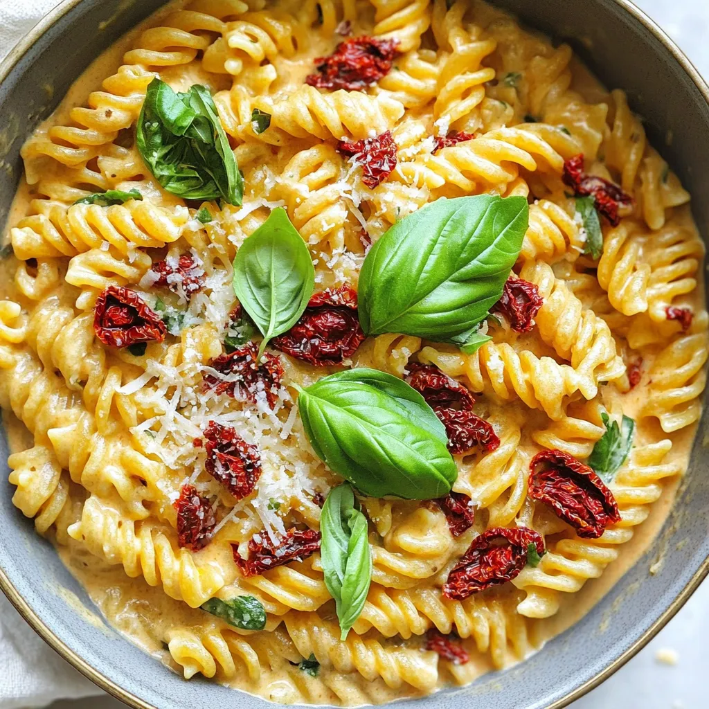 For this dish, I recommend using fusilli or penne pasta. Both shapes hold the creamy sauce well. Fusilli twists catch the sauce, while penne’s ridges help it cling. The sun-dried tomatoes are a must. I prefer the oil-packed kind. They add a rich, intense flavor. You can chop them up to mix well into the sauce. For the cheese, grated Parmesan is key. It melts beautifully and adds a nutty taste. Always choose a good-quality cheese for the best results. Garlic plays a vital role in this dish. It adds depth and a savory punch. Use fresh garlic for the best flavor. Italian seasoning combines herbs like oregano and basil. This blend enhances the overall taste. Don’t forget salt and pepper. They balance the flavors and bring everything together. Taste as you go to find the right amounts. Garnishing with fresh basil adds a pop of color and flavor. It brightens the dish and makes it look inviting. A drizzle of olive oil on top adds richness too. You can customize this recipe with different broths. Try chicken or vegetable broth based on your tastes. Each option brings a unique flavor to the sauce. To start, you need to prep your garlic and sun-dried tomatoes. Chop four cloves of garlic finely. This adds great flavor to your dish. Next, take one cup of sun-dried tomatoes, and chop them as well. If you use oil-packed tomatoes, you get extra flavor. Keep these ready for when you cook. Heat one tablespoon of olive oil in a large pot over medium heat. When the oil is hot, add the minced garlic. Sauté the garlic for about one minute until it smells good. Be careful not to burn it, as burnt garlic can taste bitter. After that, add the chopped sun-dried tomatoes. Stir them into the garlic and let them cook for another minute. Next, pour in one cup of chicken or vegetable broth. Bring this mixture to a gentle simmer. Once it starts bubbling, add 12 ounces of pasta, like fusilli or penne. Make sure the pasta is fully submerged in the broth. Cover the pot and cook the pasta according to the package instructions, usually about 10 to 12 minutes. Stir occasionally to keep it from sticking. Once the pasta is al dente, lower the heat. Stir in one cup of heavy cream and one teaspoon of Italian seasoning. Mix everything well until it’s combined. Then, slowly add one cup of grated Parmesan cheese. Keep stirring until the cheese melts and the sauce becomes creamy. You might want to season with salt and pepper to taste. If the sauce feels too thick, add a splash of extra broth or water. Let the dish sit for 2 to 3 minutes. This allows the sauce to thicken a bit more and enhances the creamy texture. Enjoy your one-pot creamy sun-dried tomato pasta! To cook perfect al dente pasta, follow these steps: - Use plenty of salted water. This helps flavor the pasta. - Bring the water to a full boil before adding pasta. - Stir the pasta a few times while cooking. This prevents it from sticking. - Check the package for the cooking time. Aim for the lower time for al dente. - Taste a piece a minute before the time is up. It should be firm but not hard. Stirring during cooking is key. It helps the pasta cook evenly. If you don’t stir, the pasta can clump together. This can lead to uneven cooking. So, give it a gentle stir every few minutes! Using high-quality olive oil makes a big difference. It adds richness to the dish. I recommend looking for extra virgin olive oil. Its flavor is fruity and robust. This will elevate the taste of your pasta. For extra flavor, consider adding red pepper flakes. Just a pinch can add a nice kick. You can also mix in fresh herbs like thyme or oregano. They pair well with sun-dried tomatoes and cream. When serving, choose deep bowls. This keeps the pasta warm. Garnish with fresh basil leaves. They add color and a fresh taste. A sprinkle of extra Parmesan cheese enhances the look too. Pair your pasta with a crisp salad or warm bread. A simple green salad with vinaigrette works great. The crispness of the salad balances the creaminess of the pasta. Enjoy your meal! {{image_2}} You can easily switch up the pasta type. Fusilli and penne work well, but feel free to use rotini or farfalle. Each shape holds sauce differently, so try what you like best. For vegetarian options, consider using plant-based cheeses or broths. Nutritional yeast can add a cheesy flavor without dairy. Want to boost protein? Adding diced chicken or shrimp makes the dish heartier. Cook them in the pot before adding the garlic. You can also toss in fresh spinach or zucchini. These veggies add color and nutrients without overpowering the dish. If you need gluten-free options, use gluten-free pasta. It cooks the same way and absorbs the sauce well. For dairy-free alternatives, try coconut cream or cashew cream instead of heavy cream. Nutritional yeast can replace Parmesan cheese for flavor. These swaps ensure everyone can enjoy this creamy delight! To store your leftover creamy sun-dried tomato pasta, let it cool first. Place it in airtight containers. This helps keep the pasta fresh and tasty. Make sure to use containers that seal well to avoid any spills or air exposure. When you're ready to enjoy leftovers, reheat gently. Use a stove or microwave. For the stove, add a splash of broth or water to keep it creamy. Stir well as it heats. In the microwave, cover with a damp paper towel to trap steam. This keeps the pasta moist. If you want to save some for later, freezing is a great option. Let the pasta cool completely, then transfer it to freezer-safe bags. Remove as much air as possible to prevent freezer burn. To thaw, place it in the fridge overnight. Reheat it on the stove or microwave, adding a little liquid if needed. To thicken the sauce, you have a few options. First, you can reduce the sauce by simmering it longer to drive off some liquid. Second, add more cheese. Parmesan is a great choice. It melts well and adds creaminess. Lastly, mix in a bit of cornstarch or flour. Just dissolve it in water first before adding it to the pot. This will help you achieve a thicker consistency without lumps. Yes, you can use fresh tomatoes. However, you will notice a difference in flavor. Fresh tomatoes have a lighter taste, while sun-dried tomatoes are more intense and sweet. If you use fresh tomatoes, consider adding a bit of sugar to balance the acidity. You will also need to cook them longer to break them down. Aim for about 10 minutes before adding the pasta. You can enhance this dish in many ways. For more veggies, try adding spinach or zucchini. They cook quickly and add color. If you want protein, grilled chicken or shrimp works well. You can also add nuts like pine nuts for crunch. Finally, a splash of lemon juice brightens the dish. Feel free to mix and match ingredients to suit your taste! This post guided you through creating a delicious pasta dish. We explored key ingredients like pasta types, sun-dried tomatoes, and Parmesan cheese, along with essential seasonings. I shared step-by-step cooking instructions, helpful tips, and variations for customization. Remember, you can mix ingredients to fit your taste. With careful preparation and quality ingredients, your dish will stand out. Enjoy your cooking journey and make it yours. Happy cooking!