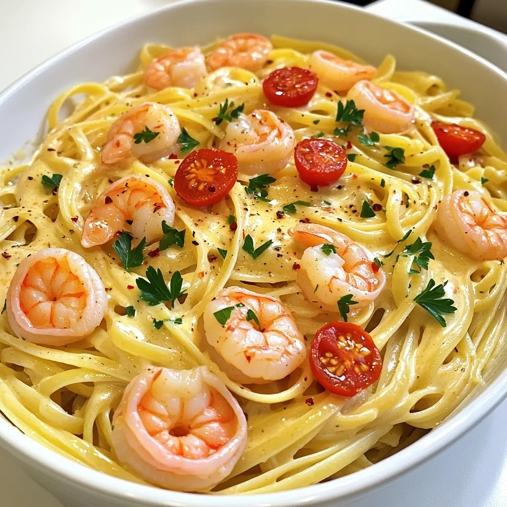- 8 oz linguine pasta - 1 lb large shrimp, peeled and deveined - 4 tablespoons unsalted butter - 4 cloves garlic, minced - 1 cup heavy cream - 1 cup cherry tomatoes, halved - 1/2 teaspoon red pepper flakes (adjust to taste) - Salt and black pepper to taste - 1/2 cup grated Parmesan cheese - 2 tablespoons fresh parsley, chopped for garnish - Zest of 1 lemon You can use any pasta you like, such as fettuccine or spaghetti. If you prefer a lighter dish, swap heavy cream for half-and-half. For a vegan option, replace shrimp with sautéed mushrooms and use plant-based cream. If you don’t have fresh parsley, try basil or chives for a different flavor. You can also replace Parmesan cheese with nutritional yeast for a dairy-free version. When choosing shrimp, look for those that smell fresh and clean, not fishy. The shells should be shiny and firm. If possible, buy wild-caught shrimp for better flavor and sustainability. The shrimp should be pink if cooked, and if they are raw, they should be gray and translucent. Always check the sell-by date to ensure freshness. Start by boiling water in a large pot. Add salt to the water. Once it boils, add 8 ounces of linguine pasta. Cook it according to the package instructions until it is al dente. This usually takes about 8 to 10 minutes. Drain the pasta and set it aside. Remember to reserve about 1 cup of that pasta water for later. Next, grab a large skillet and heat it over medium heat. Melt 2 tablespoons of unsalted butter in the skillet. Once the butter is hot, add 1 pound of large shrimp that are peeled and deveined. Season the shrimp with salt and black pepper. Cook for about 2 to 3 minutes on each side. You want them to turn pink and opaque. After that, remove them from the skillet and set them aside. In the same skillet, add the remaining 2 tablespoons of butter. Let it melt completely. Then, add 4 cloves of minced garlic and 1/2 teaspoon of red pepper flakes. Cook this mixture for about 30 seconds. You want to smell the garlic, but don’t burn it! Next, pour in 1 cup of heavy cream and stir well. Add 1 cup of halved cherry tomatoes to the sauce. Let this simmer for about 3 to 4 minutes. This will help thicken the sauce a bit. Now it’s time to bring everything together. Return the cooked shrimp back to the skillet. Add the drained linguine to the sauce as well. Toss everything gently to combine. If the sauce is too thick, add some of that reserved pasta water a little at a time. You want a nice, creamy consistency. Finally, stir in 1/2 cup of grated Parmesan cheese and the zest of 1 lemon. Mix until the cheese melts in the sauce. Taste and adjust the seasoning with salt and pepper if needed. To keep shrimp tender, watch the cooking time closely. Cook shrimp for only 2-3 minutes on each side. Look for a pink color and opaque look. If you see white edges, it's time to stop cooking. Remove shrimp from the heat immediately. This keeps them juicy and soft. For a smooth sauce, start with warm butter and garlic. Stir in heavy cream gently. Let it simmer, but don’t boil. Add Parmesan cheese slowly, mixing well. If the sauce is too thick, use the reserved pasta water. This makes the sauce silkier and helps it cling to the pasta. Serve this dish hot for the best taste. Garnish with chopped parsley and lemon zest for freshness. Pair it with a light salad or crusty bread. A glass of white wine complements the meal nicely. Enjoy this dish with family or friends for a special dinner. {{image_2}} You can use other pasta for this dish. Spaghetti or fettuccine work great. Gluten-free options include rice or chickpea pasta. They all pair well with the creamy sauce. You can add veggies like spinach or bell peppers. They bring color and nutrients. For extra protein, consider chicken or scallops. Just cook them the same way as the shrimp. To make a lighter dish, try using whole wheat pasta. You can also swap heavy cream for Greek yogurt or cashew cream. This way, you keep the flavor but cut calories. After you enjoy your creamy garlic butter shrimp linguine, store any leftovers in an airtight container. Allow the dish to cool to room temperature before sealing it. This helps keep the flavors fresh. You can keep it in the fridge for up to three days. Make sure to label the container with the date, so you know when to eat it. To reheat your leftovers, I recommend using the stovetop. Place the shrimp linguine in a skillet over medium heat. Add a splash of water or extra cream to help loosen the sauce. Stir often until it warms through. You can also use the microwave, but be careful not to overheat. Heat in short bursts, stirring in between. This keeps the shrimp tender and the sauce creamy. If you want to save some for later, you can freeze the dish. Place the cooled linguine in a freezer-safe container. It can last up to three months in the freezer. When you’re ready to eat, let it thaw overnight in the fridge. Reheat as mentioned above. Note that the texture might change slightly after freezing, but the flavor will still be great! You can use half-and-half instead of heavy cream. This will still give you a rich taste. If you want a lighter option, try using coconut milk. It adds a nice flavor. You can also mix milk and butter. Use 3/4 cup of milk with 1/4 cup of melted butter. To make this dish gluten-free, swap the linguine for gluten-free pasta. Many brands offer great options that taste similar. Check the label to ensure it fits your diet. You can also use zucchini noodles for a low-carb choice. They add a fresh taste and texture. Yes, you can use frozen shrimp! Just make sure to thaw them first. Place the shrimp in a bowl of cold water for about 15-20 minutes. This helps them cook evenly. Pat them dry before adding to the pan. This will help them sear nicely. This dish pairs well with a light salad. A simple mixed greens salad works great. You can also serve garlic bread on the side for extra flavor. If you want a veggie, steamed broccoli or asparagus complements the dish nicely. Enjoy your meal! In this post, we explored how to make Creamy Garlic Butter Shrimp Linguine. We covered the key ingredients, tips for fresh shrimp, and step-by-step cooking instructions. I shared tricks to avoid overcooking shrimp and how to achieve a creamy sauce. You learned about variations and storage tips for leftovers. This dish is flexible and can adapt to your taste. With a few simple swaps, you can make it fit your needs. Enjoy cooking and savoring this delicious meal!