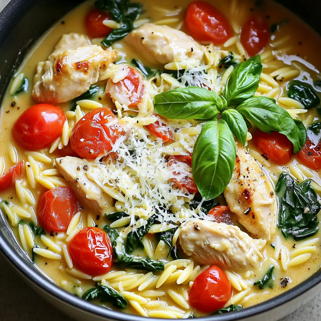 - 1 lb boneless, skinless chicken breast, diced - 1 cup orzo pasta - 2 tablespoons olive oil - 3 cloves garlic, minced - 1 cup cherry tomatoes, halved - 2 cups baby spinach - 1 cup chicken broth - 1 cup heavy cream - ½ cup grated Parmesan cheese - 1 teaspoon Italian seasoning - Salt and pepper to taste - Fresh basil, for garnish You can swap the chicken for turkey or tofu. Use vegetable broth instead of chicken broth for a lighter dish. Whole wheat orzo works well for a healthier option. If you don't have heavy cream, try half-and-half or a plant-based cream. You can also use frozen spinach in place of fresh spinach. - Chicken Breast: This is lean meat that cooks quickly. It gives protein and keeps the dish filling. - Orzo Pasta: This tiny pasta looks like rice. It absorbs flavors and adds texture to the dish. - Heavy Cream: This makes the sauce rich and creamy. It brings all the flavors together in a lovely way. - Cherry Tomatoes: These add sweetness and brightness. They burst with flavor and color when cooked. - Parmesan Cheese: This cheese adds saltiness and depth. It melts into the sauce, making it extra creamy. - Baby Spinach: This adds a pop of color and nutrients. It wilts down quickly, blending nicely into the dish. - Italian Seasoning: This blend of herbs gives the dish its Italian flair. It includes herbs like oregano and basil. Each ingredient plays a role in making this dish delightful. Enjoy the process of cooking and let the flavors shine! Start by heating 2 tablespoons of olive oil in a large pot over medium-high heat. Once the oil is hot, add 1 pound of diced boneless, skinless chicken breast. Season the chicken with salt and pepper to taste. Cook the chicken for about 5 to 7 minutes. You want it browned and cooked through. Once done, remove the chicken from the pot and set it aside. This step builds flavor for your dish. In the same pot, add 3 cloves of minced garlic. Sauté the garlic for about 30 seconds. It should smell amazing. Next, toss in 1 cup of halved cherry tomatoes. Cook them for 2 to 3 minutes until they soften. Now, stir in 1 cup of orzo pasta, 1 cup of chicken broth, and 1 teaspoon of Italian seasoning. Bring this mix to a boil. Then, reduce the heat to medium. Let it simmer for 8 to 10 minutes. The orzo will absorb most of the broth and become tender. Once the orzo is ready, lower the heat. Return the cooked chicken to the pot. Stir in 1 cup of heavy cream and ½ cup of grated Parmesan cheese. Mix well until it becomes creamy. Add 2 cups of baby spinach and let it wilt for 1 to 2 minutes. Taste your dish and adjust the seasoning with salt and pepper if needed. Serve hot and garnish with fresh basil. Enjoy this creamy delight! To make the best orzo, follow these steps: - Use enough water. A good rule is 4 cups of water for every cup of orzo. - Stir the orzo gently. This helps prevent it from sticking together. - Taste for doneness. Orzo should be al dente, soft but still firm. - Drain quickly. If you overcook it, it can turn mushy. To boost the flavor in your creamy Tuscan chicken orzo, try these tips: - Use fresh herbs. Fresh basil or parsley will add a bright taste. - Add a splash of lemon juice. This brings out the flavors in the dish. - Consider adding crushed red pepper. It gives a nice kick without being too spicy. - Use homemade chicken broth. It adds a richer flavor than store-bought. Watch out for these common pitfalls: - Overcooking the chicken. It can turn dry and tough. Cook until just done. - Skipping the garlic. It adds a wonderful aroma and taste. Don't skip it! - Not tasting the dish before serving. Adjust seasoning if needed. Trust your palate! - Adding spinach too early. It should wilt gently for the best texture and flavor. {{image_2}} You can swap ingredients to fit your taste. Use shrimp or tofu instead of chicken. For a plant-based version, replace heavy cream with coconut milk or cashew cream. If you don't have orzo, you can use rice or quinoa. Cherry tomatoes can be replaced with sun-dried tomatoes for a richer flavor. Though I love the one-pot method, you can also bake this dish. Start by browning the chicken in a skillet. Then, combine everything in a baking dish and bake at 375°F for 25-30 minutes. You could also use a pressure cooker to speed up cooking time. Just follow the same steps and set the cooker for 10 minutes. To make this dish gluten-free, use gluten-free orzo or another gluten-free pasta. You can easily find options made with rice or corn. For dairy-free needs, opt for almond milk or a dairy-free cheese. Always check labels to ensure all ingredients meet your dietary needs. To keep your One-Pot Creamy Tuscan Chicken Orzo fresh, store it in an airtight container. Let the dish cool to room temperature before sealing it. You can keep it in the fridge for up to three days. This helps the flavors meld while the dish stays safe to eat. When it's time to enjoy your leftovers, reheat them on the stove. Place the orzo in a pot over low heat. Add a splash of chicken broth or cream to keep it moist. Stir gently until heated through. You can also use the microwave. Just cover the dish and heat in short intervals, stirring often. If you want to save your orzo for later, freezing is a great option. First, let it cool completely. Then, portion it into freezer-safe bags or containers. Squeeze out as much air as possible before sealing. You can freeze it for up to three months. When you're ready to eat, thaw it in the fridge overnight and reheat as directed. Yes, you can make One-Pot Creamy Tuscan Chicken Orzo ahead. Cook the dish fully and let it cool. Store it in an airtight container in the fridge for up to three days. When you are ready to eat, heat it on the stove over low heat. Add a splash of chicken broth or cream to keep it creamy. This dish pairs well with many sides. Here are a few ideas: - Garlic bread for a crunchy bite - A fresh green salad to balance the meal - Roasted vegetables for added flavor - A light soup for a cozy start Each side adds a unique touch to your meal. You can make this dish lighter with simple swaps. Use chicken thighs instead of breasts for more flavor. Substitute heavy cream with Greek yogurt or a plant-based cream. You can also add more vegetables. Try bell peppers, zucchini, or mushrooms. These changes will still keep it delicious while making it a bit healthier. You learned all about making One-Pot Creamy Tuscan Chicken Orzo. We explored essential ingredients and their fun alternatives. I gave you clear steps for cooking and serving this dish. You also got handy tips for perfect orzo and flavor boosts. We discussed variations to fit your needs, plus smart storage tips. Now, you’re ready to create a delicious meal. Remember, cooking is fun, so enjoy the process!