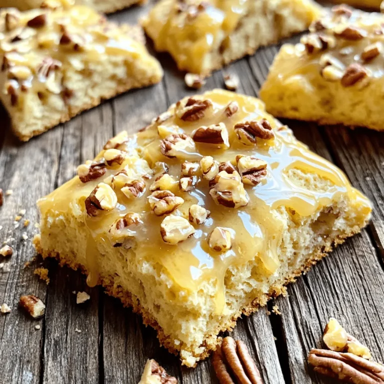 - 2 cups all-purpose flour - 1/4 cup brown sugar - 1 tablespoon baking powder - 1/2 teaspoon salt - 6 tablespoons cold unsalted butter - 2/3 cup heavy cream - 1 teaspoon vanilla extract - 1/4 cup maple syrup (for glaze) - 1/2 cup chopped pecans - 1 cup powdered sugar (for glaze) When making these scones, it's key to use quality ingredients. The all-purpose flour gives the scones structure. Brown sugar adds a nice depth of flavor. Baking powder helps them rise, and salt balances the sweetness. Cold unsalted butter works best. It creates those flaky layers we love in scones. Heavy cream adds richness, while vanilla extract enhances flavor. For the glaze, maple syrup adds that sweet, warm touch. Powdered sugar helps it set smoothly. Don't skip the pecans! They add crunch and nutty flavor. These ingredients combine to create a delightful breakfast treat. Each bite is sweet and crunchy, making your morning special. - Preheat oven to 400°F (200°C). - Line a baking sheet with parchment paper. - In a large bowl, combine: - 2 cups all-purpose flour - 1/4 cup brown sugar - 1 tablespoon baking powder - 1/2 teaspoon salt - Whisk these ingredients until they blend well. - Add 6 tablespoons of cold, cubed butter to the flour mix. - Use your fingers or a pastry cutter to work the butter in. - Aim for a crumbly texture that looks like coarse crumbs. - Stir in 1/2 cup of chopped pecans. - In another bowl, mix together: - 2/3 cup heavy cream - 1 teaspoon vanilla extract - Gradually add the cream mix to the flour and butter. - Stir gently until a soft dough forms. - Turn the dough onto a floured surface and knead it gently. - Shape it into a circle, about 1 inch thick. - Cut the dough into 8 wedges. - Place the wedges on the prepared baking sheet. - Bake for 15-18 minutes until lightly golden on the edges. - While the scones bake, mix together: - 1/4 cup maple syrup - 1 cup powdered sugar - Whisk until the mixture is smooth. - Once the scones cool slightly, drizzle the glaze on top. Using fresh pecans makes a big difference. Fresh nuts taste better and add crunch. Look for pecans that smell sweet and nutty. They should not feel soft or look dull. For flour, choose all-purpose flour that is unbleached. This type gives your scones a better texture. Check the date on the bag to ensure it is fresh. Kneading the dough is key. Do it gently and only a few times. Over-kneading makes the scones tough. You want a soft, tender dough. To achieve fluffy scones, keep your butter cold. Cubed butter helps create layers. Also, don’t bake the scones too long. Take them out when they are lightly golden. When glazing, you can choose to drizzle or spread. Drizzling gives a nice look and keeps the glaze light. Spreading makes it richer and adds more flavor. Timing is important for glazing. Wait until the scones cool slightly. This helps the glaze stick better and look shiny. {{image_2}} You can have fun with flavors in your scones. Adding chocolate chips will give a sweet twist. Just fold in about half a cup into the dough. You can also use other nuts, like walnuts. They add a rich taste and change the texture. If you need a gluten-free choice, swap regular flour for gluten-free flour. Look for a blend made for baking. This will keep the scone's nice texture. Just follow the same steps as the recipe. You might want your scones less sweet. To do this, reduce the sugar in the dough. You can also cut back on the glaze sugar. This way, the maple flavor shines through more. Adjusting the sweetness can make the scones just right for your taste. Keep your scones fresh by storing them in an airtight container. Place parchment paper between layers to prevent sticking. Store at room temperature for up to three days. For longer freshness, you can refrigerate them for up to a week. Just make sure they’re sealed well to avoid drying out. You can freeze scones for later use. First, let them cool completely. Wrap each scone in plastic wrap, then in foil. Place them in a freezer bag or container. They can last up to three months in the freezer. To enjoy them later, thaw them overnight in the fridge. To reheat scones, preheat your oven to 350°F (175°C). Place the scones on a baking sheet. Heat for about 10 minutes or until warm. If you want a soft scone, cover them with foil. For a crispier texture, leave them uncovered. Enjoy your warm, delicious scones with that sweet glaze! Yes, you can switch out pecans for other nuts. Here are some great options: - Walnuts - Almonds - Hazelnuts - Macadamia nuts Each nut brings a unique taste and texture. Just chop them small, like the pecans. These scones stay fresh for about 2 to 3 days. Keep them in an airtight container. You can also freeze them for longer storage. They last up to 3 months in the freezer. Serve these scones warm for the best flavor. Here are some tasty pairings: - A dollop of clotted cream - A pat of butter - Fresh fruit or jam Enjoy them with a cup of coffee or tea for a perfect breakfast treat! You now have a clear guide to making delicious maple glazed pecan scones. With simple ingredients like flour, butter, and pecans, you can create a tasty treat. Remember to follow each step: mixing dry and wet ingredients, forming the dough, and baking. Use fresh ingredients for the best flavors. Try different nuts or adjust the sweetness to make it yours. Store and reheat them properly to enjoy later. These scones can brighten any meal or snack time. Happy baking!