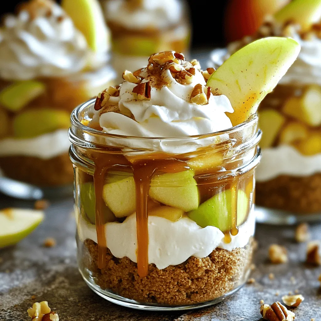 To make delicious caramel apple cheesecake parfaits, gather these key ingredients: - Apples (Granny Smith or Honeycrisp) - Brown sugar and ground cinnamon - Lemon juice for freshness - Cream cheese, powdered sugar, and vanilla extract - Whipped cream situation - Graham cracker crumbs - Caramel sauce options - Optional toppings (chopped nuts) Each of these ingredients plays a vital role in creating layers of flavor. The apples bring a tart crunch, while the brown sugar and cinnamon add warmth. Lemon juice keeps the apples fresh and bright. Cream cheese provides a rich base, and whipped cream makes the mixture light and fluffy. Graham cracker crumbs add texture and a sweet crunch. Caramel sauce is the star, drizzled throughout for that luscious finish. Finally, if you like, sprinkle some chopped nuts on top for added crunch and flavor. All these ingredients come together to create a delightful treat in a jar! To start, I grab two large apples. I prefer Granny Smith or Honeycrisp for their tart flavor. First, I peel, core, and dice the apples into small pieces. In a medium saucepan, I mix the diced apples with two tablespoons of brown sugar, one teaspoon of ground cinnamon, and one tablespoon of lemon juice. This blend brings out the sweetness while balancing with a hint of tartness. I cook this mixture over medium heat for about 5 to 7 minutes. I want the apples tender, not mushy. Once done, I remove them from heat and let them cool. Cooling makes them perfect for layering in the parfait. Next, I make the cream cheese mixture. In a mixing bowl, I beat one cup of softened cream cheese with half a cup of powdered sugar and one teaspoon of vanilla extract. I mix until it becomes smooth and creamy. This step is crucial because it gives the parfait its rich flavor. After that, I gently fold in one cup of whipped cream. This adds a light, airy texture to the mixture. It’s essential to be gentle here, so I don’t deflate the whipped cream. Now comes the fun part—layering! I take clean glass jars to create the parfaits. I start with a layer of graham cracker crumbs, about two tablespoons each. This crust adds a nice crunch. Next, I spoon in a layer of the cream cheese mixture, about one-fourth cup. This layer is rich and smooth. On top of that, I add about two tablespoons of the cooled caramelized apples. I finish with a drizzle of caramel sauce over the apples, adding sweetness. I repeat these layers until the jars are almost full, leaving a little space at the top. Finally, I top each parfait with a dollop of whipped cream, a drizzle of caramel sauce, and optional chopped nuts for a crunchy finish. These layers create a beautiful and tasty treat! To create even layers, use a spoon to measure. Start with two tablespoons of graham cracker crumbs. This base gives a nice crunch. Next, add about one-fourth cup of the cream cheese mixture. Spread it gently to cover the crumbs. Then, spoon in two tablespoons of the caramelized apple mix. This keeps the layers neat and pretty. You can use different jar sizes for fun. Small jars work for quick snacks. Larger jars are great for sharing. Mixing sizes makes your dessert table look exciting and inviting. Garnish your parfaits with whipped cream and a drizzle of caramel. This adds sweetness and an appealing look. You can also sprinkle chopped nuts on top for crunch. To make your jars look extra special, add twine around the jar. Tying a simple bow gives a rustic feel. You can also place a slice of fresh apple on the rim. This makes the parfaits look fresh and tasty. To elevate the taste, think about adding spices. A pinch of nutmeg can complement the cinnamon. You might also try a drop of almond extract for a new twist. Mixing in a teaspoon of maple syrup can add depth. Experiment with these small changes to find your favorite flavor. Each twist can make your parfaits even more delightful! {{image_2}} You can make this dessert fit your needs. For gluten-free options, use gluten-free graham crackers. Many brands offer these. They taste great and keep the parfaits crunchy. For dairy-free needs, look for cream cheese made from nuts or soy. You can find whipped cream made from coconut or almond milk too. These swaps keep the flavor while making it friendly for different diets. Switch up the fruit for a fresh twist. Try pears, peaches, or even mixed berries. Each fruit brings its own taste to the parfait. You can also mix in chocolate or peanut butter. This adds a rich flavor that pairs well with the apples. Just layer them in with the cream cheese for a tasty surprise. If you want smaller treats, make mini parfaits. Use tiny jars or shot glasses for fun dessert shots. This way, everyone can enjoy a sweet bite. If you're hosting a larger gathering, simply double or triple the recipe. This makes enough for everyone to enjoy a delicious dessert without stress. To keep your caramel apple cheesecake parfaits fresh, store them in the fridge. Use airtight containers or cover your jars tightly with plastic wrap. This helps prevent drying out and keeps the flavors intact. You should eat them within 3 to 5 days for the best taste. After that, the layers might start to blend, and the texture may change. Can caramel apple cheesecake parfaits be frozen? Yes, but I recommend freezing only the apple layer and cream cheese mixture separately. The graham cracker crumbs can get soggy when frozen. For best results, freeze the apple mixture in a freezer-safe bag. When you're ready to enjoy, thaw it in the fridge overnight. Best practices for freezing and thawing: - Use small portions for easy thawing. - Avoid freezing whipped cream; it doesn't hold well. - Always label your bags with the date, so you know how long it's been. This way, you can savor the flavors without losing quality! Yes, you can make these parfaits ahead of time. Prepare them up to two days in advance. Store the jars in the fridge. This allows the flavors to blend well. Just remember to add the whipped cream on top right before serving. This keeps it fresh and fluffy. I recommend using Granny Smith or Honeycrisp apples. Granny Smith apples give a nice tartness. Honeycrisp apples add sweetness and crunch. Both types hold their shape when cooked. They work well in desserts like this. To make this recipe healthier, use less sugar. You can reduce the brown sugar in the apple mixture. Another option is to use a sugar substitute. You can also use light cream cheese instead of regular cream cheese. Consider using Greek yogurt for a creamy texture that’s lower in calories. You now know how to make delicious caramel apple cheesecake parfaits. We covered the ingredients, step-by-step instructions, and expert tips. Remember, you can customize this dessert to fit your needs. Try different fruits, adjust portion sizes, or make it gluten-free. Enjoying this treat can be a fun treat that everyone will love. Keep your leftovers fresh by storing them properly. With a bit of creativity, you can make parfaits that look as good as they taste. Dive into your cooking adventure and have fun!