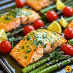 - 4 salmon fillets - 1 bunch asparagus, trimmed - 1 cup cherry tomatoes, halved - 1 lemon, zested and juiced - Fresh parsley, chopped for garnish The main ingredients of this dish bring flavor and nutrition. Salmon fillets are rich in omega-3 fatty acids. They are also delicious and easy to cook. Asparagus adds a nice crunch, while cherry tomatoes give a burst of sweetness. The lemon zest and juice brighten up the dish, giving it a fresh taste. Don't forget the parsley; it adds color and freshness. - 2 tablespoons olive oil - 3 cloves garlic, minced - 1 teaspoon dried thyme - 1 teaspoon dried rosemary - Salt and pepper to taste For the pantry staples, you need a few items that you may already have. Olive oil serves as a base for the herb mixture. Garlic adds depth and flavor. Dried thyme and rosemary bring a lovely aroma to the dish. Salt and pepper are essential for enhancing all the flavors. These simple ingredients work together to create a tasty meal. Using fresh herbs can make a big difference, but dried ones work just fine. Feel free to adjust the amounts to suit your taste. First, preheat your oven to 400°F (200°C). This step is key for baking. While the oven warms up, prepare a large baking sheet. Line it with parchment paper to prevent sticking. This makes cleanup easy. Next, grab a small bowl to whisk the herb-lemon mixture. Combine 2 tablespoons of olive oil, the juice and zest of one lemon, 3 minced garlic cloves, 1 teaspoon of dried thyme, and 1 teaspoon of dried rosemary. Add salt and pepper to taste. Mix until everything blends well. Now, it’s time to position the salmon and vegetables on the baking sheet. Take 4 salmon fillets and place them on one side of the prepared sheet. Brush them generously with your herb-lemon mixture. This adds flavor to the salmon. On the other side of the sheet, arrange 1 bunch of trimmed asparagus and 1 cup of halved cherry tomatoes. Drizzle the rest of the herb-lemon mixture over the veggies. Toss them lightly to coat. This helps the veggies soak up all that great flavor. Bake everything in the preheated oven for 15 to 20 minutes. Keep an eye on the salmon. It's done when it flakes easily with a fork. The veggies should be tender but still crisp. After baking, remove the sheet from the oven. Let it rest for 5 minutes. This helps the flavors settle. Before serving, garnish with chopped fresh parsley. This adds a pop of color and freshness to your dish. To make your Lemon Herb Salmon shine, adjust the seasoning. I like to add a pinch of salt or more herbs. Taste as you go! Fresh herbs like dill or basil can bring new life to your dish. Try adding some chopped fresh herbs right before serving for a bright flavor. For perfect salmon flakiness, do not overcook it. Bake until it flakes easily with a fork. This usually takes 15 to 20 minutes at 400°F (200°C). To keep your veggies crisp, check them during baking. If they start to soften too much, take them out early. For a stunning plate, arrange the salmon and veggies in the center. Drizzle any remaining herb-lemon mix over the top for color. Garnish with lemon wedges and a sprinkle of fresh parsley. This adds a vibrant touch and makes it look fancy! {{image_2}} You can change up the vegetables in this dish. Try using broccoli, green beans, or bell peppers. Each adds a new taste and texture. Instead of salmon, you can use trout or even chicken. For herbs, fresh dill or basil can brighten the dish. You can also swap out thyme and rosemary for tarragon or oregano. This keeps the flavor fresh and exciting. You can grill the salmon if you prefer. This adds a smoky flavor that many love. Just make sure to oil the grill to prevent sticking. Baking is easy and keeps the salmon moist. If you want a crispy skin, broil the salmon for a few minutes at the end. You can even use different fish like cod or halibut. Just adjust the cooking time based on the thickness. This meal pairs well with a light salad. A simple arugula salad with a lemon vinaigrette works great. For sides, consider quinoa or couscous. They complement the salmon nicely and add some texture. When it comes to drinks, a crisp white wine like Sauvignon Blanc is perfect. If you prefer non-alcoholic options, try sparkling water with a slice of lemon. To keep your Lemon Herb Salmon fresh, follow these steps. First, let the dish cool down. Place the salmon and vegetables in an airtight container. This helps prevent moisture loss. You can store the leftovers in the fridge for up to three days. If you want to keep them longer, freeze them. Frozen leftovers will last for up to three months. Just make sure to wrap them tightly. When it’s time to enjoy your leftovers, reheating is key. The best method is to use the oven. Preheat it to 350°F (175°C). Place the salmon and veggies on a baking sheet. Cover them with foil to keep moisture in. Heat for about 15 minutes or until warm. You can also use a microwave. Just heat in short bursts to avoid drying them out. For serving ideas, try adding a fresh side salad or cooked grains. You can also make a tasty wrap with the salmon and veggies. This will give you a quick, delicious meal! How long to bake salmon on a sheet pan? You should bake salmon for 15-20 minutes at 400°F. This time works well for thick fillets. The salmon should flake easily with a fork when it's done. Can I use frozen salmon for this recipe? Yes, you can use frozen salmon. Just make sure to thaw it first. Thawing helps the salmon cook evenly. What to serve with Lemon Herb Salmon? This dish pairs well with rice or quinoa. You can also serve it with a fresh salad. Roasted potatoes make a nice side, too. How to make it gluten-free or dairy-free? This recipe is already gluten-free and dairy-free! Use olive oil and fresh herbs. You don't need dairy for flavor. Can this recipe be doubled or halved? Yes, you can easily double or halve the recipe. Just adjust the amounts of each ingredient. Ensure your baking sheet fits everything neatly. What temperature should salmon be cooked to? Salmon should reach an internal temperature of 145°F. You can check this with a food thermometer. How can I tell when the salmon is done? The salmon is done when it flakes easily with a fork. It should look opaque and not translucent. If you're unsure, check the temperature. This blog outlines a simple and tasty Lemon Herb Salmon recipe. You learned about key ingredients like salmon, asparagus, and tomatoes, along with pantry staples needed for flavor. I guided you through preparation steps, baking instructions, and ways to serve and store leftovers. By trying variations, like different herbs or side dishes, you can make this dish your own. Cooking should be fun and satisfying. With these tips, you can create a meal that's not only delicious but also a feast for the eyes. Enjoy your time in the kitchen!