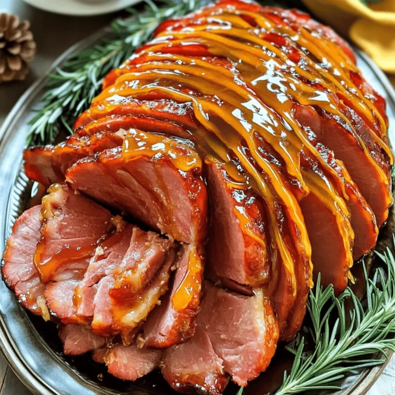 - 1 fully cooked bone-in ham (6-8 pounds) - 1 cup pure maple syrup - 1/2 cup brown sugar - 1/4 cup Dijon mustard - 1/4 cup apple cider vinegar - 1 teaspoon ground cinnamon - 1/2 teaspoon ground cloves - 1/2 teaspoon black pepper - 3 cups unsweetened apple juice - Fresh rosemary sprigs (optional garnish) For this recipe, I love to start with a fully cooked bone-in ham. It weighs between 6 to 8 pounds. This size gives you enough meat for a feast. The glaze is what makes this dish shine. It includes a full cup of pure maple syrup. The brown sugar adds sweetness, with half a cup making a big difference. Dijon mustard and apple cider vinegar bring tang and balance to the glaze. Each adds a unique note to the sweet flavors. I also use ground cinnamon, cloves, and black pepper. These spices add warmth and depth to the dish. Lastly, I pour in 3 cups of unsweetened apple juice. This keeps the ham moist as it cooks. Some fresh rosemary sprigs make a lovely garnish too. They add a pop of color and a hint of earthiness to the dish. Start by placing the ham flat side down in the slow cooker. Make sure it fits well and does not touch the lid. This allows the heat to circulate evenly around the ham. A proper fit ensures it cooks thoroughly and stays juicy. In a medium bowl, mix the maple syrup, brown sugar, Dijon mustard, apple cider vinegar, cinnamon, cloves, and black pepper. Use a whisk to combine everything until it is smooth. A smooth glaze coats the ham better and gives it a nice shine. The glaze brings sweet and savory notes to each bite. Pour the glaze over the ham, ensuring it covers all areas. Next, carefully add the apple juice around the ham, not over it. This keeps the ham moist during cooking. Cover the slow cooker and set it to low for 6 to 8 hours or high for 3 to 4 hours. The ham is ready when it is heated through and easy to slice. About every hour, use a basting brush to coat the ham with the cooking liquid. This adds extra flavor and enhances the shine of the glaze. Once cooked, remove the ham from the slow cooker and let it rest for 15 minutes. Resting helps the juices settle, making it easier to slice. Enjoy your delicious meal! To adjust spice levels, you can add more or less of cinnamon, cloves, or black pepper. If you want a spicier kick, try adding crushed red pepper flakes. For milder flavors, reduce the cloves or skip them entirely. You can also explore different types of mustard or vinegar. If you prefer a tangy taste, swap Dijon mustard for yellow mustard. For the vinegar, apple cider vinegar works well. You might also try balsamic vinegar for a richer flavor. To get a shiny finish on your ham, try this simple technique: brush the glaze on every hour while it cooks. This adds layers of flavor and helps the glaze stick. Basting often is key. Use a basting brush to coat the ham. The more you baste, the more flavor the ham absorbs. Plus, it will look beautiful when served. For the best side dishes, consider roasted vegetables or creamy mashed potatoes. They pair perfectly with the sweet ham. You can even serve green beans or a fresh salad for a balanced meal. When plating, arrange the sliced ham on a large platter. Drizzle the leftover glaze over the ham for a lovely shine. Garnish with fresh rosemary sprigs for a pop of color and aroma. This makes your meal not just tasty but also a feast for the eyes. {{image_2}} You can try different sweeteners for your glaze. Honey adds a nice floral note. Agave syrup gives a smooth sweetness. For those on a low-carb diet, consider using sugar-free maple syrup. This keeps the flavor while cutting calories. Not all hams are the same. Spiral-cut ham is easy to slice and serve. Boneless ham offers a tender texture. Adjust your cooking time based on the cut. A spiral-cut ham cooks faster than a bone-in one. Use a meat thermometer to check for doneness. Want to boost the taste? Add fruit juices like orange or pineapple. These juices add a sweet and tangy flair. Fresh herbs like rosemary or thyme can also elevate the dish. Citrus zest, such as lemon or lime, brightens the glaze. For a smoky touch, consider adding smoked paprika. These changes make the dish even more exciting! To keep your slow cooker maple brown sugar ham fresh, store it properly. First, let the ham cool to room temperature. Then, wrap it tightly in plastic wrap or foil. You can also place it in an airtight container. This helps to keep the flavors locked in. In the fridge, your ham lasts about 3 to 5 days. If you want to enjoy it longer, you might want to freeze it. Freezing your ham is simple. First, slice the ham into pieces. This makes it easier to use later. Next, wrap each slice in plastic wrap. Then, place the wrapped slices in a freezer-safe bag or container. Remove as much air as possible to prevent freezer burn. When you’re ready to eat the ham, thaw it in the fridge overnight. This keeps the flavors strong. For quicker thawing, you can place the sealed bag in cold water. Remember to cook it right after thawing for the best taste. You can tell when the ham is done by checking its warmth. The meat should feel hot all over. The best way is to use a meat thermometer. The internal temperature should reach 140°F (60°C). This ensures the ham is safely heated. Yes, you can cook the ham on high heat. However, it may affect the flavor and texture. Cooking on high can make the ham less juicy. If you choose high, cook it for 3-4 hours. This is quicker but might change the taste a bit. Leftover ham is great for many meals! You can make ham sandwiches or add it to soups. Try using it in a breakfast scramble with eggs. Another idea is to mix it into pasta dishes. These meals are quick and tasty. This blog post provided a clear guide to cooking a bone-in ham in a slow cooker. We explored key ingredients like maple syrup and apple juice, along with spices that enhance flavor. You learned step-by-step instructions for preparation, making glaze, and serving the ham perfectly. In the end, remember to try the tips for flavor and presentation. Feel free to experiment with variations to make this dish your own. Enjoy making this delicious ham, and relish the moments it brings to your table.