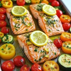 - 4 salmon fillets (about 6 ounces each) - 2 tablespoons olive oil - 2 lemons (one for zest and juice, one sliced into rounds) - 3 cloves garlic, minced - 1 teaspoon dried oregano - 1 teaspoon dried thyme - Salt and pepper to taste - 1 cup cherry tomatoes, halved - 1 large zucchini, sliced into half-moons - 1 bell pepper, sliced (red or yellow for a pop of color) - Fresh parsley for garnish The first step in making Sheet-Pan Lemon Herb Salmon & Veggies is gathering the ingredients. This dish is simple and fresh, perfect for a weeknight meal. Salmon fillets provide a rich source of protein. The olive oil adds healthy fats, while lemons bring brightness and flavor. Garlic, dried oregano, and thyme add depth to the dish. Cherry tomatoes, zucchini, and bell peppers are colorful and nutritious. They not only taste great but also provide vitamins and minerals. Fresh parsley adds a nice touch as a garnish. - Caloric content: Each serving of this dish has about 350 calories. - Macronutrient breakdown: You get around 30g of protein, 20g of healthy fats, and 15g of carbs. This meal is balanced and satisfying. It offers good protein, healthy fats, and plenty of veggies. Eating this dish helps you feel full and energized. 1. Preheating the oven and preparing the baking sheet First, you need to preheat your oven to 400°F (200°C). This step gets your oven ready for baking delicious salmon. Next, grab a large baking sheet and line it with parchment paper. This makes cleanup easy and keeps your food from sticking. 2. Whisking the lemon herb mixture In a small bowl, combine 2 tablespoons of olive oil, the juice and zest of one lemon, and 3 cloves of minced garlic. Add 1 teaspoon each of dried oregano and dried thyme. Season with salt and pepper to taste. Whisk this mixture well until everything blends nicely. This mix will add amazing flavor to your dish. 1. Placing salmon and vegetables on the sheet pan Take your salmon fillets and place them on one side of the prepared baking sheet. Make sure to leave enough space for the veggies. Now, brush the lemon herb mixture generously over the salmon. This will infuse it with great taste. 2. Drizzling and tossing the vegetables On the other side of the baking sheet, arrange 1 cup of halved cherry tomatoes, 1 sliced large zucchini, and 1 sliced bell pepper. Drizzle the remaining lemon herb mixture over the vegetables. Toss them gently to coat evenly. This step ensures every bite is full of flavor. 1. Baking time and visual indicators for doneness Now, it’s time to bake! Place the sheet pan in the preheated oven. Bake for 15-20 minutes. The salmon is done when it flakes easily with a fork and is cooked through. The veggies should be tender but still vibrant and colorful. This timing is key to a perfect meal. Enjoy the aromas and colors as you create this dish! To ensure perfect salmon texture, I recommend using fresh fillets. Fresh fish holds moisture better. If you can, choose wild-caught salmon for richer flavor and texture. Always check for doneness at 15 minutes. The salmon should flake easily with a fork. If it looks still raw, bake for a few more minutes. To avoid overcooked veggies, cut them into even sizes. This helps them cook evenly. I love using bell peppers, zucchini, and cherry tomatoes. They stay colorful and tender when baked. Also, toss the veggies in the lemon herb mixture before baking. This adds flavor while they cook. Keep an eye on them as they can cook faster than salmon. For presentation, serve directly from the sheet pan. It looks rustic and inviting. If you prefer, plate the salmon and veggies separately. Add lemon slices and parsley on top for color. Pair your meal with a light side salad. A simple green salad with vinaigrette works well. You can also serve with crusty bread to soak up the juices. For drinks, a crisp white wine like Sauvignon Blanc pairs nicely. If you want a non-alcoholic option, try sparkling water with lemon slices. It keeps the meal refreshing and light. {{image_2}} You can switch up the veggies in this dish. If you want, add broccoli, asparagus, or carrots. These options cook well on the sheet pan and taste great with the lemon herb mix. You can also try using snap peas or mushrooms for a different flavor and texture. For protein, salmon is amazing, but you can use chicken or shrimp instead. Chicken thighs or breasts work well, just make sure to adjust cooking time. Shrimp cooks fast, so check them at about 10 minutes. Both options will soak up the lemon herb flavors. Add more herbs and spices to boost flavor. Try fresh dill or basil for a bright taste. A pinch of red pepper flakes can add heat if you like spicy food. You can also use a bit of smoked paprika for a warm, smoky flavor. For sauces and toppings, consider a drizzle of balsamic glaze after baking. It adds sweetness and depth. A dollop of yogurt mixed with lemon zest and garlic can make a creamy topping. You can even serve with a sprinkle of feta or goat cheese for a tangy finish. After enjoying your Sheet-Pan Lemon Herb Salmon & Veggies, store leftovers properly. First, let the dish cool down. Place the salmon and veggies in an airtight container. This helps keep them fresh. You can store them in the fridge for up to three days. If you want to keep them longer, freeze the salmon and veggies. Make sure to use freezer-safe bags or containers. Label them with the date. This way, you will know when you made them. To enjoy your leftovers, reheating is key. The best way to reheat salmon is in the oven. Preheat your oven to 350°F (175°C). Place the salmon and veggies on a baking sheet. Cover them with foil to keep moisture in. Heat for about 10-15 minutes. You can also use a microwave if you’re in a hurry. Place the salmon and veggies on a microwave-safe plate. Heat in short bursts of 30 seconds, checking for warmth. Avoid overcooking, as this can dry out the salmon. How long does salmon need to cook? Salmon cooks quickly. Depending on the thickness, it takes about 15 to 20 minutes at 400°F (200°C). The fish is done when it flakes easily with a fork. Use a meat thermometer to check for a safe internal temperature of 145°F (63°C). Can I use frozen salmon? Yes, you can use frozen salmon. Just make sure to thaw it before cooking. Place the salmon in the fridge overnight or under cold running water for quicker thawing. Cooking time may slightly increase. What vegetables pair well with salmon? Many veggies work great with salmon. I love using cherry tomatoes, zucchini, and bell peppers. You can also try asparagus, broccoli, or green beans. They add color and taste to your dish. Can I make this dish in advance? You can prep the ingredients ahead of time. Chop your veggies and make the lemon herb mix. Store them in the fridge. When you’re ready, place the salmon and veggies on the sheet pan and bake. How can I adjust for dietary preferences? You can easily make this dish fit your needs. Use different proteins like chicken or tofu. Swap out veggies for those you prefer or have on hand. Adjust the herbs to match your taste. This blog post covered a simple, healthy salmon dish. We discussed ingredients like salmon, olive oil, and veggies. The steps included prep, cooking, and tips for optimal texture. You can create variations with different proteins or vegetables. Remember to store leftovers properly and reheat well. This meal lets you enjoy tasty, nutritious food with ease. I hope you find joy in making this dish for yourself and others!