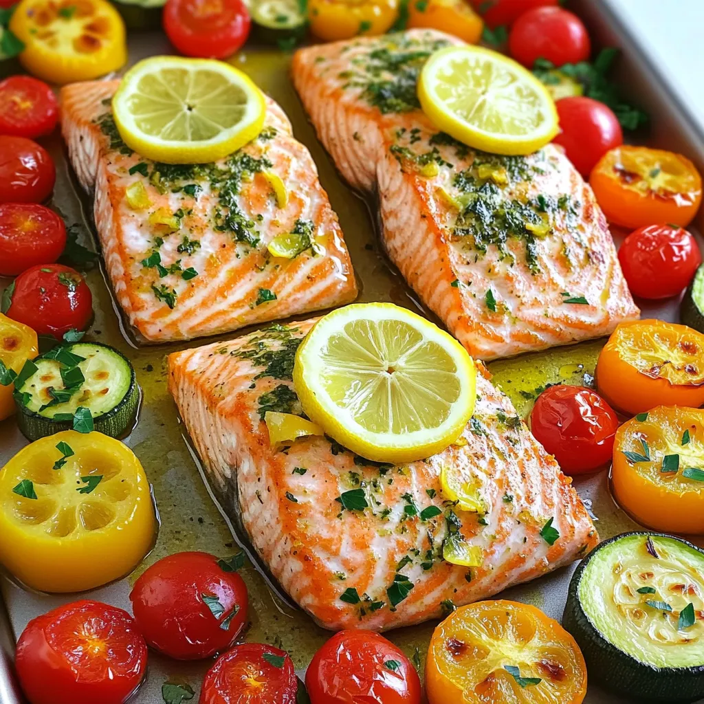 - 4 salmon fillets (about 6 ounces each) - 2 tablespoons olive oil - 2 lemons (one for zest and juice, one sliced into rounds) - 3 cloves garlic, minced - 1 teaspoon dried oregano - 1 teaspoon dried thyme - Salt and pepper to taste - 1 cup cherry tomatoes, halved - 1 large zucchini, sliced into half-moons - 1 bell pepper, sliced (red or yellow for a pop of color) - Fresh parsley for garnish The first step in making Sheet-Pan Lemon Herb Salmon & Veggies is gathering the ingredients. This dish is simple and fresh, perfect for a weeknight meal. Salmon fillets provide a rich source of protein. The olive oil adds healthy fats, while lemons bring brightness and flavor. Garlic, dried oregano, and thyme add depth to the dish. Cherry tomatoes, zucchini, and bell peppers are colorful and nutritious. They not only taste great but also provide vitamins and minerals. Fresh parsley adds a nice touch as a garnish. - Caloric content: Each serving of this dish has about 350 calories. - Macronutrient breakdown: You get around 30g of protein, 20g of healthy fats, and 15g of carbs. This meal is balanced and satisfying. It offers good protein, healthy fats, and plenty of veggies. Eating this dish helps you feel full and energized. 1. Preheating the oven and preparing the baking sheet First, you need to preheat your oven to 400°F (200°C). This step gets your oven ready for baking delicious salmon. Next, grab a large baking sheet and line it with parchment paper. This makes cleanup easy and keeps your food from sticking. 2. Whisking the lemon herb mixture In a small bowl, combine 2 tablespoons of olive oil, the juice and zest of one lemon, and 3 cloves of minced garlic. Add 1 teaspoon each of dried oregano and dried thyme. Season with salt and pepper to taste. Whisk this mixture well until everything blends nicely. This mix will add amazing flavor to your dish. 1. Placing salmon and vegetables on the sheet pan Take your salmon fillets and place them on one side of the prepared baking sheet. Make sure to leave enough space for the veggies. Now, brush the lemon herb mixture generously over the salmon. This will infuse it with great taste. 2. Drizzling and tossing the vegetables On the other side of the baking sheet, arrange 1 cup of halved cherry tomatoes, 1 sliced large zucchini, and 1 sliced bell pepper. Drizzle the remaining lemon herb mixture over the vegetables. Toss them gently to coat evenly. This step ensures every bite is full of flavor. 1. Baking time and visual indicators for doneness Now, it’s time to bake! Place the sheet pan in the preheated oven. Bake for 15-20 minutes. The salmon is done when it flakes easily with a fork and is cooked through. The veggies should be tender but still vibrant and colorful. This timing is key to a perfect meal. Enjoy the aromas and colors as you create this dish! To ensure perfect salmon texture, I recommend using fresh fillets. Fresh fish holds moisture better. If you can, choose wild-caught salmon for richer flavor and texture. Always check for doneness at 15 minutes. The salmon should flake easily with a fork. If it looks still raw, bake for a few more minutes. To avoid overcooked veggies, cut them into even sizes. This helps them cook evenly. I love using bell peppers, zucchini, and cherry tomatoes. They stay colorful and tender when baked. Also, toss the veggies in the lemon herb mixture before baking. This adds flavor while they cook. Keep an eye on them as they can cook faster than salmon. For presentation, serve directly from the sheet pan. It looks rustic and inviting. If you prefer, plate the salmon and veggies separately. Add lemon slices and parsley on top for color. Pair your meal with a light side salad. A simple green salad with vinaigrette works well. You can also serve with crusty bread to soak up the juices. For drinks, a crisp white wine like Sauvignon Blanc pairs nicely. If you want a non-alcoholic option, try sparkling water with lemon slices. It keeps the meal refreshing and light. {{image_2}} You can switch up the veggies in this dish. If you want, add broccoli, asparagus, or carrots. These options cook well on the sheet pan and taste great with the lemon herb mix. You can also try using snap peas or mushrooms for a different flavor and texture. For protein, salmon is amazing, but you can use chicken or shrimp instead. Chicken thighs or breasts work well, just make sure to adjust cooking time. Shrimp cooks fast, so check them at about 10 minutes. Both options will soak up the lemon herb flavors. Add more herbs and spices to boost flavor. Try fresh dill or basil for a bright taste. A pinch of red pepper flakes can add heat if you like spicy food. You can also use a bit of smoked paprika for a warm, smoky flavor. For sauces and toppings, consider a drizzle of balsamic glaze after baking. It adds sweetness and depth. A dollop of yogurt mixed with lemon zest and garlic can make a creamy topping. You can even serve with a sprinkle of feta or goat cheese for a tangy finish. After enjoying your Sheet-Pan Lemon Herb Salmon & Veggies, store leftovers properly. First, let the dish cool down. Place the salmon and veggies in an airtight container. This helps keep them fresh. You can store them in the fridge for up to three days. If you want to keep them longer, freeze the salmon and veggies. Make sure to use freezer-safe bags or containers. Label them with the date. This way, you will know when you made them. To enjoy your leftovers, reheating is key. The best way to reheat salmon is in the oven. Preheat your oven to 350°F (175°C). Place the salmon and veggies on a baking sheet. Cover them with foil to keep moisture in. Heat for about 10-15 minutes. You can also use a microwave if you’re in a hurry. Place the salmon and veggies on a microwave-safe plate. Heat in short bursts of 30 seconds, checking for warmth. Avoid overcooking, as this can dry out the salmon. How long does salmon need to cook? Salmon cooks quickly. Depending on the thickness, it takes about 15 to 20 minutes at 400°F (200°C). The fish is done when it flakes easily with a fork. Use a meat thermometer to check for a safe internal temperature of 145°F (63°C). Can I use frozen salmon? Yes, you can use frozen salmon. Just make sure to thaw it before cooking. Place the salmon in the fridge overnight or under cold running water for quicker thawing. Cooking time may slightly increase. What vegetables pair well with salmon? Many veggies work great with salmon. I love using cherry tomatoes, zucchini, and bell peppers. You can also try asparagus, broccoli, or green beans. They add color and taste to your dish. Can I make this dish in advance? You can prep the ingredients ahead of time. Chop your veggies and make the lemon herb mix. Store them in the fridge. When you’re ready, place the salmon and veggies on the sheet pan and bake. How can I adjust for dietary preferences? You can easily make this dish fit your needs. Use different proteins like chicken or tofu. Swap out veggies for those you prefer or have on hand. Adjust the herbs to match your taste. This blog post covered a simple, healthy salmon dish. We discussed ingredients like salmon, olive oil, and veggies. The steps included prep, cooking, and tips for optimal texture. You can create variations with different proteins or vegetables. Remember to store leftovers properly and reheat well. This meal lets you enjoy tasty, nutritious food with ease. I hope you find joy in making this dish for yourself and others!