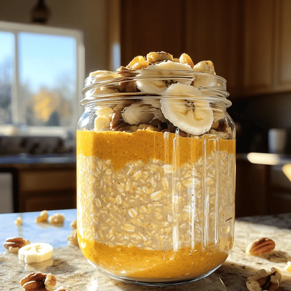 To make Pumpkin Spice Overnight Oats with Chia, gather these simple ingredients: - 1 cup rolled oats - 1 cup almond milk (or any milk of your choice) - 1/2 cup canned pumpkin puree - 2 tablespoons chia seeds - 2 tablespoons almond butter - 1 tablespoon maple syrup (or honey) - 1 teaspoon pumpkin spice mix - 1/2 teaspoon vanilla extract - Pinch of salt - Optional toppings: sliced bananas, nuts, or seeds These ingredients work together to create a rich and tasty breakfast. The rolled oats serve as a hearty base. Almond milk gives it a creamy texture. Canned pumpkin adds flavor and nutrition. Chia seeds boost fiber and protein. Almond butter brings healthy fats. Sweeteners like maple syrup or honey enhance the taste. Pumpkin spice mix provides that warm autumn flavor. Vanilla extract adds depth, while salt balances everything. You can also customize your oats. Add toppings like sliced bananas or nuts for extra crunch and taste. This dish is not just easy to make; it's also a fun way to enjoy the flavors of fall. Each bite will remind you of pumpkin pie, but it's healthy! - Mixing the ingredients Start by grabbing a mixing bowl. Add 1 cup of rolled oats. Pour in 1 cup of almond milk. Next, add 1/2 cup of canned pumpkin puree. Toss in 2 tablespoons of chia seeds and 2 tablespoons of almond butter. Then, mix in 1 tablespoon of maple syrup, 1 teaspoon of pumpkin spice, and 1/2 teaspoon of vanilla extract. Finally, add a pinch of salt. Stir well until everything blends together nicely. - Dividing into jars Now, take your mixture and divide it into individual jars. You can use small glass jars or any container with a lid. Make sure to fill them evenly. This recipe makes about 2 to 3 servings, so you should have enough for a few meals. - Refrigeration procedures After filling the jars, seal them tightly. Place them in the fridge overnight. This allows the oats to soak up the liquid and soften. If you are short on time, let them chill for at least 4 hours. - How to enjoy pumpkin spice overnight oats In the morning, take the jars out of the fridge. Give the oats a good stir. If they seem too thick, add a splash of almond milk to reach your desired consistency. You can enjoy them cold or warmed up. - Tips for warming up the oats If you want to warm them up, simply transfer the oats to a bowl. Heat them in the microwave for about 30 seconds to 1 minute. Stir halfway through. This will make them nice and cozy. Feel free to top your oats with sliced bananas, nuts, or seeds for extra flavor and texture! To make your pumpkin spice overnight oats just right, adjust the sweetness and flavor to your liking. Some love it sweeter, while others prefer a milder taste. You can add more maple syrup or honey if you want it sweeter. On the flip side, cut back if you want a less sweet dish. Using chia seeds correctly is key. They swell and help thicken your oats. I recommend using two tablespoons, as this adds a nice boost in fiber and nutrients. You can mix them in well with the oats to avoid clumping. The ingredients in this recipe offer great health perks. Rolled oats provide fiber, which helps with digestion. They keep you full longer, making them perfect for breakfast. Chia seeds are tiny powerhouses. They are rich in omega-3 fatty acids and protein. Adding them gives your oats an extra boost. Almond butter also packs a punch. It adds healthy fats and protein, which are great for energy. It makes the oats creamy and delicious, too. By using these ingredients, you create a meal that is tasty and nutritious. {{image_2}} You can change the nut butter for more flavor. Try peanut butter or cashew butter. Each nut butter adds a unique taste. If you want a nut-free option, use sunflower seed butter. Sweeteners also have many choices. Maple syrup is great, but honey works well too. You can also try agave syrup or stevia for a lower-calorie choice. Each sweetener changes the taste slightly, so experiment to find your favorite. Fall flavors can brighten your oats. Add cinnamon or nutmeg to enhance the spice. You can even mix in a bit of apple pie spice for a twist. Fruit toppings can change with the season. In fall, use sliced apples or pears. In winter, try pomegranate seeds or citrus slices. Fresh fruit gives a fun crunch and brightness to your oats. To keep your pumpkin spice overnight oats fresh, use airtight containers. Glass jars work best. They help keep the oats from drying out. Before sealing, make sure the mixture is cool. This prevents condensation inside the lid. Your oats will last in the fridge for up to five days. This makes them great for meal prep. Just remember to give them a stir before enjoying. If they are too thick, add a splash of almond milk. You can easily scale this recipe for batch preparation. Just double or triple the ingredients. This way, you have a tasty breakfast ready for several days. For optimal storage, use containers with tight-fitting lids. This keeps the oats fresh for longer. Consider using mason jars for a fun touch. They are easy to grab and go! Can I use regular milk instead of almond milk? Yes, you can use regular milk. Whole, skim, or any milk works well. Each type adds a different taste. Almond milk gives a nutty flavor, while dairy milk is creamy. Choose what you like best. How long can you keep overnight oats in the fridge? You can keep them in the fridge for up to five days. They last a long time because they are sealed in jars. If you see any change in smell or color, throw them away. Always check before eating. Can I use instant oats for this recipe? Yes, but the texture will change. Instant oats cook faster and may become mushy. They can still taste good, just different. If you prefer a chewier bite, stick with rolled oats. What to do if oats are too thick or too runny? If your oats are too thick, add a splash of almond milk. Stir it in until you reach your desired texture. For runny oats, add a bit more rolled oats or chia seeds. Let them sit for a few minutes to thicken. How to enhance flavor if needed? If you want more flavor, try adding extra maple syrup or a dash of vanilla extract. You can also sprinkle in more pumpkin spice mix. Toppings like nuts or sliced bananas add fun flavor and texture too. In this blog post, we explored how to make delicious pumpkin spice overnight oats. First, we detailed all the ingredients you'll need, like rolled oats, pumpkin puree, and chia seeds. Then, I shared easy steps to mix, divide, and refrigerate. We also discussed tips for perfecting your oats and the health benefits of key ingredients. Customizations and storage tips help you enjoy these oats longer. Try this fun, healthy breakfast. The flavors will boost your day and keep you satisfied!