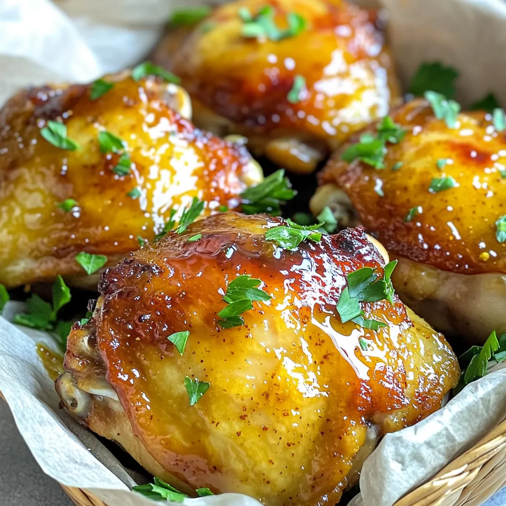 - 4 bone-in, skin-on chicken thighs - 3 tablespoons honey - 2 tablespoons Dijon mustard - 1 tablespoon olive oil - 1 teaspoon garlic powder - 1 teaspoon onion powder - 1 teaspoon smoked paprika - Salt and pepper to taste The main ingredients for Air Fryer Honey Mustard Chicken Thighs create a delightful dish. Chicken thighs are juicy and full of flavor. The honey and mustard blend gives a perfect sweet and tangy taste. Olive oil adds richness, while garlic powder and onion powder enhance the overall flavor. Smoked paprika gives a touch of warmth and color. Don’t forget to add salt and pepper to bring it all together. - Fresh parsley Fresh parsley is an excellent choice for garnish. It adds a pop of color and a fresh taste. This simple touch can elevate your dish and make it look beautiful on the plate. Plus, it’s easy to sprinkle on just before serving. If you want to impress, using fresh herbs is always a good idea. Start by whisking together the ingredients. In a small bowl, mix 3 tablespoons of honey, 2 tablespoons of Dijon mustard, 1 tablespoon of olive oil, 1 teaspoon of garlic powder, 1 teaspoon of onion powder, and 1 teaspoon of smoked paprika. Add salt and pepper to taste. Whisk until the mix is smooth and well combined. Marinating the chicken is key. Place the chicken thighs in a mixing bowl and pour the honey mustard mixture over them. Rub the marinade into the chicken, ensuring every piece is well coated. Let it sit for at least 30 minutes. For the best flavor, marinate overnight in the fridge. Preheat your air fryer to 380°F (190°C) for about 5 minutes. This step ensures even cooking and crispy skin. After preheating, arrange the marinated chicken in the air fryer basket. Place the thighs skin side up in a single layer. Avoid overcrowding to allow hot air to circulate. Cook the chicken thighs for 25-30 minutes. Flip them halfway through to ensure they cook evenly. Check the internal temperature; it should reach 165°F (74°C) and the skin should be golden brown. After cooking, remove the chicken thighs from the air fryer. Let them rest for about 5 minutes. Resting helps the juices settle, making the chicken moist and tender. Garnish with chopped fresh parsley if you like. This adds a pop of color and freshness to your dish. Now, enjoy your Air Fryer Honey Mustard Chicken Thighs! To get that perfect crispy skin, start by patting the chicken thighs dry with paper towels. This step removes excess moisture that can make the skin soggy. Next, cook the thighs skin side up in a single layer in your air fryer. This allows hot air to circulate all around the chicken for even cooking. Flip the thighs halfway through to help them brown nicely. Marinating chicken thighs overnight makes a huge difference. It lets the flavors soak deep into the meat, making each bite delicious. If you want to add more flavor, consider using different spices. Herbs like thyme or rosemary can give a fresh twist. You can also add a pinch of cayenne pepper for a little heat. If your chicken comes out undercooked, don't worry! Simply return it to the air fryer and cook for a few more minutes. Always check the internal temperature. It should reach 165°F (74°C) for safe eating. To ensure even cooking, avoid overcrowding the basket. Give each piece space to cook properly. {{image_2}} You can use different cuts of chicken for this dish. Bone-in, skin-on thighs give great flavor and crispness. They stay juicy and tender during cooking. If you prefer, boneless thighs work too. They cook quicker but may be less juicy. You can also swap in chicken breasts. They are leaner and still taste great with the honey mustard sauce. Just be careful not to overcook them. Check their temperature often. The honey mustard sauce is very flexible. You can try different mustard types. Spicy brown mustard adds a nice kick. Whole grain mustard gives a fun texture. You can even use sweet mustard for a different flavor. Want more spice? Add your favorite hot sauce. A dash of sriracha or red pepper flakes can heat things up. You can also add fresh herbs like rosemary or thyme for a fresh taste. You can make low-calorie versions of this dish. Use less honey or opt for a sugar-free honey substitute. This keeps the flavor while cutting calories. For gluten-free options, ensure your mustard is gluten-free. Many brands offer gluten-free choices. Also, check the seasoning to avoid hidden gluten. This way, everyone can enjoy the meal. After enjoying your air fryer honey mustard chicken thighs, it's key to store leftovers properly. First, let the chicken cool down to room temperature. Then, place the chicken in an airtight container. This helps keep it fresh. I recommend using glass or plastic containers with tight lids. They prevent air from getting in and keep your chicken tasty. If you want to save some for later, freezing is a great option. Wrap each chicken thigh in plastic wrap tightly. Then, place them in a freezer-safe bag or container. Try to remove as much air as possible. To reheat, take the chicken out of the freezer and thaw it in the fridge overnight. For best results, heat it in the air fryer at 350°F (175°C) for about 10-15 minutes. This keeps the skin crispy. Refrigerated chicken thighs last about 3-4 days. If you freeze them, they can stay good for about 3 months. Remember to check for signs of spoilage. Look for off smells or a slimy texture. If you see either, it's best to throw it out. Keeping track of your food will help you enjoy every bite! Yes, you can use frozen chicken thighs. Thaw them before cooking for best results. You can thaw them by placing them in the fridge overnight. If you need it done faster, use the cold water method. Seal the chicken in a bag and submerge it in cold water for about an hour. Chicken thighs should reach an internal temperature of 165°F (74°C). This ensures that harmful bacteria are killed, making the chicken safe to eat. Using a meat thermometer is the best way to check this. Insert it into the thickest part of the thigh, avoiding the bone. You can check if the chicken is done by using a meat thermometer. If it reads 165°F (74°C), it’s done. You can also look for visual cues. The juices should run clear, and the skin should be golden brown and crispy. Yes, you can make this recipe ahead of time. You can marinate the chicken thighs and store them in the fridge. This helps the flavors soak in. You can also cook the chicken ahead and store it in the fridge for up to four days. Just reheat it before serving. This guide covered juicy chicken thighs, honey mustard marinade, and cooking tips. You learned how to prepare, cook, and serve chicken that bursts with flavor. Remember the importance of marinating and the right cooking techniques for crispy skin. Don't shy away from experimenting with sauces or different chicken cuts. With these tools, you can create a delicious meal every time. Enjoy your cooking journey and feel proud of your tasty results!