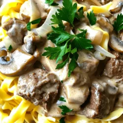- 2 lbs beef chuck, cut into bite-sized pieces - 1 onion, finely chopped - 3 cloves garlic, minced - 8 oz mushrooms, sliced - 4 cups beef broth - 1 cup sour cream - 2 tablespoons Worcestershire sauce - 2 tablespoons Dijon mustard - 1 teaspoon dried thyme - 1 teaspoon paprika - 2 tablespoons olive oil - Salt and pepper to taste - 8 oz egg noodles, cooked (for serving) - Fresh parsley, chopped (for garnish) Each ingredient plays a key role. The beef chuck gives a rich flavor and tenderness. Onions and garlic add depth. Mushrooms bring an earthy taste. Beef broth keeps everything moist. Sour cream adds creaminess. Worcestershire and Dijon mustard enhance the flavor. Thyme and paprika give warmth. Olive oil helps sauté the veggies. Egg noodles serve as a hearty base. Finally, parsley adds a fresh pop of color. When you gather these ingredients, you set the stage for a meal that warms the soul. Each bite offers comfort, making this dish a true classic. Sautéing Onions and Garlic Start by heating 2 tablespoons of olive oil in a large skillet. Add 1 finely chopped onion. Sauté the onion for about 5 minutes until it turns soft and clear. Next, add 3 minced garlic cloves and cook for 1 more minute. This step adds great flavor to your dish. Cooking the Mushrooms Now, add 8 ounces of sliced mushrooms to the skillet. Sauté the mushrooms for about 4 minutes until they become tender. This makes the mushrooms juicy and flavorful. Combining Ingredients in the Slow Cooker After cooking, transfer the sautéed onions, garlic, and mushrooms into your slow cooker. Then, add 2 pounds of bite-sized beef chuck. Pour in 4 cups of beef broth and mix in 2 tablespoons of Worcestershire sauce, 2 tablespoons of Dijon mustard, 1 teaspoon of dried thyme, 1 teaspoon of paprika, salt, and pepper. Stir everything well to combine. Setting the Slow Cooker Cover your slow cooker with a lid. If you want a slow cook, set it on low heat. For a faster option, set it on high heat. Timing for Low and High Heat Cook on low for 6 to 8 hours. If you use high heat, cook for 3 to 4 hours. The meat is ready when it is tender and easy to shred. Adding Sour Cream About 30 minutes before serving, stir in 1 cup of sour cream. Mix it well until fully blended. This adds creaminess and richness to your stroganoff. Serving Suggestions Serve the beef stroganoff over cooked egg noodles. Use 8 ounces of noodles for a hearty meal. Top it off with fresh chopped parsley for a nice touch. Enjoy your comforting dish! Choosing the Right Cut of Beef To make beef stroganoff, I recommend using beef chuck. This cut has enough fat to keep it juicy and tender. It cooks well in the slow cooker, making it perfect for this dish. If you want a leaner option, sirloin works too, but it may not be as tender. Enhancing the Sauce For a richer sauce, add a splash of red wine to the broth. You can also stir in some fresh herbs like thyme or rosemary. This adds depth and makes the dish more flavorful. Don't forget to taste the sauce and adjust salt and pepper before serving. Pre-cooking Ingredients Sautéing the onions, garlic, and mushrooms before adding them to the slow cooker boosts the flavor. This step takes just a few minutes but makes a big difference. It helps release their natural sugars and adds a nice base to the dish. Adjusting Cook Time for Different Slow Cookers Slow cookers vary in heat levels. If you have a newer model, it may cook faster. Check your beef after about 5 hours on low or 3 hours on high. You want the beef to be fork-tender but not overcooked. Adjust the time as needed. Garnishing Suggestions Adding fresh parsley on top gives a nice color contrast. It also adds a fresh flavor to the rich dish. You can chop it finely or leave the sprigs whole for a rustic look. Serving Over Noodles Egg noodles are the classic choice for beef stroganoff. They soak up the sauce nicely. Cook them just before serving so they are warm and ready. You can also use rice or mashed potatoes if you prefer. {{image_2}} Using Different Cuts of Meat You can use other cuts of beef for this dish. Sirloin or brisket can work well. Each cut offers a unique flavor. The key is to choose meat that becomes tender with slow cooking. Vegetarian Adaptations For a meatless version, replace beef with mushrooms or jackfruit. Use vegetable broth to add depth. Add lentils for protein and texture. This way, you still get a rich and hearty meal. Adding Spices or Herbs Spice things up by adding more herbs. Try rosemary or oregano for a fresh twist. A pinch of cayenne can give it a little heat. Experiment and find your favorite combination. Incorporating Additional Vegetables Feel free to add more veggies to your stroganoff. Carrots, peas, or bell peppers can add color and flavor. Just chop them small so they cook well in the slow cooker. Serving with Rice or Mashed Potatoes While egg noodles are classic, rice or mashed potatoes are great too. They soak up the sauce nicely. This makes every bite flavorful and satisfying. Creative Garnishes Top your dish with crispy onions or a sprinkle of cheese. Fresh herbs like chives or thyme can also elevate the look. These small touches can make your meal feel gourmet. To keep your beef stroganoff fresh, store leftovers in the fridge. Use an airtight container. It will stay good for about 3 to 4 days. Let it cool down before sealing it up. If you want to save it for longer, freezing is a great option. Pour the stroganoff into freezer-safe bags or containers. Make sure to remove as much air as possible to prevent freezer burn. This meal can last up to 3 months in the freezer. When it is time to enjoy those tasty leftovers, reheating is easy. The best way is to use a saucepan on the stove. Heat it over medium-low heat. Stir it often to avoid burning. You can also use a microwave. Place the stroganoff in a microwave-safe bowl. Heat it for about 2 to 3 minutes. Stir halfway through. Make sure it's hot all the way through. In the refrigerator, your beef stroganoff will last about 3 to 4 days. Always check for bad smells or changes in color before eating. If you freeze it, it can last for about 3 months. However, for the best taste, try to eat it within 1 to 2 months. Always label your containers with the date you froze them for easy tracking. You can prepare Slow Cooker Beef Stroganoff ahead of time. Meal prep saves time on busy days. To do this, follow these steps: - Chop Ingredients: Cut your beef, onions, and mushrooms the day before. - Store Properly: Place the chopped items in airtight containers in the fridge. - Mix Ingredients: You can also mix the beef broth, Worcestershire sauce, and spices in a separate bowl. This helps you save time. - Cook Later: When ready, just combine everything in your slow cooker and cook. Thickening the sauce is easy and can enhance the dish. Here are some helpful tips for thickening: - Cornstarch Slurry: Mix equal parts cornstarch and cold water. Stir this into the sauce about 30 minutes before serving. - Flour: You can sprinkle flour directly into the slow cooker. Stir well and let it cook for a bit. - Reduce Liquid: If you want a thicker sauce, you can cook it longer with the lid off to let some liquid evaporate. Yes, there are several alternatives to sour cream. Here are some options: - Greek Yogurt: This gives a similar creamy texture and tangy taste. - Cream Cheese: You can soften cream cheese and mix it in for richness. - Cottage Cheese: Blend cottage cheese until smooth for a lighter option. Beef stroganoff is not gluten-free due to egg noodles. However, you can make it gluten-free by: - Choosing Gluten-Free Noodles: Use rice noodles or gluten-free pasta. - Checking Sauces: Ensure your Worcestershire sauce is gluten-free. - Thickening with Cornstarch: This is a gluten-free option to thicken your sauce. This blog post covered everything you need to make Slow Cooker Beef Stroganoff. We talked about key ingredients, step-by-step cooking, and helpful tips. You gained useful insights on variations and storage, too. Now, you can enjoy a flavorful meal that suits your taste. Remember, cooking is about creativity and fun. So, experiment with different flavors and enjoy the process. You’ll impress your family and friends with your delicious results.