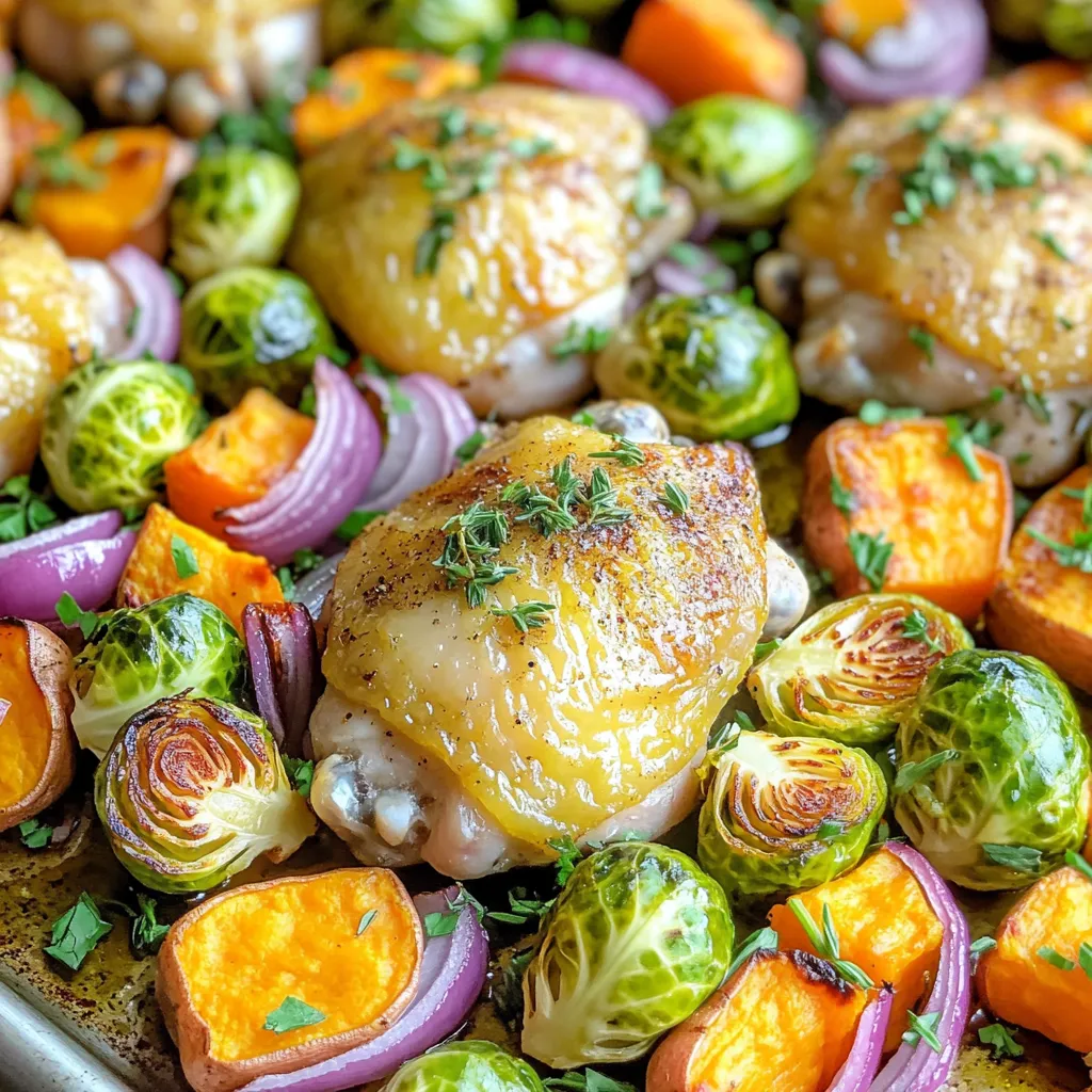 - 4 bone-in, skin-on chicken thighs - 2 medium sweet potatoes, peeled and cubed - 1 cup Brussels sprouts, halved - 1 red onion, cut into wedges - 3 cloves garlic, minced These key ingredients make this dish special. Chicken thighs are juicy and flavorful. Sweet potatoes add a natural sweetness and vibrant color. Brussels sprouts provide a nice crunch, while red onion brings a touch of sharpness. Garlic adds aroma and depth to the dish. - 3 tablespoons olive oil - 2 teaspoons dried thyme - 1 teaspoon paprika - Salt and pepper to taste The right seasonings make this meal shine. Olive oil helps to crisp the chicken skin. Dried thyme adds an earthy flavor. Paprika gives a subtle smokiness. Salt and pepper enhance all the tastes. - Fresh parsley Fresh parsley is a great garnish. It adds color and a fresh taste. Just sprinkle it on top right before serving. This tiny touch makes the dish look beautiful and inviting. Set your oven to 425°F (220°C). This high heat helps the chicken and veggies cook perfectly. In a large bowl, combine: - 2 medium sweet potatoes, peeled and cubed - 1 cup Brussels sprouts, halved - 1 red onion, cut into wedges Drizzle with 2 tablespoons of olive oil. Add salt, pepper, and 1 teaspoon of dried thyme. Toss everything until well coated. This step makes the veggies full of flavor. In another bowl, take: - 4 bone-in, skin-on chicken thighs Add the remaining olive oil, 3 cloves of minced garlic, 1 teaspoon of paprika, and the remaining thyme. Season with salt and pepper. Mix well to coat the chicken. This seasoning gives the chicken a tasty crust. On a large baking sheet, spread the vegetable mix in a single layer. Place the seasoned chicken thighs on top, skin side up. This arrangement allows the chicken juices to flavor the veggies as they cook. Roast everything in the preheated oven for about 35-40 minutes. Check to see if the chicken is golden brown and cooked through. The internal temperature should reach 165°F (74°C). If you want extra crispiness, broil on high for the last 2-3 minutes. This will make the skin nice and crunchy. Remove from the oven, let it rest for 5 minutes, and garnish with fresh parsley before serving. To get crispy chicken skin, start with bone-in, skin-on thighs. The skin holds moisture and flavors. Pat the skin dry with a paper towel. This helps it crisp up nicely. Season the chicken well with salt and pepper. The salt draws out moisture, making it crispier. Use the broiling technique for extra crunch. After roasting, switch the oven to broil for 2-3 minutes. Keep an eye on the chicken. This step gives it a golden finish. Want more flavor? Add fresh herbs like rosemary or thyme. You can also try smoked paprika for a deeper taste. If you like spice, a pinch of cayenne pepper works great. Consider adding lemon zest for a bright twist. Mix these in with your olive oil when seasoning the chicken. For a rustic look, serve right from the sheet pan. This makes it feel homemade and warm. If you prefer, plate the chicken and veggies on individual dishes. Arrange them nicely for a beautiful spread. A sprinkle of fresh parsley on top adds color and freshness. You can even add a lemon wedge for a zesty touch. {{image_2}} You can swap out vegetables based on what you have. Try using carrots or butternut squash. Both add great taste and color. Zucchini works well too, but add it later to avoid mushiness. Cauliflower or broccoli can also be nice choices. These veggies cook well and add unique flavors to the dish. Feel free to use other cuts of chicken. Chicken breasts are leaner and cook faster. If you like dark meat, use chicken drumsticks for a juicier bite. You can also try turkey thighs or even pork tenderloin. Just keep an eye on cooking times, as they may vary. For a meat-free option, use chickpeas or tofu. They’ll soak up the flavors and add protein. If you need gluten-free options, this recipe already fits the bill. Use gluten-free seasonings and check your olive oil. For low-carb variations, skip the sweet potatoes. You can use riced cauliflower or extra Brussels sprouts instead. This keeps the meal tasty and healthy without carbs. Whether you choose veggies or proteins, these swaps keep your dish exciting! To store leftovers, let the dish cool first. Place chicken and veggies in an airtight container. Keep it in the fridge for up to three days. This helps keep flavors fresh. When ready to eat, check if it still smells good. You can freeze this dish too. Use a freezer-safe container or bag. Make sure to label it with the date. It will last for about three months. For best taste, freeze right after cooking. Avoid freezing if you have already reheated. To safely reheat, first, thaw in the fridge overnight. Use an oven or microwave. If using the oven, set it to 350°F (175°C). Heat for 20-25 minutes, until warm. Check that chicken reaches 165°F (74°C). Use a meat thermometer for best results. Yes, you can use boneless chicken thighs. They cook faster than bone-in thighs. Adjust the cooking time to about 25-30 minutes. Make sure to check the internal temperature. It should reach 165°F (74°C) to be safe to eat. Boneless thighs can still be juicy and flavorful. Just remember to watch them closely to prevent overcooking. You can serve many tasty sides with this dish. Here are some great options: - Steamed green beans - Quinoa or rice - A fresh garden salad - Roasted carrots - Mashed potatoes These sides will complement the flavors of the chicken and veggies nicely. You can mix and match based on what you like. To check if the chicken is done, use a meat thermometer. Insert it into the thickest part of the thigh. It should read 165°F (74°C). If you don’t have a thermometer, cut into the chicken. The juices should run clear, not pink. Checking the chicken helps ensure it is safe to eat and delicious. This recipe covered key ingredients like chicken thighs and sweet potatoes. You learned step-by-step instructions, along with tips for crispiness and flavor. We explored variations for different diets and how to store leftovers. Now you can make a tasty, healthy meal with ease. Remember, cooking should be fun and rewarding. I hope you try this dish and enjoy every bite!