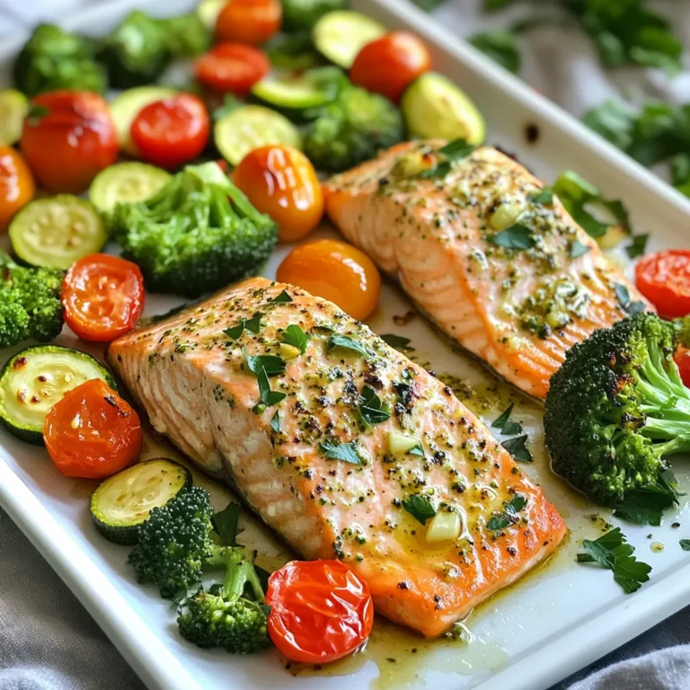 - 4 salmon fillets - 1 cup cherry tomatoes - 1 medium zucchini, sliced - 1 red bell pepper, chopped - 1 cup broccoli florets - 1 lemon (zested and juiced) - Fresh parsley for garnish - 2 tablespoons olive oil - 2 garlic cloves, minced - 1 teaspoon dried oregano - 1 teaspoon dried thyme - Salt and pepper to taste First, preheat your oven to 400°F (200°C). This step is key for even cooking. Line a baking sheet with parchment paper. It makes cleanup quick and easy. In a small bowl, mix together olive oil, lemon juice, lemon zest, minced garlic, oregano, thyme, salt, and pepper. This mixture gives the salmon a fresh, zesty flavor. It also enhances the veggies. Place the salmon fillets on the prepared baking sheet. Brush the lemon herb mixture over each fillet. Do not forget to save some of the mixture for the veggies. In a separate bowl, toss the cherry tomatoes, zucchini, red bell pepper, and broccoli with the remaining lemon herb blend. Spread the veggies around the salmon evenly. Put the baking sheet in the oven. Bake for 15-20 minutes. The salmon should flake easily with a fork, and the veggies will be tender. If you want a nice char, broil for 1-2 minutes at the end. This adds a lovely finish to both the salmon and the veggies. How do you tell when salmon is done? Look for the fish to change from dark pink to light pink. You can also check with a fork. If the fish flakes easily, it is done. Cook the salmon for about 15-20 minutes at 400°F (200°C). If you want a crispy top, broil for 1-2 minutes at the end. This adds a nice char and flavor. What are the best veggies for roasting? I like to use cherry tomatoes, zucchini, red bell pepper, and broccoli. These vegetables cook well together. They get tender and sweet in the oven. You can also try carrots, Brussels sprouts, or asparagus. Make sure to cut them into similar sizes. This helps them cook evenly. What sides go best with this dish? This salmon and veggies pair well with rice or quinoa. A fresh salad adds crunch and color. You can also serve it with crusty bread to soak up the juices. A dollop of yogurt or tzatziki can add a nice cool touch. You can swap out salmon for other fish. Cod or trout works well. If you want a meat option, chicken breasts are a great choice. For veggies, use what you have. Asparagus, carrots, or sweet potatoes are tasty alternatives. Just cut them into similar sizes. This way, everything cooks evenly. Want to change up the taste? Try adding spices like paprika or cumin. Adding a splash of soy sauce can give it a nice kick. You can also toss in fresh herbs like basil or dill for a fresh twist. If you love heat, a pinch of red pepper flakes can spice things up. Mix it up to find your favorite combo! If baking isn’t your style, try grilling the salmon outside. It adds a smoky flavor. Just brush the salmon with the lemon herb mix and grill for about 6-8 minutes. You can also pan-sear the salmon in a skillet. Heat some olive oil, cook it on high for a few minutes, then finish in the oven. Both methods keep the salmon juicy and delicious. {{image_2}} To keep your leftovers fresh, place them in an airtight container. Make sure to cool the salmon and veggies to room temperature before sealing. Store them in the fridge for up to three days. Label the container with the date. This way, you know when to eat it. When reheating, avoid dry salmon. Use the oven or a skillet for the best results. Preheat your oven to 350°F (175°C). Place the salmon and veggies on a baking sheet. Cover with foil to keep moisture in. Heat for about 10-15 minutes. If using a skillet, add a splash of water and cover it. This method helps keep the dish juicy. Yes, you can freeze this dish! First, let it cool completely. Then, wrap the salmon and veggies tightly in plastic wrap. Place them in a freezer-safe bag. Label the bag with the date. You can freeze it for up to three months. To thaw, move it to the fridge overnight before reheating. You can tell when salmon is cooked by looking for a few signs. The salmon should change from a bright pink to a pale, opaque color. When you poke it with a fork, it should flake easily. You can also use a food thermometer. The safe internal temperature for salmon is 145°F (63°C). If you have that, you are good to go! Yes, you can use frozen salmon for this dish. Just make sure to thaw it first. To thaw, place the salmon in the fridge overnight or put it in a sealed bag and submerge it in cold water for about an hour. After thawing, follow the same cooking steps in the recipe. The cooking time may be a little longer, so check for doneness before serving. You can swap out the vegetables for any you like. Try asparagus, green beans, or carrots for a twist. Cauliflower, sweet potatoes, or even corn can work well too. Just cut them into similar sizes for even cooking. Roasting any of these will still give you that tasty, caramelized flavor. This dish is not spicy at all. The lemon and herbs bring fresh, bright flavors. If you like a bit of heat, you can add crushed red pepper flakes to the lemon herb mixture. Start with a pinch and taste it first. You can always add more if you want extra spice! This blog post showed you how to create a tasty sheet pan salmon dish. I covered key ingredients, like salmon, fresh veggies, and herbs. You learned step-by-step instructions for cooking and assembling. I also shared helpful tips for perfecting the dish. Variations allow you to customize flavors and ingredients. Finally, I included storage suggestions. With these details, you can enjoy a delicious meal, tailored to your taste. Happy cooking!