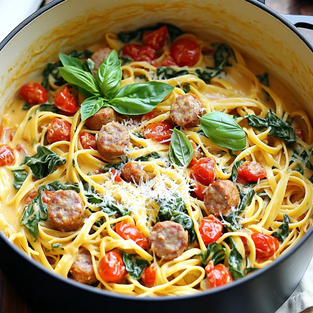 For One-Pot Tuscan Sausage Pasta, you will need: - 12 oz. linguine or spaghetti - 1 lb Italian chicken sausage, casings removed - 1 medium onion, diced - 3 cloves garlic, minced - 1 can (14 oz) diced tomatoes with basil - 4 cups low-sodium chicken broth - 2 cups fresh spinach - 1 teaspoon dried oregano - 1 teaspoon dried basil - ½ teaspoon red pepper flakes (adjust for spiciness) - ½ cup heavy cream - Salt and pepper to taste - 2 tablespoons olive oil - Fresh basil leaves for garnish - Grated Parmesan cheese for serving You can easily swap ingredients for what you have on hand. - Use turkey sausage for a leaner option. - Whole wheat or gluten-free pasta works well too. - Instead of spinach, try kale or Swiss chard. - You can replace heavy cream with cashew cream for a lighter touch. This dish serves four people and packs a punch in flavor. - Calories: About 600 per serving - Protein: 30g - Carbohydrates: 65g - Fat: 25g - Fiber: 4g - Sodium: 600mg This meal is balanced with protein, carbs, and healthy fats, making it a great weeknight choice. You can adjust the ingredients to fit your dietary needs. First, gather all your ingredients. Here’s what you need: - 12 oz. linguine or spaghetti - 1 lb Italian chicken sausage, casings removed - 1 medium onion, diced - 3 cloves garlic, minced - 1 can (14 oz) diced tomatoes with basil - 4 cups low-sodium chicken broth - 2 cups fresh spinach - 1 teaspoon dried oregano - 1 teaspoon dried basil - ½ teaspoon red pepper flakes - ½ cup heavy cream - Salt and pepper to taste - 2 tablespoons olive oil - Fresh basil leaves for garnish - Grated Parmesan cheese for serving Next, dice the onion and mince the garlic. This will bring out their great flavors. Heat 2 tablespoons of olive oil in a large pot over medium heat. Add the diced onion. Cook it for about 3-4 minutes until it turns soft and clear. Then, add the minced garlic and cook it for 1 more minute. Next, add the Italian chicken sausage. Use a wooden spoon to break it apart. Cook it until it's brown and no longer pink, which takes about 5-7 minutes. Now, pour in the canned diced tomatoes and chicken broth. Stir well to mix. Add the linguine, dried oregano, dried basil, and red pepper flakes. Bring everything to a boil. Once boiling, reduce the heat to a gentle simmer. Cover the pot and cook for 10-12 minutes. Stir occasionally. You want the pasta to be al dente, and most of the liquid should be soaked up. After that, stir in the fresh spinach and heavy cream. Cook for another 2-3 minutes. This wilts the spinach and makes the sauce creamy. Finally, taste your dish. Add salt and pepper as needed. Serve hot, and top with fresh basil and grated Parmesan cheese. To boost the taste, use fresh herbs when possible. Fresh basil makes a big difference. Adjust the red pepper flakes to your spice level. If you want more heat, add a bit more. Also, don’t skip the cream. It adds richness and balances the dish. Enjoy your cooking journey! One common mistake is overcooking the pasta. Keep an eye on it. Stir often to prevent sticking. Another mistake is using low-quality sausage. Good sausage makes a big difference. Don't skip seasoning the dish. Salt and pepper enhance the flavors. Lastly, avoid adding too much cream at once. Stir it in slowly for the best texture. To boost the taste, add a splash of lemon juice. It brightens the dish and adds freshness. Fresh herbs like parsley or thyme work well, too. Mix in some olives or sun-dried tomatoes for extra depth. If you like heat, more red pepper flakes can spice things up. A touch of balsamic vinegar adds a nice tang, too. Use a large pot for even cooking. A good wooden spoon is key for breaking apart the sausage. I suggest a sharp knife for chopping the onion and garlic. A measuring cup helps with the broth and cream. Lastly, have a sturdy cutting board ready for prep work. These tools make cooking easier and more fun. {{image_2}} You can swap chicken sausage for turkey or pork sausage. Both options work well with the same flavors. You might also try plant-based sausage for a lighter dish. Just make sure to adjust the cooking time, as plant-based options usually cook faster. To make this dish vegetarian, leave out the sausage. You can add more veggies like mushrooms or zucchini. For a vegan version, use plant-based cream and a good vegetable broth. This keeps the dish rich and creamy. You can boost nutrition by adding vegetables. Spinach is great, but you can also add bell peppers, peas, or kale. If you want extra protein, toss in some canned chickpeas or lentils. They add texture and flavor without much effort. To store leftovers, let the pasta cool first. Place it in an airtight container. This helps keep it fresh. You can store it in the fridge for up to three days. If you want it to last longer, consider freezing it. When you reheat the pasta, use a pot or microwave. If using a pot, add a splash of water or broth. Heat it over medium until warm. Stir often to avoid sticking. In the microwave, place it in a microwave-safe bowl. Heat in short bursts, stirring in between. This will keep it moist and tasty. To freeze the pasta, make sure it is cool. Portion it into freezer-safe bags or containers. Remove as much air as possible. Label the bags with the date. It can be frozen for up to three months. When ready to eat, thaw it in the fridge overnight. Reheat it as described above. Yes, you can use other types of pasta. Penne, fusilli, or even gluten-free pasta work well. Just adjust the cooking time based on the pasta shape. To add heat, increase the red pepper flakes. You can also add sliced jalapeños or hot sausage. Taste as you go to find your perfect spice level. Yes, you can make this dish dairy-free. Substitute heavy cream with coconut cream or a dairy-free cream. Skip the Parmesan or use a dairy-free alternative for topping. This dish takes about 30 minutes from start to finish. Prep time is around 10 minutes, and cooking takes about 20 minutes. It’s quick and easy! This article covered key ingredients, preparation steps, and cooking tips. I shared ways to avoid common mistakes and enhance flavors. You can make variations with meat, vegetables, or dairy-free options. We also discussed proper storage and reheating methods. Choosing the right ingredients and techniques makes cooking more fun and tasty. Explore these ideas and enjoy a delicious meal. Happy cooking!