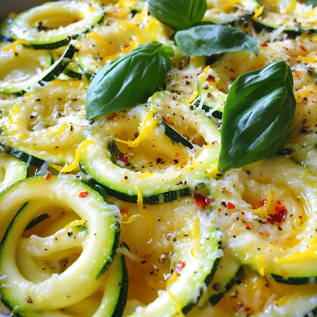 - 3 medium zucchinis, spiralized - 1 tablespoon olive oil - 3 cloves garlic, minced - 1 lemon (zested and juiced) - 1/2 cup grated Parmesan cheese (plus extra for serving) To make this dish shine, you need fresh zucchini. Zucchini gives your pasta a light, fresh taste. Olive oil adds richness, while garlic brings a warm aroma. Use a lemon for its bright zest and juice. The lemon makes it tangy and refreshing. Parmesan cheese adds a savory, cheesy finish. It melts into the warm noodles, creating a creamy texture. - Salt and black pepper - 1/4 teaspoon red pepper flakes (optional) - Fresh basil leaves for garnish Seasoning is key to flavor. Salt and black pepper enhance all the other tastes. If you like heat, add red pepper flakes for a bit of spice. Fresh basil leaves add a lovely green touch and a hint of sweetness. These herbs make your dish pop visually and tastefully. Each of these ingredients helps turn simple zucchini into a delightful dish. Start by spiralizing the zucchinis into noodle shapes. If you don’t have a spiralizer, just use a vegetable peeler. You can make thin ribbons instead. After cutting, set the prepared zucchini aside in a bowl. Next, heat the olive oil in a large skillet over medium heat. Wait until the oil is hot. Then, add the minced garlic. Sauté the garlic for about one minute. You want it fragrant but not browned. Now, add the spiralized zucchini to the skillet. Toss it around for 2-3 minutes until it’s just tender but still has a nice bite. Once the zucchini is ready, remove the skillet from heat. Mix in the lemon zest and juice. This adds a bright flavor! Then, stir in the grated Parmesan cheese along with salt and black pepper. If you like a kick, add red pepper flakes. Mix everything until the cheese is melty and combined well. Taste your dish and adjust the seasoning if needed. - Cooking zucchini al dente: Cook the zucchini for only 2-3 minutes. This keeps it firm. You want a slight crunch, not mush. - Preventing sogginess: Don’t overcook the zucchini. If it loses its shape, it will get mushy. Serve it right away to keep its texture. - Using fresh ingredients: Fresh zucchini, garlic, and lemon give the best taste. Fresh basil adds a lovely aroma. Always choose ripe lemons for a zesty kick. - Adjusting seasoning to taste: Taste your dish before serving. Add salt, pepper, or red pepper flakes as needed. This personal touch makes the dish truly yours. - Presentation ideas: Serve the pasta in a bowl. Add extra Parmesan on top for a tasty look. Garnish with fresh basil for color. - Adding protein for a complete meal: For more protein, add grilled chicken or shrimp. You can also toss in chickpeas for a hearty option. {{image_2}} If you need gluten-free options, try using gluten-free pasta. There are many brands that offer great taste. You can also use zoodles, which are zucchini noodles. They keep the dish light and fresh. For dairy-free cheese, try nut-based cheeses. They melt well and add nice flavor. Soy cheese is another good choice. It works well in this dish and keeps the creamy taste. You can switch up the vegetables if you like. Try using spiralized carrots or sweet potatoes for a fun twist. These add color and sweetness to the dish. If you want to change the cheese, go for feta or goat cheese. Both add a tangy flavor. You can also try nutritional yeast for a vegan option. It gives a cheesy taste without dairy. To boost the flavor, add nuts or seeds. Toasted pine nuts give a nice crunch. Walnuts are also a great choice. They add depth to the dish. Herbs and spices can elevate your pasta too. Fresh parsley or oregano can brighten the meal. A pinch of smoked paprika can add warmth. Don't be afraid to experiment! To keep your Minute Lemon Parmesan Zucchini Pasta fresh, use airtight containers. Glass or plastic containers work well. Let the dish cool before sealing. This helps prevent moisture buildup. Store leftovers in the fridge for up to three days. Keep the pasta separate from any sauces to maintain texture. For the best taste, reheat your pasta on the stove. Heat over low to medium heat. Stir often to warm evenly. This usually takes about 5 minutes. If you prefer the microwave, use a microwave-safe bowl. Heat for 1-2 minutes, stirring halfway through. Make sure it’s hot all the way through. You can freeze cooked zucchini pasta, but it may lose some texture. Place it in freezer-safe bags or containers. Remove as much air as possible. To thaw, move the pasta to the fridge overnight. Reheat it on the stove with a splash of olive oil. This keeps it moist and tasty. Feel free to add a little lemon juice for extra flavor! This dish takes about 10 minutes to prep. The total cooking time is just 5 minutes. So, you can have a tasty meal in only 15 minutes. Yes, you can make this dish ahead. Spiralize the zucchini and store it in an airtight container. You can also prep the garlic and lemon juice in advance. Just keep the cooked pasta in the fridge for up to two days. When ready to eat, just heat it up in a skillet. You can easily make this dish vegan. Just skip the Parmesan cheese or use a vegan cheese substitute. You can also add nutritional yeast for a cheesy flavor. This way, you still get that great taste without the dairy. This blog post covered a flavorful zucchini recipe, highlighting key ingredients like garlic, lemon, and Parmesan. We explored simple steps for preparing, cooking, and enhancing your dish. Tips on texture and flavor made it easier to get it right every time. You learned about different variations and how to store leftovers too. Whether you want to enjoy it fresh or save it for later, these methods ensure a tasty meal. Try it out, and enjoy the fresh and vibrant flavors. Eating well can be simple and fun.