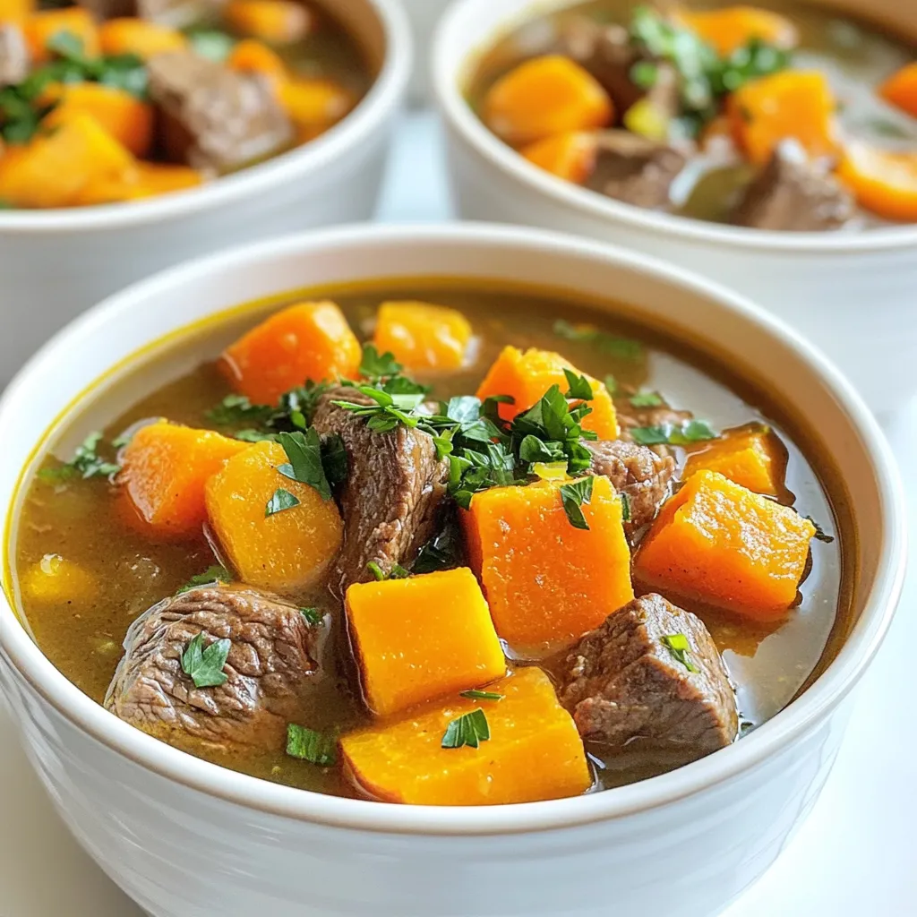 For this stew, you need the following core items: - 2 lbs chuck roast, cut into 1-inch cubes - 4 cups beef broth - 2 large carrots, peeled and sliced - 2 parsnips, peeled and chopped - 1 large sweet potato, diced - 1 onion, diced - 3 cloves garlic, minced These ingredients form the heart of the stew. The chuck roast provides rich flavor and tenderness. The vegetables add nutrition and sweetness. To make the stew burst with flavor, gather these seasonings: - 2 tablespoons tomato paste - 1 tablespoon Worcestershire sauce - 1 teaspoon dried thyme - 1 teaspoon dried rosemary - Salt and pepper to taste - 2 tablespoons olive oil - 1 bay leaf These seasonings help create a depth of flavor. The tomato paste adds a hint of sweetness. Thyme and rosemary bring a nice, earthy taste. For a finishing touch, consider these garnishes: - Fresh parsley, chopped Chopped parsley adds bright color and freshness. It makes the stew more appealing and tasty. You can also serve the stew with crusty bread on the side for a satisfying meal. First, gather your ingredients. You need 2 lbs of chuck roast, cut into 1-inch cubes. This cut cooks well and stays tender. Next, peel and slice 2 large carrots. Peel and chop 2 parsnips, and dice 1 large sweet potato. Finally, dice 1 onion and mince 3 cloves of garlic. Season the beef with salt and pepper. Heat 2 tablespoons of olive oil in a large skillet over medium-high heat. Sear the beef cubes in batches. Brown them on all sides, which takes about 3-4 minutes per batch. This step adds flavor. Transfer the seared beef to the slow cooker. In the same skillet, add the diced onion. Cook until it turns translucent, about 3 minutes. Add the minced garlic, 2 tablespoons of tomato paste, 1 tablespoon of Worcestershire sauce, 1 teaspoon of dried thyme, and 1 teaspoon of dried rosemary. Stir and cook for 1-2 minutes until fragrant. Pour the onion and garlic mixture over the beef in the slow cooker. Add the carrots, parsnips, sweet potato, and 4 cups of beef broth. Stir gently to combine all the ingredients. Place 1 bay leaf on top and cover the slow cooker with the lid. Set it to low and cook for 7-8 hours. For a quicker option, set it on high for 4-5 hours. About 30 minutes before serving, taste the stew. Adjust seasoning with more salt or pepper if needed. After cooking, remove the bay leaf and serve hot, garnished with fresh parsley. To get great flavor, make sure to sear the beef well. Start by heating olive oil in a large skillet over medium-high heat. Season the beef cubes with salt and pepper. Sear them in batches, turning until browned on all sides. This step adds depth to your stew's flavor. Avoid overcrowding the pan to ensure even cooking. Cooking time matters for a tender stew. For the best results, set your slow cooker to low for 7-8 hours. If you are short on time, using the high setting for 4-5 hours works too. Just remember, longer cooking times allow flavors to meld better. Always check the meat; it should be fork-tender when done. You can boost the stew’s flavor with some simple tricks. Add a splash of red wine for richness. Consider throwing in a few mushrooms for earthiness. You might also use fresh herbs like thyme or rosemary. For a little heat, add crushed red pepper flakes. Experiment with these ideas to find what you love best! {{image_2}} You can mix up the veggies in your stew. Try adding turnips or rutabagas for a twist. Sweet potatoes work great, but you could also use regular potatoes. Other good choices are green beans or peas for color. Feel free to experiment with what you have on hand. Adding different veggies not only changes the taste but also boosts nutrition. While chuck roast is ideal, other cuts work well too. You can use brisket for a rich flavor. Round cuts also make a good choice, though they may be less tender. Always choose cuts with some fat for better taste. Just remember that cooking times may change depending on the cut you choose. To make this stew low-carb, swap sweet potatoes for cauliflower. This keeps it hearty without the extra carbs. You can skip the carrots and parsnips too. Instead, focus on using more green veggies like zucchini or bell peppers. Use beef broth that has no added sugars to keep it keto-friendly. Enjoy a warm, comforting meal that fits your diet! After enjoying your stew, you may have some left. Let the stew cool down first. Then, transfer it to airtight containers. Store it in the fridge for up to three days. This keeps the stew fresh and tasty. Make sure to label the containers with the date. This helps you know when to use them. If you want to keep the stew longer, freezing is a great option. Use freezer-safe containers to store it. Leave some space at the top of the container. This allows for expansion when the stew freezes. You can freeze the stew for up to three months. When you’re ready to eat it, just thaw it in the fridge overnight. To enjoy your stew again, reheat it gently. You can use a pot on the stove or the microwave. If using the stove, heat it on low. Stir often to make sure it heats evenly. If using the microwave, cover it to keep moisture in. Heat in short bursts, stirring in between. This keeps the flavors fresh and delicious. Yes, you can use different meats. Chicken, pork, or turkey work well. Each will change the stew's flavor. Just make sure to adjust the cooking time. Chicken cooks faster than beef, while pork may take longer. If you don’t have beef broth, use vegetable broth or chicken broth. These options add flavor without beef. You can even use water. Just add extra spices to boost the taste. To thicken your stew, you can use cornstarch or flour. Mix a tablespoon with cold water and stir it in. Let the stew cook for a bit longer. This will help it thicken nicely. You can also mash some of the sweet potatoes in the stew for a natural thickener. Yes, you can cook it on high. Set the slow cooker for 4-5 hours. This will make the beef tender, but low and slow often gives more flavor. If you’re in a hurry, the high setting works well too. Slow Cooker Harvest Beef Stew is simple yet delicious. We discussed the key ingredients, step-by-step methods, and tips for getting it just right. Many variations exist to suit your taste and dietary needs. Remember proper storage for long-lasting leftovers. This dish is adaptable and rewarding to make. I hope you feel inspired to create your own tasty stew! Enjoy your cooking journey!