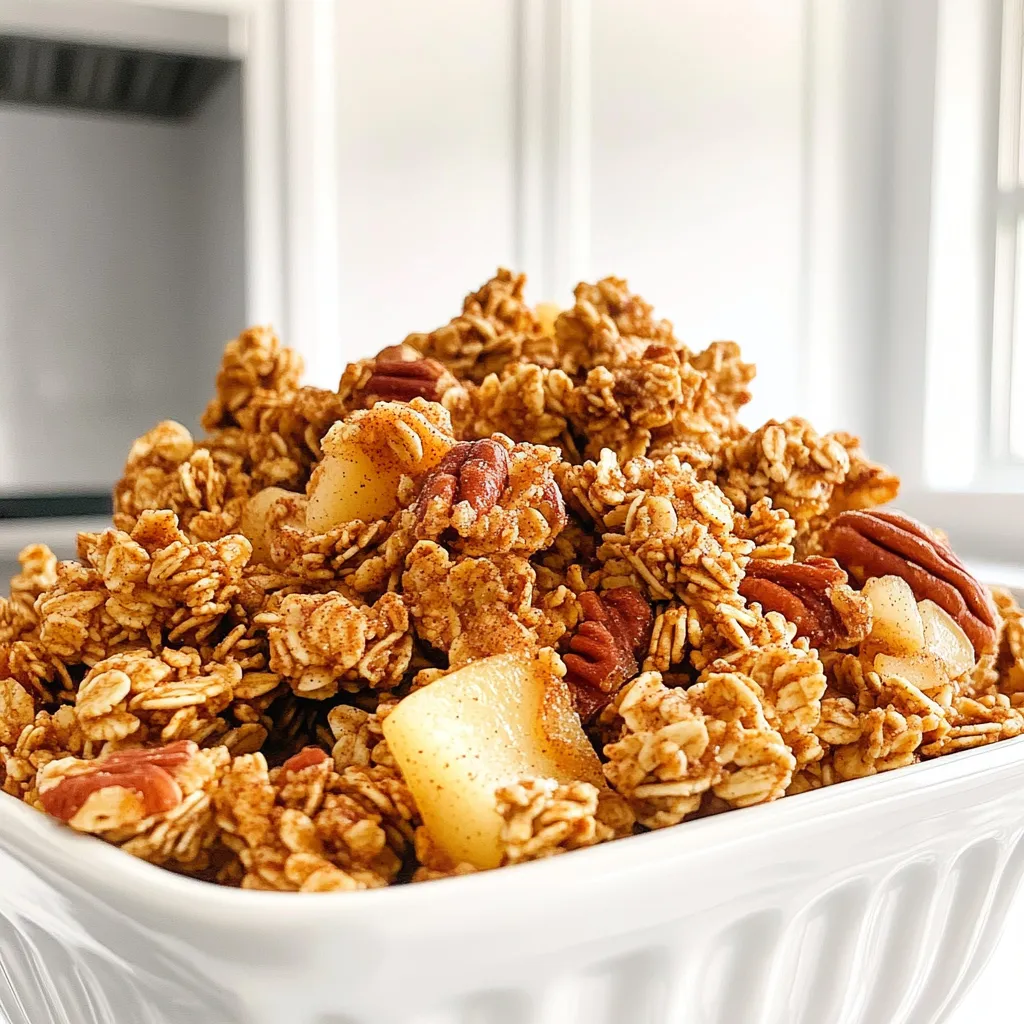 To make Brown Sugar Apple Pecan Granola Clusters, you will need the following ingredients: - 2 cups rolled oats - 1 cup pecans, roughly chopped - 1 cup dried apples, chopped - 1/2 cup brown sugar - 1/4 cup honey - 1/4 cup coconut oil, melted - 1 teaspoon vanilla extract - 1/2 teaspoon cinnamon - 1/4 teaspoon salt - 1/4 cup chia seeds (optional) These ingredients combine to create a sweet and crunchy treat. Rolled oats form the base, while pecans add a nutty flavor. The dried apples bring sweetness and a chewy texture. Brown sugar and honey give it a rich taste. Coconut oil binds everything and adds healthy fats. Vanilla extract adds depth, while cinnamon and salt enhance the flavor. You can include chia seeds for extra nutrition, though they are optional. Keep these ingredients handy, and you will be on your way to making a delicious granola! - Preheat your oven to 350°F (175°C) and line a large baking sheet with parchment paper. - In a large bowl, combine 2 cups of rolled oats, 1 cup of roughly chopped pecans, 1 cup of chopped dried apples, 1/2 teaspoon of cinnamon, 1/4 teaspoon of salt, and 1/4 cup of chia seeds if you want. Mix all the dry ingredients well. - In a small saucepan over low heat, add 1/2 cup of brown sugar, 1/4 cup of honey, and 1/4 cup of melted coconut oil. Stir until the sugar dissolves. Once smooth, take it off the heat and stir in 1 teaspoon of vanilla extract. - Pour the brown sugar mixture over the dry ingredients in your bowl. Stir until everything is coated well. - Transfer this mixture onto the prepared baking sheet. Spread it out evenly and press down firmly to pack it. - Bake for 25 to 30 minutes. Check halfway through and stir gently to help it bake evenly. Look for golden edges when it's ready. - Remove the baking sheet from the oven and let it cool completely. The granola will harden as it cools. - Once cooled, break the granola into clusters. Store them in an airtight container for up to two weeks. If you want to switch things up, you have options. For honey, try maple syrup or agave nectar. Both add sweetness and flavor. Instead of coconut oil, use unsalted butter or vegetable oil. These will still bind your granola well. You can also mix nuts and fruits. Instead of pecans, walnuts or almonds work great. For dried apples, consider raisins or cranberries. These changes can create new flavors and textures. To make your granola pop, add spices. Nutmeg or cardamom can bring warmth and depth. Just a pinch goes a long way. You can also experiment with vanilla or almond extract for a unique twist. For a crunchier texture, try pressing the granola down firmly before baking. This helps it clump together better. Stir gently halfway through baking to keep clusters intact. To keep it vegan, swap honey for maple syrup or agave. Both are great sweeteners that work well. If you need gluten-free options, look for certified gluten-free oats. They have the same great taste and texture without the gluten. This way, everyone can enjoy your tasty granola! {{image_2}} You can change the flavor of your granola easily. Try adding chocolate for a rich twist. Use 1/2 cup of chocolate chips mixed into the batch before baking. The warmth of the oven will melt the chocolate slightly, making it ooey and gooey. Another fun option is pumpkin spice. Add 1 teaspoon of pumpkin spice to the mix instead of cinnamon. This gives a warm, cozy flavor that pairs well with apples and pecans. You can also add some pumpkin puree for extra moisture and flavor. Do you want giant clusters or smaller chunks? For bigger clusters, press the mixture down firmly on the baking sheet. This helps them stick together. You can also bake them a bit longer, checking for a golden color. For smaller chunks, just spread the mixture out more and break it apart before baking. You may need to reduce the baking time. Keep an eye on them, so they don’t burn. Mixing in seeds or chocolate chips can add great texture. Use sunflower seeds or pumpkin seeds for a nutty crunch. Add them at the same time as the oats. You can also add fresh fruits after baking. Dried fruits are easy, but fresh fruits like berries or banana slices add a new taste. Just toss them in after the granola cools for a fresh touch. Store your granola clusters in an airtight container. This helps keep them fresh longer. You can also use ziplock bags, but they may not seal as tightly. Choose a cool, dry place for storage, like a pantry or cupboard. Avoid areas with direct sunlight or heat. These granola clusters can last up to two weeks when stored properly. After that, they may lose their crunch or flavor. Signs of spoilage include a stale smell or an off taste. If you see any mold, discard the granola right away. Yes, you can freeze granola clusters! This is a great way to keep them longer. Use an airtight container or a freezer bag. Make sure to remove as much air as possible before sealing. To thaw, leave them at room temperature for a few hours. You can also heat them briefly in the oven for a fresh taste. To make your granola clusters crunchier, you can try a few simple tips: - Bake longer: Extend the baking time by 5-10 minutes. Keep an eye on it to avoid burning. - Press firmly: When spreading the mixture on the baking sheet, press it down well. This helps form big, crunchy clusters. - Use less fat: Reduce the amount of coconut oil slightly. Too much fat can make the granola softer. - Cool completely: Let the granola cool fully on the baking sheet. It hardens more as it cools. You can use fresh apples, but it changes the texture and baking time. Fresh apples add moisture, which can make the clusters less crunchy. To use fresh apples: - Chop them small: Cut the fresh apples into small pieces. This helps them cook faster. - Adjust baking time: You may need to bake a bit longer to get rid of the extra moisture. Start checking around the 30-minute mark. Yes, this recipe is great for meal prep. Here are some best practices: - Make in batches: You can double the recipe to have more granola for the week. - Store properly: Keep the clusters in an airtight container. They stay fresh for about two weeks. - Portion it out: Divide the granola into small bags or containers for easy grab-and-go snacks. This blog post covered how to make delicious granola clusters from scratch. You learned about the key ingredients, easy steps for preparation, and baking. We discussed tasty tips for substitutions and flavor enhancements, plus variations to try. Storage info makes keeping your clusters fresh simple. Now, you can enjoy healthy snacks that fit your taste. Try new flavors or make it your own! Enjoy the delicious benefits of homemade granola.