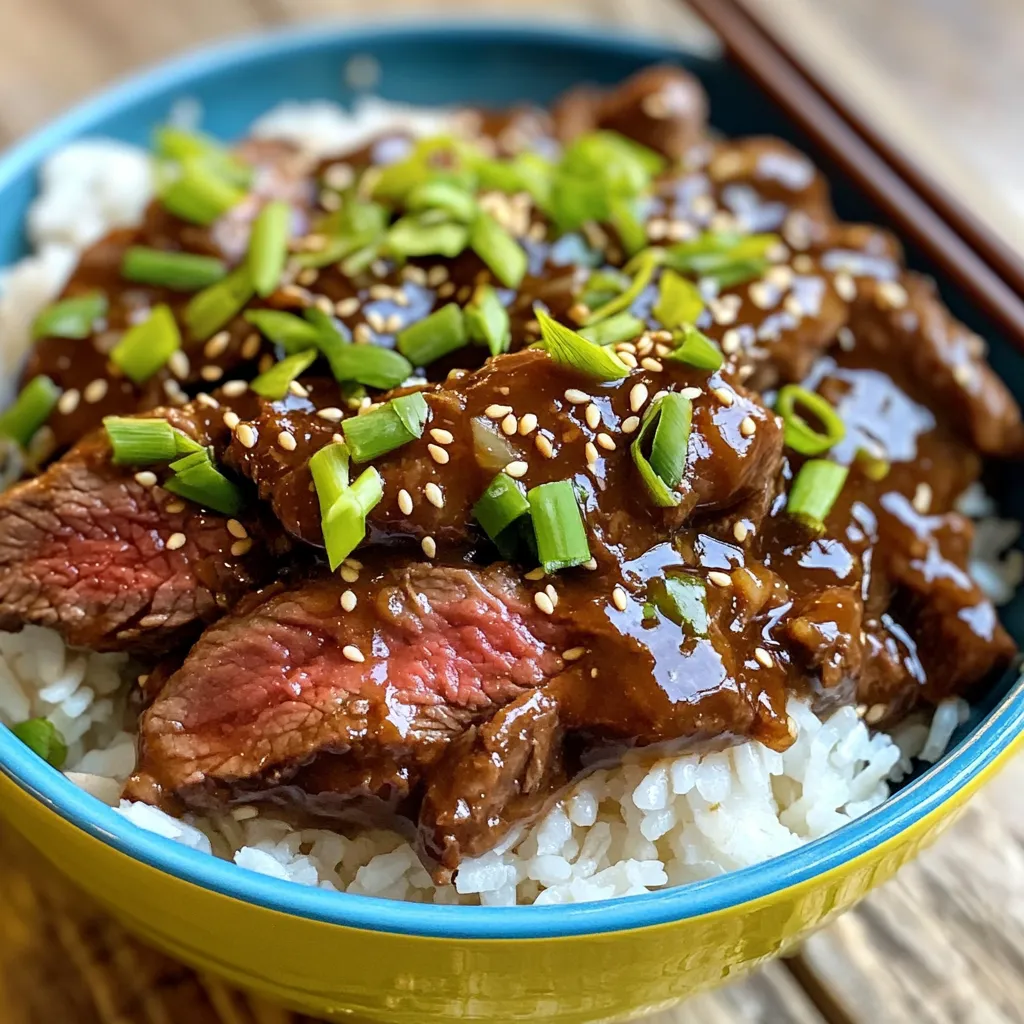 To make Mongolian beef bowls, you will need these key ingredients: - 1 lb flank steak, thinly sliced against the grain - 1 tablespoon cornstarch - 2 tablespoons vegetable oil - 4 green onions, chopped (white and green parts separated) - 3 cloves garlic, minced - 1-inch piece ginger, grated - 1/4 cup soy sauce - 1/4 cup brown sugar - 1 tablespoon rice vinegar - 1 tablespoon sesame oil - 1 cup jasmine rice - 2 cups water - Salt and pepper to taste - Sesame seeds for garnish (optional) These ingredients blend well to create a tasty and filling meal. The flank steak gives you good flavor and tenderness. The soy sauce, brown sugar, and sesame oil make a rich sauce that coats the beef nicely. You can add a few fun touches to your bowls: - Sesame seeds for crunch - Extra green onions for brightness - Chopped cilantro for fresh flavor - Crushed red pepper for heat These garnishes add color and flavor. They make the dish look and taste even better. If you need to swap out some ingredients, here are a few ideas: - Use chicken or tofu instead of flank steak for different proteins. - Swap jasmine rice for brown rice or white rice based on what you like. - Use tamari or coconut aminos if you need a gluten-free soy sauce. - Substitute honey for brown sugar if that’s what you have on hand. These substitutions keep the spirit of the dish while fitting your needs. Don’t hesitate to adjust based on what you have! Start by slicing the flank steak thinly against the grain. This helps it stay tender. Place the sliced beef in a bowl and add the cornstarch. Toss until the meat is well-coated. This step is key for a nice texture. Rinse 1 cup of jasmine rice under cold water. Keep rinsing until the water runs clear. This removes excess starch. In a saucepan, combine the rinsed rice with 2 cups of water. Bring it to a boil. Once boiling, lower the heat, cover, and simmer for 15 minutes. When done, fluff the rice with a fork and set it aside. Heat 2 tablespoons of vegetable oil in a large skillet over medium-high heat. Add the white parts of the chopped green onions, garlic, and grated ginger. Sauté for about 1 minute until fragrant. Now, increase the heat to high and add the beef. Cook for 3-4 minutes until browned all over. In a small bowl, mix together the soy sauce, brown sugar, rice vinegar, and sesame oil. Pour this sauce over the beef in the skillet. Stir well to coat the meat. Let it simmer for another 2-3 minutes. The sauce should thicken slightly. Season the beef mixture with salt and pepper to taste. Stir in the green parts of the chopped green onions. To serve, take a bowl and add a generous scoop of jasmine rice. Top it with the Mongolian beef and drizzle with any remaining sauce. For a finishing touch, sprinkle sesame seeds on top for flavor and texture. To make your beef tender, start with flank steak. Slice it thin against the grain. This method cuts the muscle fibers short, making each bite easy to chew. Toss the slices in cornstarch. This step helps lock in juices while cooking. Let the beef sit for a few minutes after coating. This allows time for the cornstarch to work its magic, giving you that tender texture we all love. For the best jasmine rice, rinse it under cold water. This removes excess starch and helps the rice cook evenly. Use a 1:2 ratio of rice to water. Bring the mixture to a boil, then lower the heat. Cover the pot and let it simmer for about 15 minutes. Afterward, fluff the rice with a fork. This keeps it light and fluffy, perfect for your Mongolian beef. Aromatics are key to rich flavor. Start by sautéing the white parts of green onions, garlic, and ginger. Use medium-high heat and watch closely so they don’t burn. Cook them for about one minute until fragrant. This step builds a strong flavor base for your dish. You can also add a splash of sesame oil for extra depth. The aroma will fill your kitchen and get everyone excited for dinner! {{image_2}} You can make Mongolian Beef Bowls plant-based. Use tofu or tempeh instead of beef. Press tofu to remove extra water. Then, cut it into cubes. Sauté the tofu until golden brown. Make the sauce the same way you would. Toss the tofu in the sauce and serve over rice. This keeps the flavor while being meat-free. If you want to switch up the protein, try chicken or pork. Slice the chicken or pork thinly like you would the beef. Cook them in the same way. You can also use shrimp for a seafood twist. Just be careful not to overcook shrimp; they only need a few minutes. To add a kick to your Mongolian Beef, include red pepper flakes or sriracha. Mix these into the sauce for heat. You can also add sliced jalapeños when you cook the beef. This gives a nice balance of sweet and spicy. Adjust the amount to suit your taste. You can store leftover Mongolian beef bowls in an airtight container. Let them cool completely before sealing. This helps keep the flavors fresh. They can last in the fridge for up to three days. Make sure to keep the rice and beef separate if possible. This prevents the rice from getting soggy. To reheat, use a microwave or a pan on the stove. If using a microwave, place the food in a bowl. Add a splash of water to keep it moist. Cover the bowl to trap steam. Heat in 30-second intervals until hot. If using a pan, add a little oil and heat over medium heat. Stir often to warm evenly. You can freeze Mongolian beef bowls for longer storage. Place the cooled beef and rice in freezer-safe bags. Remove as much air as possible. They can last for up to three months in the freezer. When you're ready to eat, thaw in the fridge overnight. Reheat as mentioned above for the best taste. Mongolian beef is not from Mongolia. It comes from Chinese-American cuisine. The dish features tender beef and sweet soy sauce. It is popular in many Chinese restaurants. The name is a nod to the flavors from Mongolia's past. Yes, you can make Mongolian beef ahead of time. Prepare the beef and sauce, then store them in the fridge. Reheat them on the stove before serving. This makes weeknight meals easier and faster. Just cook the rice fresh for best taste. Several side dishes go great with Mongolian beef. Here are some ideas: - Steamed broccoli - Stir-fried vegetables - Wonton soup - Egg rolls These dishes add color and flavor to your meal. Yes, you can make this dish gluten-free. Use tamari instead of soy sauce. Tamari has a similar taste and is gluten-free. Check other ingredients for gluten content as well. Enjoy a tasty, gluten-free Mongolian beef bowl. Mongolian Beef Bowls are easy and fun to make. We covered the main ingredients and how to cook them well. I shared tips for tender beef and cooking rice perfectly. Variations allow for personal touches, like vegetarian options or spicy twists. Plus, knowing how to store leftovers means you can enjoy these bowls later. This dish is tasty and flexible for all eaters. Get creative and enjoy every bite!
