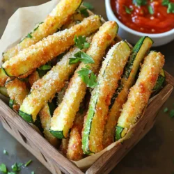 - 2 medium zucchini - 1 cup breadcrumbs (whole wheat preferred) - 1/2 cup grated Parmesan cheese - 2 large eggs - 1 teaspoon garlic powder - 1 teaspoon onion powder - 1/2 teaspoon paprika - Salt and pepper to taste - Air fryer - Bowls for mixing - Whisk When making crispy Parmesan zucchini fries, focus on fresh ingredients. Zucchini is the star. It’s low in calories and full of vitamins. Choose medium zucchinis for this recipe; they are tender and flavorful. For the coating, I prefer using whole wheat breadcrumbs. They add a nice crunch and extra fiber. The Parmesan cheese brings a rich, savory taste. You’ll want to use freshly grated cheese for the best flavor. Next, I add eggs to help the coating stick. Whisk them well. Garlic powder, onion powder, and paprika add great flavor and depth. Salt and pepper are key to enhancing the taste. Make sure you have an air fryer ready. It cooks the fries evenly and makes them crispy. You’ll also need bowls for mixing and a whisk. This setup keeps your prep easy and fun. Enjoy the process! First, let’s get your air fryer ready. Preheat it to 400°F (200°C) for about 5 minutes. This step is key for crispy fries. Now, grab your zucchini. Slice it into thin strips. Aim for even sizes so they cook evenly. Thin strips get crispy, which is what we want! Next, we’ll make the coating. In a medium bowl, whisk the eggs until they are smooth. Set this bowl aside. In another bowl, mix the breadcrumbs, grated Parmesan cheese, garlic powder, onion powder, paprika, salt, and pepper. Make sure it’s well combined. Now, take each zucchini strip. First, dip it into the beaten eggs. Let any extra drip off. Then, roll it in the breadcrumb mix. Press gently to make sure the coating sticks well. It’s time to cook! Arrange the coated zucchini fries in a single layer in your air fryer basket. Spray them lightly with olive oil. This helps them turn golden and crispy. Cook the fries for 10-12 minutes. Flip them halfway through to make sure they cook evenly. Watch for that golden brown color. When ready, remove them from the air fryer and let them cool a bit before serving. To make your zucchini fries extra crispy, use olive oil spray. The spray adds a light layer of oil, which helps achieve that golden crunch. When you coat the zucchini, dip it in the egg first. Let any extra egg drip off. Then roll it in the breadcrumb mixture. Press down gently to ensure the crumbs stick well. This coating technique helps create a nice, crunchy exterior. For dipping, marinara sauce is a classic choice. It adds a nice flavor that complements the zucchini. You can also try ranch dressing or a spicy aioli for a twist. For a fun presentation, serve the fries in a rustic basket. You can use a wooden platter as well. Garnish with fresh parsley to add color and freshness to your dish. Zucchini is a great veggie. It is low in calories and high in water content, making it a healthy snack. Whole wheat breadcrumbs add fiber. They help keep you full longer. Parmesan cheese provides protein and calcium, supporting strong bones. Together, these ingredients make a tasty treat that’s also good for you! {{image_2}} You can change the flavor of your zucchini fries easily. Add fresh herbs like basil or oregano for a tasty twist. Try spices like cayenne or cumin to give them a kick. You can also use different cheeses. For a milder taste, use mozzarella. If you want a sharper flavor, try cheddar. Each option changes the taste, making it fun to explore. Zucchini isn't the only veggie that works well. Eggplant, bell peppers, and sweet potatoes are great choices too. Each vegetable has a unique taste and texture. Eggplant fries can be creamy, while sweet potato fries are naturally sweet. These options let you enjoy a variety of flavors and textures. If you need gluten-free options, use almond flour or ground oats for the breading. They work well and add a nice taste. For vegan choices, replace eggs with a mix of ground flaxseed and water. This mix helps the coating stick just like eggs do. These adjustments make the recipe friendly for all diets. To keep your crispy zucchini fries fresh, you should refrigerate them. Place the fries in an airtight container. This will help keep them from getting soggy. You can also use a zip-top bag, but make sure to remove as much air as possible. Store them in the fridge for up to three days. When you want to enjoy your leftover zucchini fries, the air fryer is the best choice. It will help them regain their crispy texture. Preheat the air fryer to 350°F (175°C). Place the fries in a single layer in the basket. Heat them for about 5 to 7 minutes. You can check them often to make sure they don’t overcook. Enjoy your tasty snack just like fresh! Yes, you can use frozen zucchini. Start by thawing the zucchini. Place it in a colander to drain excess water. Pat the zucchini dry with paper towels. This step helps avoid soggy fries. Once dried, slice the zucchini into thin strips and follow the recipe as usual. If you don't have Parmesan cheese, don’t worry! You can use other cheeses like Pecorino Romano or nutritional yeast. Nutritional yeast gives a cheesy flavor and is great for vegan diets. If using another cheese, choose one that melts well and has a strong flavor. To reduce moisture, slice zucchini thinly. Thin strips cook better and lose less water. Also, salt the zucchini slices before cooking. Salt pulls out moisture. After salting, let them sit for about 10 minutes, then dry with paper towels. This will keep your fries crispy! Zucchini fries are a tasty and healthy snack. We covered the main ingredients, tools, and steps to cook them perfectly. Remember to preheat your air fryer and coat the strips well for crispiness. Consider adding different spices or veggies for variety. Store leftovers in a proper container for later. With these tips, you can easily impress friends and family with a fun dish. Enjoy your crispy zucchini fries while feeling good about your healthy choice!