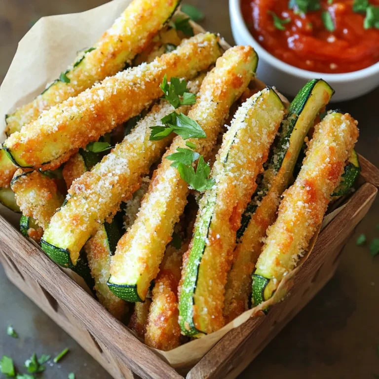 - 2 medium zucchini - 1 cup breadcrumbs (whole wheat preferred) - 1/2 cup grated Parmesan cheese - 2 large eggs - 1 teaspoon garlic powder - 1 teaspoon onion powder - 1/2 teaspoon paprika - Salt and pepper to taste - Air fryer - Bowls for mixing - Whisk When making crispy Parmesan zucchini fries, focus on fresh ingredients. Zucchini is the star. It’s low in calories and full of vitamins. Choose medium zucchinis for this recipe; they are tender and flavorful. For the coating, I prefer using whole wheat breadcrumbs. They add a nice crunch and extra fiber. The Parmesan cheese brings a rich, savory taste. You’ll want to use freshly grated cheese for the best flavor. Next, I add eggs to help the coating stick. Whisk them well. Garlic powder, onion powder, and paprika add great flavor and depth. Salt and pepper are key to enhancing the taste. Make sure you have an air fryer ready. It cooks the fries evenly and makes them crispy. You’ll also need bowls for mixing and a whisk. This setup keeps your prep easy and fun. Enjoy the process! First, let’s get your air fryer ready. Preheat it to 400°F (200°C) for about 5 minutes. This step is key for crispy fries. Now, grab your zucchini. Slice it into thin strips. Aim for even sizes so they cook evenly. Thin strips get crispy, which is what we want! Next, we’ll make the coating. In a medium bowl, whisk the eggs until they are smooth. Set this bowl aside. In another bowl, mix the breadcrumbs, grated Parmesan cheese, garlic powder, onion powder, paprika, salt, and pepper. Make sure it’s well combined. Now, take each zucchini strip. First, dip it into the beaten eggs. Let any extra drip off. Then, roll it in the breadcrumb mix. Press gently to make sure the coating sticks well. It’s time to cook! Arrange the coated zucchini fries in a single layer in your air fryer basket. Spray them lightly with olive oil. This helps them turn golden and crispy. Cook the fries for 10-12 minutes. Flip them halfway through to make sure they cook evenly. Watch for that golden brown color. When ready, remove them from the air fryer and let them cool a bit before serving. To make your zucchini fries extra crispy, use olive oil spray. The spray adds a light layer of oil, which helps achieve that golden crunch. When you coat the zucchini, dip it in the egg first. Let any extra egg drip off. Then roll it in the breadcrumb mixture. Press down gently to ensure the crumbs stick well. This coating technique helps create a nice, crunchy exterior. For dipping, marinara sauce is a classic choice. It adds a nice flavor that complements the zucchini. You can also try ranch dressing or a spicy aioli for a twist. For a fun presentation, serve the fries in a rustic basket. You can use a wooden platter as well. Garnish with fresh parsley to add color and freshness to your dish. Zucchini is a great veggie. It is low in calories and high in water content, making it a healthy snack. Whole wheat breadcrumbs add fiber. They help keep you full longer. Parmesan cheese provides protein and calcium, supporting strong bones. Together, these ingredients make a tasty treat that’s also good for you! {{image_2}} You can change the flavor of your zucchini fries easily. Add fresh herbs like basil or oregano for a tasty twist. Try spices like cayenne or cumin to give them a kick. You can also use different cheeses. For a milder taste, use mozzarella. If you want a sharper flavor, try cheddar. Each option changes the taste, making it fun to explore. Zucchini isn't the only veggie that works well. Eggplant, bell peppers, and sweet potatoes are great choices too. Each vegetable has a unique taste and texture. Eggplant fries can be creamy, while sweet potato fries are naturally sweet. These options let you enjoy a variety of flavors and textures. If you need gluten-free options, use almond flour or ground oats for the breading. They work well and add a nice taste. For vegan choices, replace eggs with a mix of ground flaxseed and water. This mix helps the coating stick just like eggs do. These adjustments make the recipe friendly for all diets. To keep your crispy zucchini fries fresh, you should refrigerate them. Place the fries in an airtight container. This will help keep them from getting soggy. You can also use a zip-top bag, but make sure to remove as much air as possible. Store them in the fridge for up to three days. When you want to enjoy your leftover zucchini fries, the air fryer is the best choice. It will help them regain their crispy texture. Preheat the air fryer to 350°F (175°C). Place the fries in a single layer in the basket. Heat them for about 5 to 7 minutes. You can check them often to make sure they don’t overcook. Enjoy your tasty snack just like fresh! Yes, you can use frozen zucchini. Start by thawing the zucchini. Place it in a colander to drain excess water. Pat the zucchini dry with paper towels. This step helps avoid soggy fries. Once dried, slice the zucchini into thin strips and follow the recipe as usual. If you don't have Parmesan cheese, don’t worry! You can use other cheeses like Pecorino Romano or nutritional yeast. Nutritional yeast gives a cheesy flavor and is great for vegan diets. If using another cheese, choose one that melts well and has a strong flavor. To reduce moisture, slice zucchini thinly. Thin strips cook better and lose less water. Also, salt the zucchini slices before cooking. Salt pulls out moisture. After salting, let them sit for about 10 minutes, then dry with paper towels. This will keep your fries crispy! Zucchini fries are a tasty and healthy snack. We covered the main ingredients, tools, and steps to cook them perfectly. Remember to preheat your air fryer and coat the strips well for crispiness. Consider adding different spices or veggies for variety. Store leftovers in a proper container for later. With these tips, you can easily impress friends and family with a fun dish. Enjoy your crispy zucchini fries while feeling good about your healthy choice!