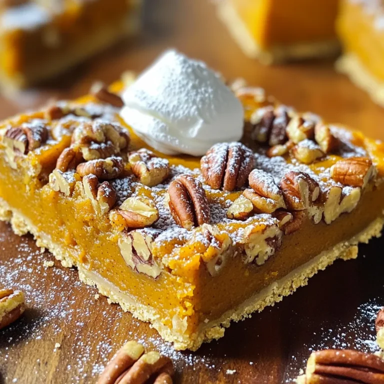 - 1 ½ cups all-purpose flour - ½ cup brown sugar - ½ teaspoon salt - ¾ cup unsalted butter, melted - 1 cup pumpkin puree - 1 cup sweetened condensed milk - 2 large eggs - 1 teaspoon vanilla extract - 1 teaspoon ground cinnamon - ½ teaspoon ground nutmeg - ½ teaspoon ground ginger - 1 cup chopped pecans - Extra pecan halves for topping I recommend measuring the flour carefully. Use a spoon to scoop it into your cup, then level it off. This helps avoid too much flour, which can make your bars dense. The butter should be melted but not too hot, or it might cook the eggs in the filling. You can swap the all-purpose flour with a gluten-free blend. Just make sure it works for baking. If you want less sweetness, try using less sweetened condensed milk or a sugar-free version. Instead of pecans, walnuts work well too. They give a nice crunch and flavor. If you do not have pumpkin puree, you can use mashed sweet potatoes or butternut squash. Just ensure they are smooth and not too watery. First, set your oven to 350°F (175°C). This heat will bake the bars just right. Next, grab a 9x13 inch baking dish and grease it lightly. This step helps the bars lift out easily later. In a medium bowl, mix 1 ½ cups of all-purpose flour, ½ cup of brown sugar, and ½ teaspoon of salt. Then, pour in ¾ cup of melted unsalted butter. Use a fork to blend until the mix looks crumbly. Now, press this mixture firmly into the bottom of your greased baking dish. Bake this crust in your preheated oven for 15 minutes. Once done, take it out and let it cool for a bit. In a large bowl, whisk together 1 cup of pumpkin puree, 1 cup of sweetened condensed milk, and 2 large eggs. Add 1 teaspoon of vanilla extract to the mix. Beat it until everything is smooth and creamy. Next, stir in 1 teaspoon of ground cinnamon, ½ teaspoon of ground nutmeg, and ½ teaspoon of ground ginger. Make sure all the spices mix well. Finally, fold in 1 cup of chopped pecans gently. Pour the pumpkin filling over the cooled crust. Spread it out evenly to cover all the crust. For a nice touch, add extra pecan halves on top and press them down lightly. Bake the bars in the oven for another 25-30 minutes. You will know they are ready when the center is set and a toothpick comes out clean. Let the bars cool completely in the pan before cutting them into squares. Enjoy your delicious pumpkin pecan pie bars! To get a great crust, use cold butter. This keeps the crust flaky. Mix the flour, brown sugar, and salt first. Then add the melted butter. Press the mixture firmly into your baking dish. Bake it until it is lightly golden. This takes about 15 minutes. To make your bars pop with flavor, use fresh spices. Ground cinnamon is a must. Add nutmeg and ginger for warmth. You can also adjust the amount to your taste. If you like it spicier, add a bit more ginger. Mix the spices well with the pumpkin filling for even flavor. Make your bars look great on the plate. Dust them with powdered sugar right before serving. Add a dollop of whipped cream or a scoop of vanilla ice cream. This makes them extra special. For a nice touch, place some pecan halves on top. It adds color and crunch. {{image_2}} You can make these bars gluten-free easily. Use almond flour or a gluten-free flour blend. Replace the all-purpose flour in the crust with your chosen alternative. Make sure to check that all other ingredients are also gluten-free. This way, everyone can enjoy these tasty treats without worry. For a fun twist, add chocolate or caramel. Swirl in some chocolate chips into the pumpkin filling before baking. You can also drizzle caramel sauce on top after baking. Both options add a sweet richness. They make each bite even more delightful. You can change the spices to fit the season. For winter, try adding cloves or cardamom. These spices give a warm and cozy flavor. In the fall, add a bit of allspice for extra warmth. Each variation can make the bars feel fresh and exciting throughout the year. To store these delicious bars, let them cool completely. Then, cut them into squares. Place the squares in an airtight container. You can keep them in the fridge for up to a week. For best taste, enjoy them within the first few days. If you want to save some bars for later, freezing works great. Wrap each square in plastic wrap. Then, place them in a freezer bag or container. Make sure to label it with the date. These bars can last in the freezer for up to three months. When you’re ready to eat, just thaw them in the fridge overnight. To enjoy your bars warm, preheat your oven to 350°F (175°C). Place the squares on a baking sheet. Heat them for about 10-15 minutes. You can also microwave them for about 20-30 seconds. Just be careful not to overheat, or they may get tough. Enjoy your cozy treat! Yes, you can use fresh pumpkin. Roast the pumpkin until soft, then puree it. This gives a fresh taste. Just make sure you remove all the water. Too much water can make the bars soggy. The bars are done when the center is set. You can test this with a toothpick. Insert it into the filling. If it comes out clean, the bars are ready. They should have a slight jiggle but not be liquid. These bars pair well with whipped cream or vanilla ice cream. A sprinkle of powdered sugar adds a nice touch. You can also serve them with a hot cup of coffee or tea. They make a lovely treat for fall gatherings. The bars last about 5 to 7 days in the fridge. Store them in an airtight container to keep them fresh. If you want them to last longer, consider freezing them. They freeze well for up to 3 months. In this post, we explored how to make delicious Pumpkin Pecan Pie Bars. We covered the key ingredients, detailed step-by-step instructions, and shared valuable tips. You learned about variations and storage options too. Making these bars can be easy and fun. Remember, small changes can lead to big flavors. Enjoy the process and share your creations with others. You’ll love how these bars taste, and so will your friends and family.