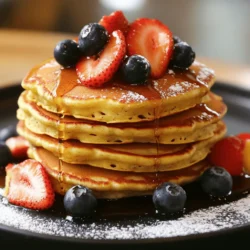 - 1 cup cottage cheese - 2 ripe bananas (mashed) - 2 large eggs Cottage cheese is the star here. It adds protein and creaminess. Ripe bananas bring natural sweetness and flavor. Eggs bind everything together for a fluffy texture. - 1/2 cup rolled oats - 1 teaspoon baking powder - Pinch of salt Rolled oats give the pancakes a hearty feel. Baking powder helps them rise. A pinch of salt enhances the flavors. - Olive oil or cooking spray - 1 teaspoon vanilla extract - Maple syrup for serving Use olive oil or cooking spray to cook the pancakes. Vanilla extract adds warmth and depth. Maple syrup is the perfect sweet finish for your pancakes. Mixing the wet ingredients Start by taking a bowl. Add 1 cup of cottage cheese, 2 mashed bananas, and 2 large eggs. Pour in 1 teaspoon of vanilla extract. Whisk the mix until it is smooth and creamy. This will blend the flavors well. Combining dry ingredients Next, take another bowl and add 1/2 cup of rolled oats, 1 teaspoon of baking powder, and a pinch of salt. Mix these dry ingredients together. Then, pour the wet mix into the dry bowl. Stir until everything is combined. Let the batter sit for about 5 minutes. This helps the oats soak up some moisture. Heating the skillet Grab a non-stick skillet or griddle. Put it on medium heat. Lightly coat the surface with olive oil or cooking spray. This stops the pancakes from sticking. Cooking the pancakes Once the skillet is hot, pour about 1/4 cup of batter onto it for each pancake. Cook for 2 to 3 minutes. You will see bubbles on the surface. When this happens, gently flip the pancake. Cook for another 2 to 3 minutes until it turns golden brown. Repeat this until you use all the batter. Topping ideas with fresh fruits Serve your pancakes warm. You can top them with fresh fruits like sliced strawberries, blueberries, or more banana slices. A drizzle of maple syrup adds a sweet touch. Presentation tips for visual appeal Stack the pancakes high on a plate. Add a handful of fresh fruits on top. A light dusting of powdered sugar can make it look nice too. This will make your dish both tasty and beautiful! - Consistency of the batter: The batter should be thick but pourable. If it’s too runny, add a little more rolled oats. If it’s too thick, stir in a splash of milk or water. Letting the batter rest for 5 minutes helps it thicken nicely. - Cooking temperature management: A medium heat is best for cooking these pancakes. Too high, and the outside will burn before the inside cooks. Look for bubbles on the surface as a sign to flip. - Dairy-free options for cottage cheese: You can use silken tofu or a dairy-free yogurt as a substitute for cottage cheese. These options will still give you a creamy texture. - Alternative sweeteners or add-ins: If you want less sugar, try using mashed apples or unsweetened applesauce instead of bananas. You can also add honey, maple syrup, or agave syrup to sweeten the batter. - Best sides to serve with pancakes: Fresh fruits like berries, bananas, or sliced peaches pair well with these pancakes. You can also serve them with Greek yogurt for extra protein. - Creative garnishes: Stack the pancakes high and top them with a sprinkle of powdered sugar or a drizzle of maple syrup. For an extra touch, add a few nuts or seeds on top for crunch. {{image_2}} You can easily change the flavor of your pancakes. Adding spices like cinnamon or nutmeg works wonders. Just one teaspoon of cinnamon adds warmth and depth to each bite. If you love chocolate, mix in a handful of chocolate chips. They melt into the pancakes, giving a sweet surprise. Want more protein? Swap one egg for a scoop of protein powder. This keeps the pancakes fluffy while boosting their protein. If you're cutting carbs, use almond flour instead of oats. This change gives you a low-carb pancake that still tastes great. You can serve pancakes in different ways. For a savory twist, add cheese and herbs to the batter. This gives a unique flavor that surprises your taste buds. When serving, think about stacking or going for a single pancake. Stack them high for a fun look, or serve one pancake with fresh fruit on top for a simple style. To keep your pancakes fresh, place them in an airtight container. Store them in the fridge for best results. This way, they stay soft and tasty. You can keep them in the fridge for up to three days. If you want to store them longer, freeze them. Place pancakes in a single layer on a baking sheet. After they freeze, move them to a freezer bag. This will help prevent them from sticking together. To reheat your pancakes, use a skillet or microwave. If using a skillet, heat it on low. Place the pancakes in the skillet, and warm them for about one minute on each side. This method helps keep the texture nice. If you use a microwave, place a pancake on a plate. Cover it with a damp paper towel to keep it moist. Heat it for 20-30 seconds. This will warm it without making it tough. These pancakes stay fresh in the fridge for about three days. Look for signs of spoilage. If they smell sour or look dry, it’s time to toss them. When frozen, they can last up to three months. Just remember to check for freezer burn. If you see ice crystals, it’s best to discard them. Enjoy your pancakes while they are still fresh and delightful! Can I make these pancakes ahead of time? Yes, you can make these pancakes ahead of time. Cook the pancakes, let them cool, and store them in the fridge. They will stay fresh for up to three days. You can reheat them in the microwave or on a skillet. How do I make them gluten-free? To make these pancakes gluten-free, use gluten-free rolled oats. Check the label to ensure they are certified gluten-free. This small change keeps the recipe tasty and safe for those with gluten sensitivities. Why are my pancakes falling apart? Pancakes can fall apart if the batter is too thin. Make sure to use the right amount of cottage cheese and oats. If your pancakes still crumble, try adding a bit more oats to help bind the mixture. What should I do if the batter is too thick? If your batter is too thick, simply add a splash of milk or water. Mix it in gradually until you reach the desired consistency. A thicker batter makes fluffier pancakes, so adjust based on your preference. Protein content per serving Each serving of these pancakes has about 20 grams of protein. This high protein content comes from the cottage cheese and eggs, making these pancakes a great choice for breakfast. Caloric breakdown and macros Each pancake has roughly 120 calories. The macros include 8 grams of carbs, 5 grams of fat, and 10 grams of protein. This balance makes them a filling and nutritious option for any meal. This blog post covered how to make tasty pancakes using simple, healthy ingredients. We explored the main ingredients like cottage cheese and ripe bananas. We also shared tips for perfect pancakes, serving suggestions, and fun variations. You can adapt the recipe to fit dietary needs or add flavors you enjoy. Enjoying these pancakes can be both fun and nutritious. Get creative, make them your own, and savor each bite while keeping things healthy!
