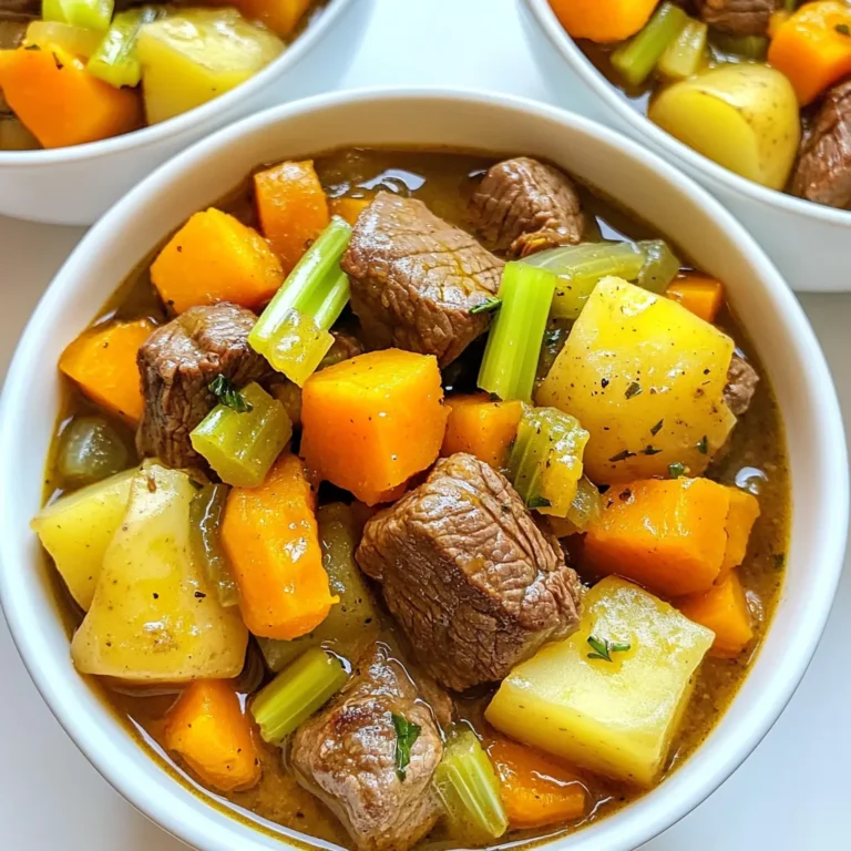 - 2 lbs beef chuck, cut into 1-inch cubes - 4 medium carrots, sliced - 3 medium potatoes, diced - 1 cup butternut squash, peeled and cubed - 1 cup celery, sliced - 1 large onion, chopped - 4 cloves garlic, minced The heart of this stew is the beef chuck. It gives the dish a rich flavor. I love using root vegetables like carrots and potatoes. These add texture and sweetness. Butternut squash adds a creamy touch, which is delightful. Celery brings a fresh crunch, balancing the stew. Aromatics like onion and garlic create a warm, inviting smell. - 4 cups beef broth - 1 tablespoon tomato paste - 2 teaspoons dried thyme - 2 teaspoons dried rosemary - 1 bay leaf - Salt and pepper to taste - 2 tablespoons olive oil Seasonings give this stew its soul. Beef broth makes it hearty and deep. Tomato paste adds a hint of tang. Thyme and rosemary infuse a lovely herbal note. The bay leaf rounds out the flavors perfectly. Don’t forget salt and pepper—they make all the difference! - Slow cooker - Skillet - Cutting board and knife Using the right tools is key. A slow cooker makes this dish easy and hands-off. A skillet helps brown the beef for more flavor. A cutting board and knife let you chop the veggies quickly. With these tools, you will create a fantastic meal! To start, I heat olive oil in a skillet over medium-high heat. I add the beef cubes in batches, making sure to brown each side. This process takes about 5 to 7 minutes. Once the beef turns a nice brown, I remove it from the skillet and set it aside. This step locks in the flavor and creates a rich base for the stew. Next, I use the same skillet to cook the onions and garlic. I add the chopped onion and minced garlic, sautéing them for about 3 to 4 minutes. I watch for them to become soft and translucent. This step builds a great aroma. Then, I incorporate the sliced carrots, diced potatoes, cubed butternut squash, and celery into the mix. I cook them briefly to enhance their flavors before adding them to the slow cooker. Now it’s time to mix everything in the slow cooker. I add the browned beef, sautéed onions, garlic, and all the vegetables into the pot. Then, I stir in the beef broth, tomato paste, dried thyme, dried rosemary, bay leaf, salt, and pepper. I mix all the ingredients well to combine. Finally, I cover the slow cooker and set it to low for 8 hours or high for 4 hours. This slow cooking makes the beef tender and the stew rich in flavor. Browning the beef is key for a tasty stew. It adds a rich flavor that makes your dish special. Heat the olive oil in a skillet before adding the beef. Brown the beef cubes for about 5-7 minutes, turning them until all sides are golden. This step builds great depth in your stew. For seasoning, use two teaspoons of dried thyme and rosemary. These herbs add warmth and depth. Don’t forget to add salt and pepper to taste. A bay leaf enhances the flavor even more. Adjust the spices to suit your taste. Use fresh herbs if you prefer a brighter flavor. Liquid levels are important for the right stew texture. Use four cups of beef broth to keep it moist. If your stew seems too thin, you can thicken it. One way is to mix a tablespoon of cornstarch with water and stir it in. Let it cook a bit longer to thicken. To make your stew thicker, try mashing some of the potatoes in the pot. This will naturally thicken the broth. You can also add more vegetables like butternut squash. They break down and add body to the stew. Choosing the right slow cooker matters. A 6-quart slow cooker works well for this recipe. It gives enough space for all the ingredients. Make sure it has a sturdy lid to keep the heat in. Using a skillet for browning the beef is best. A non-stick skillet makes it easier to cook the beef evenly. Sauté the onions and garlic in the same skillet to soak up the beef flavor. This technique builds an amazing base for your stew. {{image_2}} You can change the protein in this stew. If you prefer pork or chicken, use those instead of beef. Both options work well in a slow cooker. You can also swap out vegetables. Try using parsnips or turnips in place of potatoes or butternut squash. These root veggies add unique flavors and textures. To boost the taste, consider adding a splash of red wine or balsamic vinegar. Both ingredients add depth to the dish. They enhance the beef's rich flavor and make each bite special. Using fresh herbs can also brighten your stew. Instead of dried thyme and rosemary, use fresh sprigs. This simple switch brings out vibrant flavors. If you need gluten-free options, check your beef broth. Some brands may contain gluten. You can easily find gluten-free broth at the store. For a low-sodium version, choose low-sodium broth. This small change helps reduce salt without losing flavor. You can also skip the added salt in the recipe. To store leftovers, let the stew cool to room temperature. Then, transfer it to airtight containers. This keeps the flavors fresh and helps prevent spoilage. I recommend using glass containers for easy reheating. They are safe in the microwave and do not retain odors. For freezing stew, use freezer-safe bags or containers. Leave some space for the stew to expand as it freezes. Label the bags with the date. When you want to eat it, thaw in the fridge overnight. To reheat, warm gently on the stove or in the microwave until hot. In the fridge, the stew stays fresh for about 3 to 4 days. If you freeze it, it can last up to 3 months. Always check for any off smells or changes in color before eating. Keeping track of dates helps you enjoy this delicious meal at its best. Yes, you can! If you don’t have a slow cooker, use a Dutch oven. First, brown the beef in the pot. Next, add the onions and garlic, just like the slow cooker method. Then, add all the other ingredients. Cover and cook on low heat for about 2 to 3 hours. Check it often to make sure it doesn't stick. You can also use an Instant Pot. Just set it to stew mode and follow the same steps. This will cut the cooking time down to about 35-40 minutes. This stew pairs well with many sides. Try serving it with crusty bread for dipping. A fresh green salad adds a nice crunch. You can also serve it with mashed potatoes or rice to soak up the sauce. For a fun twist, consider cornbread or buttery dinner rolls. Each of these options complements the rich flavors of the stew. There are many ways to boost the nutrition. Adding more vegetables is a great start. You can include spinach, kale, or bell peppers. They add color and vitamins. Beans or lentils can also add fiber and protein. Consider reducing the amount of salt. Instead, use fresh herbs to add flavor. Finally, swap olive oil for a heart-healthy option like avocado oil. This way, you keep the stew tasty and healthy! This guide covered making a great slow cooker beef stew. We explored key ingredients, seasonings, and equipment. You learned step-by-step instructions to ensure the perfect dish. I shared tips for flavor and texture, plus variations based on your taste. Proper storage also keeps your stew fresh. Cooking doesn’t have to be hard. With these tips, you can create a delicious meal that suits your needs. Enjoy making this hearty stew!
