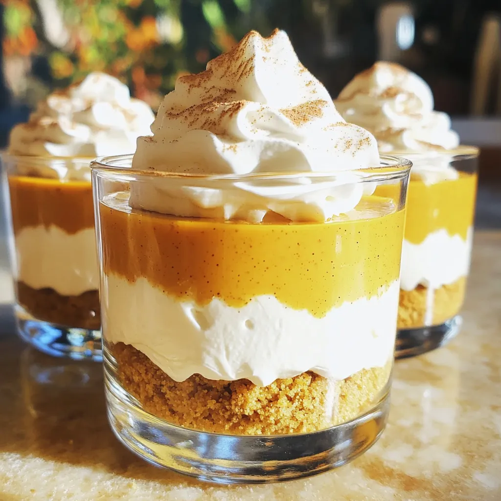 To make your no-bake pumpkin cheesecake cups, gather these items: - 1 cup graham cracker crumbs - 1/4 cup melted unsalted butter - 2 tablespoons brown sugar - 1 cup cream cheese, softened - 1 cup pumpkin puree - 1/2 cup powdered sugar - 1 teaspoon vanilla extract - 1 teaspoon pumpkin pie spice - 1 cup heavy whipping cream - Optional: whipped cream and cinnamon for topping You can swap some ingredients if needed. Here are options: - Use coconut oil instead of butter for a vegan option. - Swap brown sugar with coconut sugar for a healthier choice. - Try Greek yogurt in place of cream cheese for a lighter filling. - Use almond milk instead of heavy cream for a dairy-free version. Choosing the right ingredients is key. Here are my tips: - Look for cream cheese that is smooth and creamy. This gives the best texture. - Use pure pumpkin puree, not pumpkin pie filling. This keeps flavors fresh. - Pick fresh spices; they add a lot of flavor. Ground spices can lose taste over time. - Check the dates on heavy cream. You want it fresh for the best results. With these tips, you are ready to create delicious no-bake pumpkin cheesecake cups! To start, gather your ingredients. You need graham cracker crumbs, melted unsalted butter, and brown sugar. In a medium bowl, mix the graham cracker crumbs with the melted butter and brown sugar. Stir until the crumbs look wet and sticky. Now, take about 2 tablespoons of this mixture and place it in the bottom of each serving cup. Press down gently to form a solid crust. Next, it’s time for the filling. In a large bowl, beat the softened cream cheese until it’s smooth. Then, add the pumpkin puree, powdered sugar, vanilla extract, and pumpkin pie spice. Mix well until the filling is creamy and well combined. In another bowl, whip the heavy cream until stiff peaks form. Carefully fold this whipped cream into the pumpkin mixture. Do this gently to keep the air in the whipped cream. Now, we will assemble our cheesecake cups. Spoon the pumpkin cheesecake mixture evenly over the graham cracker crust in each cup. Make sure to fill each cup to the top. You want each bite to have that creamy filling and crust together. Finally, place the cups in the fridge. Let them chill for at least 2 hours or until the filling is set. This step is key for a smooth texture. Before serving, you can add whipped cream on top and sprinkle with cinnamon for extra flavor. Enjoy your delicious no-bake pumpkin cheesecake cups! To make perfect no-bake pumpkin cheesecake cups, watch for a few common errors. First, be sure to soften your cream cheese before mixing. Cold cream cheese won’t blend well and can leave lumps in your filling. Next, when you whip the heavy cream, stop when you see stiff peaks. If you over-whip, it may turn grainy. Finally, avoid overmixing when combining the whipped cream with the pumpkin mixture. Gently fold it in to keep that fluffy texture. Presentation makes a big difference. Use clear cups or glasses so the layers show through. This adds charm and makes each cup look fancy. You can drizzle some extra pumpkin puree or caramel sauce on top for added flair. A sprinkle of cinnamon or some whipped cream on top gives a nice finish. Consider adding a few crushed nuts for texture. Always let your creativity shine in your dessert display. You can prepare these cheesecake cups in advance. Make them up to two days ahead of time. Just keep them covered in the fridge until you’re ready to serve. This saves you time on busy days and allows the flavors to meld nicely. If you want to freeze them, do so before adding the toppings. Thaw them in the fridge overnight before serving, and then add your toppings right before you enjoy them. This way, they taste fresh and delicious! {{image_2}} You can play with flavors in your pumpkin cheesecake cups. For a twist, try adding chocolate. Mix in mini chocolate chips to the filling. You can also use maple syrup instead of brown sugar for a richer taste. If you enjoy spices, add a pinch of nutmeg or ginger to the mix. These changes make each cup unique and fun. Making these cups gluten-free is easy. Swap the graham cracker crumbs for gluten-free cookies or crushed nuts. Almond flour works great for a nutty base. Just make sure to check any labels to ensure they are gluten-free. This way, everyone can enjoy these tasty treats without worry. Toppings can make your cheesecake cups shine. Whipped cream is a classic choice. Add a sprinkle of cinnamon or nutmeg for extra flavor. You could also drizzle caramel sauce on top for a sweet touch. For a crunchy contrast, sprinkle some crushed nuts or toffee bits. These simple additions elevate your dessert and make it more appealing. To keep your no-bake pumpkin cheesecake cups fresh, store them in the fridge. Use an airtight container to prevent odors from other foods. If you don't have a container, cover each cup tightly with plastic wrap. This method helps keep the flavors intact. These cheesecake cups last for about 4 to 5 days in the fridge. Make sure to check for any signs of spoilage, like an off smell or change in texture. If you notice anything odd, it's best to toss them out. You can freeze these cups for up to 2 months. First, let them chill in the fridge. Then, cover each cup with plastic wrap and foil. This helps prevent freezer burn. When ready to enjoy, thaw them in the fridge for a few hours before serving. Avoid refreezing once thawed. Yes, you can use canned pumpkin. It saves time and is easy to find. Just make sure it is 100% pure pumpkin. Avoid pumpkin pie filling, as it has added sugar and spices. To make this recipe dairy-free, use dairy-free cream cheese and coconut cream. These substitutes will work well. You can also use almond milk whipped cream for topping. Yes, you can turn this into a whole cheesecake. Just double the filling and crust. Use a springform pan to hold everything together. Chill it longer, about 4 hours, for best results. You can use digestive biscuits or cookie crumbs. For a gluten-free option, try almond flour or gluten-free cookies. Just make sure to adjust the butter to keep the crust firm. Your cheesecake cups are set when they feel firm to the touch. They should not jiggle when you move them. Chill them in the fridge for at least 2 hours to help them set properly. This guide covered everything you need to make pumpkin cheesecake cups. You learned about ingredients, step-by-step instructions, and storage tips. I shared ways to avoid mistakes and how to present your desserts beautifully. You can also explore variations and substitutions that fit your needs. Enjoying this treat is easy and fun! With these tips, you're ready to impress your friends and family. Dive in and enjoy your baking journey!