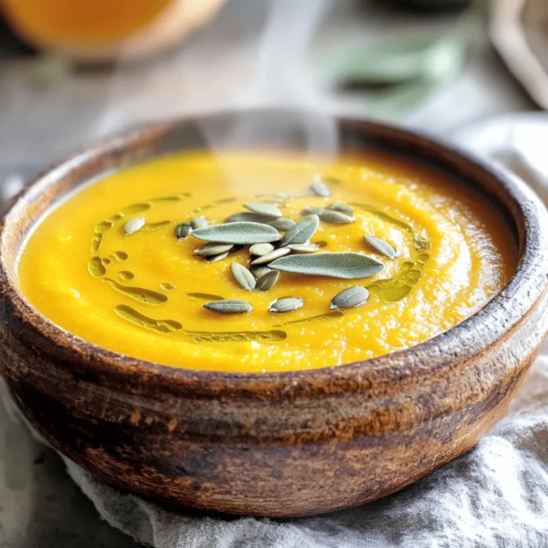 To make creamy sage butternut squash soup, you need fresh, simple ingredients. Here’s the list: - 1 medium butternut squash, peeled and cubed - 1 tablespoon olive oil - 1 onion, chopped - 2 garlic cloves, minced - 4 cups vegetable broth - 1 teaspoon dried sage (or 2 tablespoons fresh sage, chopped) - 1 cup coconut milk (or heavy cream) - Salt and pepper to taste - Optional: toasted pumpkin seeds for garnish These ingredients work together to create a rich and tasty soup. The butternut squash gives a sweet flavor. The sage adds a warm, earthy touch. Coconut milk or heavy cream makes it creamy and smooth. Make sure to use fresh veggies for the best taste. First, preheat your oven to 400°F (200°C). This will help roast the butternut squash. Next, spread the cubed butternut squash on a baking sheet. Drizzle it with olive oil. Then, add salt and pepper to taste. Roast the squash for about 25-30 minutes. It should be tender and slightly caramelized. While the squash roasts, chop the onion and mince the garlic. Aim for small, even pieces for a good cook. In a large pot, heat a splash of olive oil over medium heat. Add the chopped onion and cook until it turns translucent, about 5-7 minutes. Stir in the minced garlic and cook for another minute. This will make your kitchen smell amazing. Once the squash is done roasting, add it to the pot with the onions and garlic. Pour in the vegetable broth. Add the dried or fresh sage at this point. Bring the mixture to a boil, then reduce the heat. Let it simmer for 10-15 minutes to meld the flavors. After simmering, it's time to puree the soup. Use an immersion blender for this. If you don’t have one, carefully transfer the soup in batches to a regular blender. Be careful with the hot liquid. Return the smooth soup to the pot. Now, stir in the coconut milk or heavy cream. Heat it over low until warmed through. Taste and adjust seasoning with more salt and pepper, if needed. - Roasting for flavor enhancement: Roasting the butternut squash adds depth and sweetness. Preheat your oven to 400°F. Spread the cubed squash on a baking sheet. Drizzle with olive oil, then sprinkle salt and pepper. Roast for 25-30 minutes until it is soft and slightly caramelized. This step makes the soup taste richer. - Adjusting thickness of the soup: If you want a thicker soup, use less broth. For a thinner soup, add more broth or water. Always adjust the thickness after blending. This way, you control how creamy or light it feels. - Adding spices or herbs: You can spice up your soup. Try adding a pinch of nutmeg or a dash of cayenne for warmth. Fresh herbs like parsley or chives can also brighten the flavor. These small tweaks can change the soup's taste completely. - Recommendations for garnishes: Toasted pumpkin seeds make a great topping. They add crunch and a nutty flavor. You can also use a swirl of coconut milk for creaminess. A sprinkle of fresh sage or some croutons can also enhance the look and taste. {{image_2}} You can easily adjust this soup for different diets. If you want a vegan option, use almond milk instead of coconut milk or heavy cream. Almond milk will keep the soup creamy without any dairy. It also adds a subtle nutty flavor that pairs well with the sweet squash. This soup is gluten-free, so you don't need to change anything for that. All the ingredients are safe for anyone avoiding gluten. Just check the broth to ensure it is gluten-free. You can change the flavors to suit your taste. Adding herbs like thyme or rosemary can give the soup a fresh twist. A pinch of nutmeg or cinnamon can add warmth and depth too. You might also try different squashes. Acorn squash or kabocha squash will work well. Each type brings its own unique flavor, making the soup even more exciting. To keep your creamy sage butternut squash soup fresh, store it in an airtight container. Let the soup cool down before sealing it. Place the container in the fridge. It will stay good for about 3 to 5 days. When you're ready to eat, just reheat it on the stove or in the microwave. Stir well to ensure even heating. If you want to keep the soup longer, freezing works well. First, let the soup cool completely. Then, pour it into freezer-safe bags or containers. Leave some space at the top, as the soup will expand when frozen. Label the bags with a date. The soup can last for up to 3 months in the freezer. To reheat, take the soup out of the freezer and let it thaw overnight in the fridge. Once thawed, heat it on the stove or microwave until hot. Stir it well. If the soup seems thick, add a splash of broth or water. Enjoy your creamy soup anytime! How long does it take to cook butternut squash? Roasting butternut squash takes about 25-30 minutes. Cut it into cubes, coat with olive oil, and season. Place it on a baking sheet and roast at 400°F (200°C). You want it tender and caramelized. Can I use other types of squash? Yes, you can use other squash! Acorn squash and pumpkin work well too. Each type offers a unique flavor. Just ensure they are cooked until soft. What to serve with butternut squash soup? This soup pairs wonderfully with crusty bread or a fresh salad. A sprinkle of toasted pumpkin seeds adds crunch and flavor. You can also enjoy it with grilled cheese for a cozy meal. Can this soup be served cold? Yes, you can serve it cold! Just chill the soup in the fridge. A cold version tastes refreshing, especially in warmer months. What kitchen tools are essential for this recipe? You'll need a baking sheet and a large pot. An immersion blender is great for pureeing the soup. A chopping knife and cutting board are also key for prep. Is an immersion blender necessary? Not at all! An immersion blender is helpful, but you can use a regular blender. Just be careful with hot soup. Blend in small batches if needed to avoid spills. This soup is easy and tasty. You learned what you need to make butternut squash soup. We covered each step, from prep to cooking, blending, and storing. Plus, I shared handy tips and fun variations to try. Remember, you can adjust flavors and textures to fit your taste. This soup can please many diets, too. Now, with all these ideas, get cooking and enjoy!