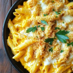 - 12 oz penne pasta - 2 cups pumpkin puree (canned or fresh cooked) - 1 cup heavy cream - 1 cup grated Parmesan cheese - 2 cups shredded mozzarella cheese The main ingredients create the heart of the dish. Penne pasta holds the sauce well. Pumpkin puree gives it a nice, creamy texture. Heavy cream adds richness. Parmesan and mozzarella provide the cheesy goodness we all love. - 2 cloves garlic, minced - 1 teaspoon dried sage - 1 teaspoon nutmeg - 1 tablespoon olive oil Seasonings and oils boost the flavor. Garlic brings a warm taste. Dried sage adds earthiness, while nutmeg gives a sweet touch. Olive oil helps sauté the garlic and blends all flavors nicely. - ½ cup breadcrumbs (optional, for topping) - Fresh parsley for garnish Toppings make the dish special. Breadcrumbs add crunch, while fresh parsley brightens the look. You can leave them out or add them, depending on your mood. Preheating the oven Start by preheating your oven to 375°F (190°C). This step ensures the pasta bake cooks evenly. Cooking the penne pasta Next, cook 12 oz of penne pasta. Follow the package instructions until it's al dente. Drain it and set it aside for later. Sautéing garlic In a large skillet, heat 1 tablespoon of olive oil over medium heat. Add 2 minced cloves of garlic. Sauté the garlic until it becomes fragrant, which should take about 1 minute. Mixing sauce ingredients In a mixing bowl, combine 2 cups of pumpkin puree, 1 cup of heavy cream, and 1 cup of grated Parmesan cheese. Add 1 teaspoon of dried sage, 1 teaspoon of nutmeg, and salt and black pepper to taste. Mix these ingredients until the sauce becomes smooth and creamy. Combining pasta and sauce Add the cooked penne pasta to the skillet with the garlic. Stir it together. Pour the pumpkin Alfredo sauce over the pasta and toss until everything is well coated. Preparing the baking dish Transfer the pasta and sauce mixture into a greased 9x13 inch baking dish. Sprinkle 2 cups of shredded mozzarella cheese evenly on top. If you like, add ½ cup of breadcrumbs for a crunchy topping. Now, your pasta bake is ready for the oven! To create a creamy sauce, start with the right balance of pumpkin and cream. Use 2 cups of pumpkin puree and 1 cup of heavy cream. Mix them well until smooth. If the sauce feels too thick, add a splash of milk. This keeps it silky. Taste your sauce as you go. I like to add salt and pepper gradually. The nutmeg and sage give it warmth. Adjust these spices to match your taste. More nutmeg adds a cozy flavor. Sage brings earthiness, which is perfect for fall. For the perfect cheese topping, choose a good mozzarella. I recommend using 2 cups of shredded mozzarella. Spread it evenly over the pasta before baking. If you like crunch, sprinkle on ½ cup of breadcrumbs. This creates a nice texture. To ensure even baking, spread the pasta mix in the dish evenly. Bake at 375°F (190°C) for 25-30 minutes. Keep an eye on it. You want the cheese to bubble and turn golden. Pair this pasta bake with a light side salad. A simple green salad can freshen up the meal. Toss in some cherry tomatoes and cucumbers for color. For a nice touch, garnish with fresh parsley before serving. It adds a pop of green and brightens the dish. Enjoy your creamy pumpkin Alfredo pasta bake! {{image_2}} You can switch up the pasta type in this dish. While penne works great, try rotini or fusilli for a fun twist. These shapes hold onto the sauce better, adding more flavor to each bite. When it comes to cheese, feel free to experiment. If you want a sharper taste, use aged cheddar or gouda instead of Parmesan. Mixing mozzarella with fontina can also give a rich, smooth texture that melts beautifully. Adding vegetables can really enhance this dish. Spinach adds color and nutrients. You can sauté it with garlic for extra flavor. Mushrooms also work well, giving a nice earthy taste. Just cook them until they’re golden before adding to the mix. For those who love herbs, consider using fresh thyme or rosemary. These herbs can add a lovely aroma and deeper flavor. A pinch of red pepper flakes can spice things up too, if you like some heat. If you follow a gluten-free diet, use gluten-free pasta. Many options are available, like chickpea or quinoa pasta, that taste great. Just be sure to check the cooking times since they can vary. For a vegan version, replace heavy cream with coconut milk or cashew cream. Nutritional yeast can stand in for cheese, giving a cheesy flavor without dairy. You can also use plant-based mozzarella for that gooey finish. If you’re watching your fat intake, choose low-fat cream or even a mix of Greek yogurt and broth. This keeps the dish creamy but cuts down on calories. To keep your savory pumpkin Alfredo pasta bake fresh, store it in an airtight container. This helps prevent moisture loss and keeps other smells out. Make sure to refrigerate within two hours of cooking. The dish stays best in the fridge for about 3 to 5 days. When reheating, place a portion on a microwave-safe plate. Cover it loosely with a lid or microwave-safe wrap. Heat it in short bursts of about 30 seconds. Stir between each burst, so it heats evenly. You can also reheat it in the oven. Just cover it with foil to keep it moist and heat at 350°F (175°C) for about 15-20 minutes. To freeze your pasta bake, let it cool completely first. Then, cut it into portions and wrap each piece tightly in plastic wrap. Place the wrapped portions in a freezer-safe bag or container. This helps prevent freezer burn. Your pasta bake can freeze well for up to 3 months. When it’s time to enjoy your frozen dish, move it to the fridge to thaw overnight. If you need it fast, you can use the microwave on a low setting. Just make sure to stir it often for even thawing. The shelf life of your savory pumpkin Alfredo pasta bake depends on how you store it. In the fridge, it lasts about 3 to 5 days. When frozen, it can stay good for up to 3 months. Always check for signs like off smells or changes in texture before eating. If it looks or smells funny, toss it out. Yes, you can use fresh pumpkin. Start by selecting a small sugar pumpkin. Cut it in half, scoop out the seeds, and roast the halves at 400°F (200°C) for about 45 minutes. Once soft, let it cool, then scoop out the flesh. Blend until smooth. This fresh puree offers a lovely taste. It adds a vibrant color and nutrition to your pasta bake. Absolutely! This pasta bake is great for meal prep. Prepare the dish ahead of time and store it in the fridge. You can assemble it a day before and bake it just before serving. Portion it into containers for easy lunches or dinners. It reheats well in the oven or microwave. Just cover it with foil to keep it moist. You can use several options to keep it creamy. One great swap is using Greek yogurt. It adds creaminess and protein. Another option is using coconut milk for a dairy-free twist. You could also blend soaked cashews for a rich, creamy texture. Each choice will change the flavor slightly, but all will keep your dish delicious. This dish blends rich flavors using simple ingredients like penne pasta and pumpkin puree. With garlic, sage, and a creamy sauce, the pasta bake shines. You can customize with toppings or by adding veggies. Storing leftovers is easy, too. Enjoy experimenting with flavors while keeping prep simple. I hope you feel excited to create this pumpkin alfredo pasta bake. It'll be a hit at any meal!