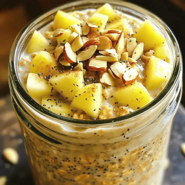 - 1 cup rolled oats - 1 cup almond milk (or any milk of choice) - 1 medium apple, peeled and diced - 1 tablespoon chia seeds To make apple cinnamon overnight oats, you need a few key items. Rolled oats are the base. They soak up all the flavors well. Almond milk adds creaminess. You can use any milk you like. Diced apple gives a nice crunch and sweetness. Chia seeds add a healthy boost and help the oats thicken. - 1 teaspoon ground cinnamon - 1 tablespoon maple syrup (or honey) - 1/2 teaspoon vanilla extract - A pinch of salt Now, let's talk about flavor. Ground cinnamon brings warmth and spice. Maple syrup or honey adds sweetness. Vanilla extract enhances the flavor, making it richer. A pinch of salt balances all the tastes, keeping your oats from being bland. - Sliced almonds - Additional apple slices - Nutmeg Toppings are where you can get creative. Sliced almonds add crunch and protein. Extra apple slices make it look pretty. A sprinkle of nutmeg gives a warm, cozy aroma. You can mix and match these toppings to fit your mood each morning. Start by grabbing a large mixing bowl. In this bowl, combine 1 cup of rolled oats, 1 tablespoon of chia seeds, 1 teaspoon of ground cinnamon, and a pinch of salt. Mix these dry ingredients well. This step builds a solid base for your oats. Chia seeds add extra fiber and keep you full longer. Now, take another bowl. Whisk together 1 cup of almond milk, 1 tablespoon of maple syrup, and 1/2 teaspoon of vanilla extract. Make sure everything blends nicely. Almond milk gives a creamy texture, while maple syrup adds a touch of sweetness. Pour the wet mixture over the dry ingredients. Stir until all the oats are coated. Next, gently fold in 1 medium apple, peeled and diced. Make sure the apple pieces are spread out in the mix. This adds a fresh crunch to your oats. Transfer the mixture to a jar or a tightly-sealed container. Place it in the fridge overnight, or for at least 4 to 6 hours. This allows the oats to soak up the flavors. The next morning, take the oats out and stir well. If you want creamier oats, add a splash more almond milk. Serve in bowls and top with your favorite add-ons like sliced almonds, extra apple slices, or a sprinkle of nutmeg. Enjoy your healthy, tasty breakfast! To get creamy overnight oats, the right liquid amount is key. For creaminess, add more almond milk. Start with the 1 cup in the recipe. If it feels too thick, just stir in a bit more milk until you get the texture you like. Soaking time matters too. Aim for at least 4-6 hours in the fridge. This lets the oats absorb the liquid and soften. For the best results, overnight soaking works great! Want to spice things up? Add more cinnamon if you love its warm taste. You can also try a pinch of nutmeg or a dash of ginger. These spices mix well with apple and give your oats a tasty twist. If you want a different sweet kick, swap out maple syrup for honey or use agave syrup. Each sweetener adds a unique flavor that can change your whole dish! You can prepare these oats up to 3 days in advance. This makes mornings easier! Just store them in the fridge until you are ready to eat. For freshness, use a tightly-sealed jar or container. This keeps them from drying out. If you notice the oats thickening too much, stir in a little milk right before serving. Enjoy your delicious, easy breakfast! {{image_2}} You can switch out apples for other fruits. Bananas or berries work great. Slice ripe bananas and mix them in. Blueberries or strawberries add a juicy touch. You can also try seasonal fruits. In fall, pears add a sweet twist. In summer, fresh peaches bring a juicy flavor. Adding nuts and seeds boosts nutrition. You can use walnuts or pecans instead of almonds. Both add crunch and healthy fats. For even more nutrients, add seeds. Try pumpkin seeds or sunflower seeds. They add texture and flavor. You can change the taste by adding spices. Try nutmeg or ginger for warmth. These spices complement the apple and cinnamon well. If you love chocolate, mix in cocoa powder. It gives a unique twist and makes it even tastier. To keep your Apple Cinnamon Overnight Oats fresh, always store them in the fridge. Use a clean, airtight container. This helps to lock in flavors and moisture. They will stay good for up to five days. I recommend making a batch at the start of the week. It makes breakfast a breeze! Yes, you can freeze overnight oats! Freezing is a great way to save extra servings. Use freezer-safe containers or jars. To thaw, move them to the fridge overnight. You can also warm them in the microwave. Just add a splash of almond milk to restore creaminess. The best containers are glass jars or BPA-free plastic containers. Look for ones with tight-fitting lids. An airtight seal keeps the oats fresh longer. Avoid using containers that let air in. This will help prevent spoilage and keep your oats tasty! The best oats for overnight oats are rolled oats. They soak up liquid well and stay soft. Instant oats can become mushy, while steel-cut oats need longer to soften. Rolled oats give you a nice, creamy texture that's just right. Yes, you can easily make this recipe vegan. Just use almond milk or any plant-based milk you like. Maple syrup is a great sweetener that fits well in vegan diets. This way, you keep all the yummy flavors while staying plant-based. To make more servings, just double or triple the ingredients. For example, use 2 cups of rolled oats and 2 cups of almond milk for four servings. Keep the other ingredients in the same ratio. This makes it easy to serve family or friends. Yes, overnight oats can last up to 4-5 days in the fridge. Just keep them in an airtight container. If they smell off or look strange, throw them away. Freshness is key to enjoy the taste and texture. Absolutely! You can heat up your overnight oats if you prefer them warm. Just pop them in the microwave for about 30-60 seconds. Stir well and check the temperature before you eat. You can also add a splash of milk to make them creamier. Apple Cinnamon Overnight Oats are simple and tasty. We discussed essential ingredients like oats, apples, and chia seeds, along with flavor boosters such as cinnamon and maple syrup. You learned the steps for mixing and storing your oats overnight. If you want a change, try adding different fruits or nuts. Remember, store your oats properly for the best taste. Enjoy your meal prep and create a breakfast that fuels your day!