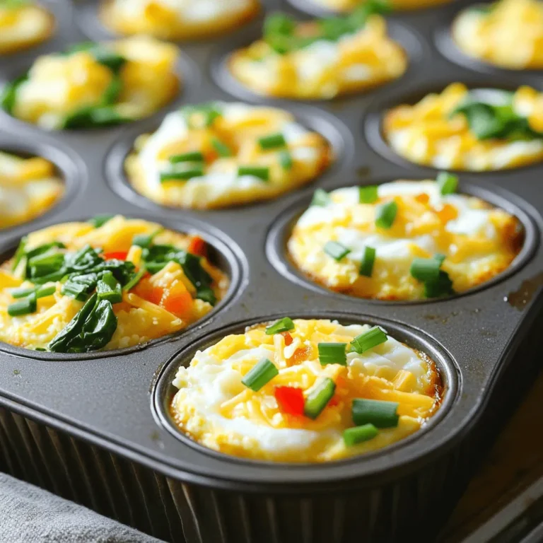 - 1 cup cottage cheese - 4 large eggs - 1/2 cup shredded spinach (fresh or frozen) - 1/4 cup diced bell pepper (red or green) - 1/4 cup grated cheese (cheddar or feta) - 1/4 teaspoon garlic powder - 1/4 teaspoon onion powder - Salt and pepper to taste - Cooking spray or olive oil (for greasing) - Cottage cheese: High in protein, low in fat, and rich in calcium. Good for muscles and bones. - Eggs: Full of protein and vitamins like B12 and D. Great for energy and brain health. - Spinach: Packed with iron, vitamins A and C. Helps keep your body healthy. - Bell pepper: Full of vitamin C. Supports your immune system and adds color. - Grated cheese: Adds flavor and calcium. Choose lower-fat cheese for fewer calories. - Garlic powder and onion powder: Add flavor without extra calories. Good for heart health. - Salt and pepper: Enhance taste. Use in moderation to keep it healthy. - Cooking spray or olive oil: Helps to prevent sticking. Use healthy fats for better cooking. - Spinach: Look for bright green leaves. Avoid any yellowing or wilting. - Bell peppers: Choose firm peppers with shiny skin. The color should be vibrant. - Cheese: Buy from a trusted source. Check for freshness and quality. - Always check the expiration dates on packaged items. Fresh ingredients make better meals. To start, gather your ingredients. You need cottage cheese, eggs, spinach, bell pepper, cheese, garlic powder, onion powder, salt, and pepper. Grab a muffin tin and cooking spray or olive oil. Preheat your oven to 350°F (175°C). This temperature helps the egg bites cook evenly. Next, mix the cottage cheese and eggs in a large bowl. Whisk until smooth and creamy. Stir in spinach, bell pepper, grated cheese, garlic powder, onion powder, salt, and pepper. Make sure everything is well combined. This mix is full of protein and flavor. Pour the mixture into the greased muffin tin. Fill each cup about three-quarters full. This allows room for the egg bites to rise. Greasing the muffin tin is key to easy removal. You can use cooking spray or olive oil. If using cooking spray, hold the can about 6 inches away. Spray each cup lightly but evenly. If you prefer olive oil, use a paper towel to coat the cups. Make sure to cover all sides. This prevents sticking and keeps your egg bites intact. Bake the egg bites in your preheated oven for 20-25 minutes. Check them at the 20-minute mark. The tops should be slightly golden. Insert a toothpick into the center of one bite. If it comes out clean, they are done. If not, give them a few more minutes. Once baked, let them cool slightly before removing them. Use a fork to gently lift them out. Enjoy these tasty bites warm or store them for later! To make creamy egg bites, use fresh cottage cheese. Blend it well with the eggs. Whisk until smooth; this step is key. Avoid lumps for that perfect texture. Also, use a mix of cheeses, like cheddar or feta. These add flavor and creaminess, enhancing your bites. Greasing the muffin tin is crucial. Use cooking spray or olive oil for easy removal. Bake at 350°F (175°C) for 20-25 minutes. Check doneness by inserting a toothpick. If it comes out clean, they’re ready. Let them cool slightly before taking them out. This prevents breakage. Don’t overfill the muffin cups. Fill them about 3/4 full for even cooking. Avoid overmixing the batter; this can make them tough. Also, watch the baking time closely. If you bake too long, they can dry out. Lastly, don’t skip the seasonings. Salt and pepper enhance the flavor greatly. {{image_2}} You can boost flavor with fresh herbs or spices. Try adding chopped chives or parsley. These herbs add a bright taste. You can also use dried herbs like oregano or basil. A pinch of paprika gives a nice kick. Experiment with your favorites to make each batch unique. Feel free to swap out the vegetables for your favorites. Zucchini or mushrooms work well in this recipe. You can also try adding diced tomatoes or broccoli. Each vegetable brings its own flavor and texture. Just make sure to chop them small. This helps them cook evenly and mix well. Different cheeses can change the flavor profile of your egg bites. Cheddar adds a sharp taste, while feta gives a tangy twist. You can also use mozzarella for a creamy texture. For a bold flavor, try pepper jack cheese. Mix and match to find your perfect combination. To keep your protein cottage cheese egg bites fresh, store them in an airtight container. This method helps prevent drying out. Place a paper towel inside the container to absorb extra moisture. Store them in the fridge for up to five days. Before serving, check for any signs of spoilage. Reheating your egg bites is easy. Use your microwave for quick results. Heat them for about 30 seconds on high. Check if they are warm enough. If not, heat in 10-second bursts until ready. You can also use the oven. Preheat your oven to 350°F (175°C) and warm them for 10 minutes. This method keeps them fluffy and tasty. Freezing is a smart way to save egg bites for later. Allow them to cool completely after baking. Place the bites in a single layer on a baking sheet. Freeze them for about an hour. Then, transfer them to a freezer-safe bag or container. Label it with the date. They can last up to three months in the freezer. To eat, thaw in the fridge overnight, then reheat as mentioned above. You can serve these egg bites with many tasty sides. Fresh fruit like berries or sliced apples adds sweetness. Whole-grain toast is a great choice for crunch. You can also pair them with a light salad. For a heartier meal, try adding turkey bacon or smoked salmon. Each option enhances the protein-rich bites. Yes, you can make these egg bites ahead of time. They store well in the fridge. Just keep them in an airtight container. They last up to four days. You can also freeze them for longer storage. When ready to eat, just reheat them in the microwave. They stay tasty and filling even after freezing. You can make lower-calorie egg bites with simple swaps. Use egg whites instead of whole eggs. This cuts down on fat. You can also skip the cheese or use a low-fat version. For more veggies, add mushrooms or zucchini. Both options keep the flavor high while lowering calories. Protein cottage cheese egg bites are a simple, healthy snack. We covered the key ingredients and their benefits. You learned how to prepare and bake them for great flavor. I shared tips to get creamy textures and avoid mistakes. We explored fun variations, storage tips, and answers to common questions. These bites are versatile and easy to adapt. Enjoy making them part of your meal prep. Healthy eating can be fun and rewarding. Dive in and get creative!
