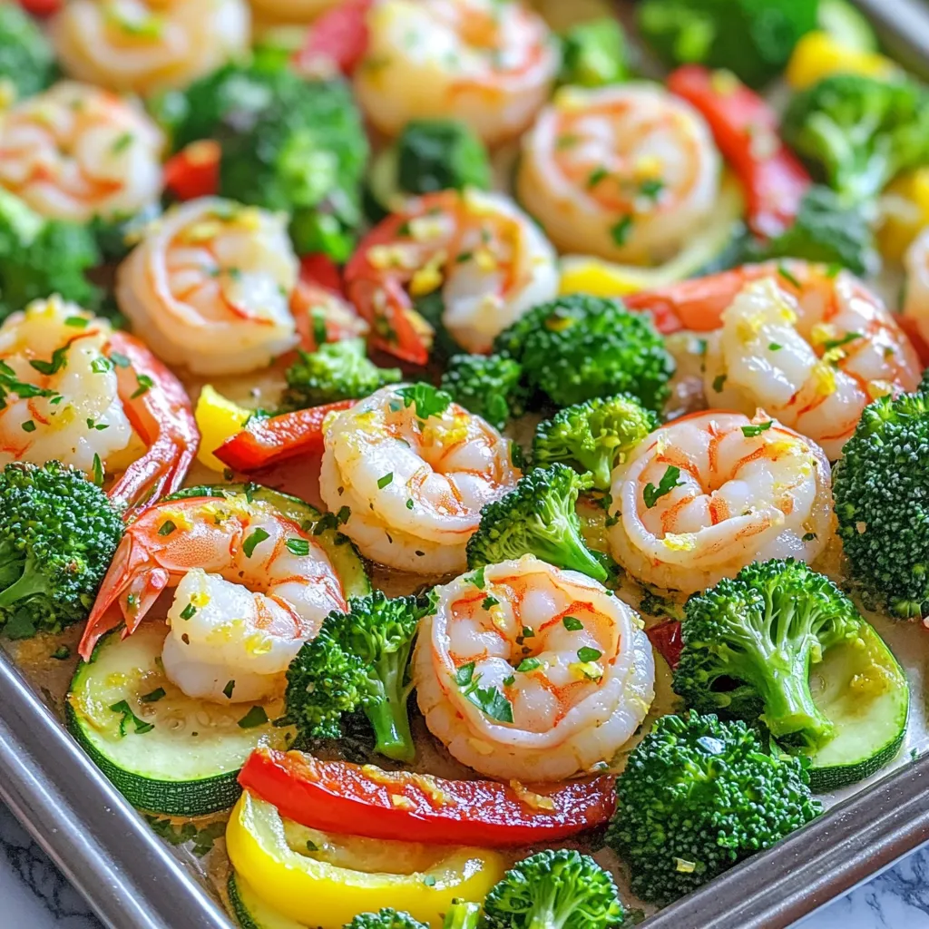 - 1 pound large shrimp, peeled and deveined - 2 cups broccoli florets - 1 red bell pepper, sliced - 1 yellow zucchini, sliced Large shrimp add a nice texture. Broccoli florets bring health and color. Red bell pepper adds sweetness, while yellow zucchini gives a mild taste. Together, they make a perfect mix. - 4 cloves garlic, minced - 1/4 cup olive oil - Juice and zest of 1 lemon - 1 teaspoon smoked paprika - 1 teaspoon dried oregano Minced garlic gives a strong flavor. Olive oil helps all the ingredients stick together. Lemon juice and zest add a bright, fresh taste. Smoked paprika brings warmth, while dried oregano adds depth. These flavors make the dish pop. - Salt and pepper to taste - Fresh parsley, chopped, for garnish Salt and pepper are key for flavor. Fresh parsley adds a nice touch at the end. It not only looks good but also adds a fresh bite. This simple blend of seasonings makes every bite enjoyable. 1. First, preheat your oven to 400°F (200°C). Line a large sheet pan with parchment paper. This helps with easy cleanup and prevents sticking. 2. In a large mixing bowl, combine the shrimp, broccoli florets, sliced red bell pepper, and sliced yellow zucchini. Make sure everything is mixed well. 1. In a separate small bowl, whisk together the minced garlic, olive oil, lemon juice, and lemon zest. 2. Add in the smoked paprika, dried oregano, salt, and pepper. Mix until everything is combined. This sauce will add a bright flavor to the dish. 1. Pour the garlic-lemon sauce over the shrimp and veggies. Toss everything together until all the pieces are well coated. You want each bite to be full of flavor. 2. Spread the shrimp and veggie mixture evenly on your prepared sheet pan. Make sure they are in a single layer. This ensures even cooking. 3. Bake in the preheated oven for 12-15 minutes. Keep an eye on it. The shrimp should be pink and opaque, while the veggies should be tender but still a bit crisp. Enjoy the bright flavors and colors of your Lemon Garlic Shrimp & Veggie Sheet Pan Delight! To ensure even cooking, spread the shrimp and veggies flat on the sheet pan. This allows hot air to reach all parts. Avoid overcrowding the pan. If they overlap, some may cook unevenly. For shrimp size, adjust the cooking time. If using smaller shrimp, check for doneness a few minutes earlier. Larger shrimp may need a bit more time. Look for the shrimp to turn pink and opaque to know they are done. This dish pairs well with simple sides. Try fluffy rice or quinoa for a filling meal. A fresh green salad can add a nice crunch. It balances the meal and adds freshness. For drinks, a chilled glass of white wine works great. A light lemonade can also complement the lemon flavor. For garnish, fresh herbs make a difference. Try using basil or cilantro instead of parsley. They add unique flavors and colors. When serving, arrange the shrimp and veggies in a neat pile. Drizzle a little extra olive oil or lemon juice on top for an appealing look. A sprinkle of zest can add a bright touch to the dish. {{image_2}} You can swap out vegetables based on what you have. Try asparagus, snap peas, or carrots. Each veggie adds a new flavor and texture. You can also change the protein. Instead of shrimp, use chicken, tofu, or salmon. Each option works well with the lemon and garlic. Feel free to get creative with spices. Add cumin or coriander for a warm taste. You can also try herbs like thyme or rosemary. If you like heat, toss in chili flakes or a splash of hot sauce. This will add a nice kick to your meal. For a gluten-free version, this recipe is already safe. Just ensure your seasonings are gluten-free. If you want low-carb, skip the zucchini and use cauliflower rice instead. You can still enjoy all the flavors while keeping it light. For storing leftovers, use airtight containers. Glass containers work great as they keep food fresh. You can also use plastic containers, but make sure they seal well. In the refrigerator, your Lemon Garlic Shrimp & Veggie Sheet Pan lasts about three days. Always cool the dish before sealing it to avoid moisture buildup. To reheat, use the oven for best results. Preheat it to 350°F (175°C) and place the food on a baking sheet. Cover it with foil to keep moisture in. Heat for about 10 minutes or until warm. You can also use a microwave, but it may make the shrimp chewy. If you want to freeze, divide the dish into portions first. It stays good in the freezer for up to two months. Just thaw in the fridge before reheating. You can prepare this dish in advance for busy weeknights. Chop the veggies and clean the shrimp ahead of time. Store them separately in the fridge. When ready to cook, just mix and bake. For easy lunches, portion the dish into containers. This way, you have tasty meals ready to go! Shrimp cooks quickly. You can tell it is done by looking at its color and texture. The shrimp should turn pink and opaque. If it curls tightly, it is cooked. Overcooking makes shrimp tough, so watch closely. Yes, you can prep this meal ahead. Chop the veggies and marinate the shrimp in the sauce. Store them in the fridge for up to a day. When ready, just spread them on the sheet pan and bake. This saves time on busy nights. You can use many veggies. Try asparagus, carrots, or snap peas for a twist. Seasonal vegetables like zucchini or bell peppers work well too. Mix and match to suit your taste and the season. This post covered how to make a flavorful shrimp and veggie dish. We discussed the main ingredients and their enhancements, along with step-by-step instructions. You learned key cooking tips and variations to customize your meal. Remember to store leftovers properly and reheat them for best taste. Cooking doesn't have to be hard. With these tips, you can wow everyone at the table! Enjoy experimenting and making this recipe your own. Happy cooking!