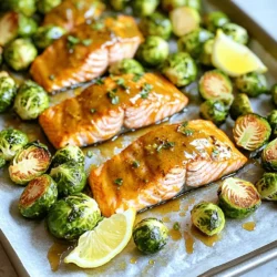 - 4 salmon fillets - 1 pound Brussels sprouts, trimmed and halved - 3 tablespoons honey - 2 tablespoons Dijon mustard The main stars of this dish are salmon and Brussels sprouts. Salmon provides a rich flavor and healthy fats. Brussels sprouts add a nice crunch and slight bitterness. - 1 tablespoon olive oil - 2 cloves garlic, minced - 1 teaspoon paprika - Salt and pepper to taste Seasoning brings everything together. Olive oil helps the sprouts roast well. Garlic adds depth and flavor. Paprika gives a hint of smokiness, while salt and pepper enhance all the tastes. - Lemon wedges Lemon wedges brighten each bite. The acidity cuts through the richness of the salmon. It gives the dish a fresh finish. 1. First, preheat your oven to 400°F (200°C). This step helps cook the salmon evenly. 2. Next, take 1 pound of Brussels sprouts. Trim the ends and cut them in half. This makes them cook better. 1. In a small bowl, add 3 tablespoons of honey, 2 tablespoons of Dijon mustard, and 2 minced garlic cloves. 2. Sprinkle in 1 teaspoon of paprika, along with salt and pepper to taste. 3. Whisk all these ingredients together until smooth. This mix will give flavor to the salmon. 1. On a large sheet pan lined with parchment paper, place the halved Brussels sprouts on one side. 2. Drizzle them with 1 tablespoon of olive oil, then season with salt and pepper. Toss them to coat well. 3. On the other side of the sheet pan, arrange the 4 salmon fillets. 4. Brush the honey mustard mixture generously over each salmon fillet. This will add a nice glaze as they bake. 1. Place the sheet pan in the preheated oven. Set the timer for 15-20 minutes. 2. Keep an eye on the salmon. It’s done when it flakes easily with a fork. The Brussels sprouts should be tender and golden. 3. Once cooked, remove the pan from the oven. Let it sit for a few minutes before serving. This helps the flavors settle. For the best salmon, aim for a cooking time of 15 to 20 minutes. The salmon should be opaque and flake easily with a fork when done. I suggest checking at 15 minutes to avoid overcooking. To get that nice caramelization, add olive oil and season well. Toss the halved Brussels sprouts with salt and pepper before cooking. If you want more flavor, try adding garlic powder or a splash of balsamic vinegar. When serving, place the salmon and Brussels sprouts on a large platter. You can drizzle some of the honey mustard sauce over the top. Add lemon wedges around the dish for a fresh touch. A sprinkle of fresh herbs, like parsley, can also brighten up the plate. {{image_2}} You can change the fish for variety. Try using trout or cod instead of salmon. Both options work well with honey mustard. For vegetables, consider green beans or carrots. These can add color and flavor to your dish. You can even mix in some sweet potatoes for a hearty twist. If you want a different taste, switch the sauce. A teriyaki glaze pairs nicely with salmon too. For spice lovers, add some cayenne or crushed red pepper to the marinade. You can also use a garlic herb blend for a fresh flavor. This recipe can fit many diets. To make it gluten-free, ensure your mustard is gluten-free. You can use maple syrup instead of honey for a low-sugar option. This keeps the dish sweet but healthy. Always check labels to avoid hidden gluten or sugars in sauces. After cooking, let the salmon and Brussels sprouts cool. Use airtight containers for storage. Glass containers work well, as they don't stain or hold odors. Place the leftovers in the fridge within two hours. They stay fresh for up to three days. To reheat, use an oven or a skillet. The oven keeps the salmon crispy. Preheat it to 350°F (175°C). Place the salmon and sprouts on a baking sheet. Heat for about 10 minutes. This helps keep moisture in. In a skillet, add a little olive oil. Heat on low, turning gently until warm. You can freeze cooked salmon if needed. Wrap it tightly in plastic wrap, then in foil. This helps prevent freezer burn. Freeze the salmon for up to three months. For Brussels sprouts, it's best to eat them fresh. If you must freeze, blanch them first. Thaw salmon overnight in the fridge for best results. Avoid thawing in the microwave, as it may dry out the fish. It takes about 15-20 minutes to bake salmon at 400°F. You should check the salmon after 15 minutes. It is done when it flakes easily with a fork. Cooking time may vary based on the thickness of the fillets. Thicker fillets may need more time. Yes, you can use frozen salmon. However, you should thaw it first for best results. You can thaw it in the fridge overnight or under cold running water. Once thawed, follow the same steps in the recipe. Honey mustard salmon pairs well with many sides. Here are some tasty options: - Quinoa or rice - Mashed potatoes - Roasted sweet potatoes - A fresh salad These sides complement the salmon's flavor and add variety to your meal. Yes, this dish is great for meal prep. It stores well in the fridge for up to four days. You can pack the salmon and Brussels sprouts in containers. Just reheat in the microwave when ready to eat. This saves time during busy weeks. This recipe is already dairy-free! It uses honey and Dijon mustard instead of dairy products. You can enjoy it without worry. Just check your Dijon mustard to ensure it is dairy-free, as some brands may vary. This recipe showcases the tasty combination of salmon and Brussels sprouts. You learned how to prepare, season, and bake these ingredients, ensuring a delicious meal. Remember to store leftovers properly so you can enjoy them later. Use my tips to adjust flavors and serve it nicely. With easy variations and clear steps, you can create a simple yet great dish. Trust your skills, and enjoy every delicious bite.