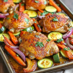 - 4 bone-in chicken thighs, skin-on - 2 large carrots, sliced into sticks - 1 red bell pepper, chopped - 1 zucchini, sliced - 1 red onion, cut into wedges - 3 tablespoons harissa paste - 2 tablespoons olive oil - 1 teaspoon garlic powder - 1 teaspoon smoked paprika - Salt and pepper to taste For this recipe, I love using bone-in chicken thighs. They stay juicy and have great flavor. The skin crisps up perfectly when roasted. Fresh vegetables add color and texture. I like carrots for sweetness, red bell peppers for crunch, zucchini for tenderness, and red onion for a savory bite. Harissa paste is the star. It’s a spicy North African chili paste. It brings heat and depth to the dish. Don't forget garlic powder and smoked paprika. They add layers of flavor without much effort. Salt and pepper round out the seasoning. - Fresh parsley - Lemon wedges for serving For a fresh touch, I recommend adding chopped parsley. It brightens the dish and adds color. Lemon wedges are also a nice touch. They provide a zesty kick when squeezed over the chicken and veggies. This combination makes each bite delightful. 1. Preheat the oven and make the marinade. Set your oven to 425°F (220°C). In a large bowl, mix harissa paste, olive oil, garlic powder, smoked paprika, salt, and pepper. This marinade adds depth to the chicken. 2. Marinate the chicken. Add the bone-in chicken thighs to the bowl. Coat each piece well with the harissa mixture. Let the chicken marinate for at least 15 minutes. For better flavor, you can marinate it overnight in the fridge. 1. Arrange the vegetables and chicken on the sheet pan. On a large baking sheet, lay out the sliced carrots, chopped bell pepper, zucchini, and red onion. Spread them out in a single layer. Drizzle a little olive oil over the veggies and sprinkle some salt and pepper. 2. Roasting time and temperature guidelines. Place the marinated chicken thighs on top of the veggies. Make sure they have space to cook evenly. Roast in the preheated oven for 35-40 minutes. The chicken should reach an internal temperature of 165°F (75°C), while the veggies should be tender and slightly caramelized. 1. Broil for crispy skin. For extra crispy skin, broil the sheet pan for 2-3 minutes at the end. Keep an eye on it to prevent burning. 2. Resting time before serving. Once you take it out of the oven, let the dish rest for 5 minutes. This allows the juices to settle in the chicken. Garnish with fresh chopped parsley before serving for a vibrant touch! For the best flavor, let your chicken marinate for at least 15 minutes. If time allows, marinating overnight works wonders. The longer it sits, the deeper the flavor gets. Store extra harissa marinade in an airtight container in the fridge for up to a week. You can use it for other meats or veggies, adding a kick to any dish. To achieve the perfect roast, preheat your oven to 425°F (220°C). This high heat helps the chicken skin crisp up nicely. Arrange your chicken and veggies on the sheet pan with space between them. This allows hot air to circulate, ensuring even cooking. Check that your chicken reaches an internal temperature of 165°F (75°C) for safe eating. If your veggies need more time, you can remove the chicken and let them cook a bit longer. When it comes to serving, you have options! You can serve the chicken and veggies directly from the sheet pan for a rustic look. Alternatively, plate the chicken on individual dishes, ensuring you include a colorful mix of the veggies. A sprinkle of fresh parsley adds a pop of color and freshness. For an extra touch, serve some lemon wedges on the side. This adds brightness to your meal and enhances the flavors. {{image_2}} You can swap out carrots, bell peppers, zucchini, and onions with other veggies. Try using: - Broccoli florets - Sweet potatoes, diced - Cauliflower, cut into small pieces - Cherry tomatoes, halved Seasonal vegetables work well too. In spring, add asparagus or peas. In fall, use butternut squash or Brussels sprouts. Mixing different colors and textures makes the dish more appealing. Harissa gives a bold taste, but you can play with flavors. Use these options instead: - Sriracha for a spicy kick - BBQ sauce for a sweet twist - Curry paste for a warm, spicy flavor To tame the heat, add more olive oil or honey. You can also mix in yogurt to cool it down. Adjust the spice level to fit your taste! While chicken thighs are tasty, you can change the protein. Use: - Bone-in chicken breasts for leaner meat - Pork chops for a different flavor - Salmon filets for a quick cook If you prefer a vegetarian option, try chickpeas or tofu. Toss them in the marinade and roast for a hearty meal. These swaps keep the essence of the dish while adding fun new flavors. To store your cooked chicken and veggies, let them cool down first. Use airtight containers for best results. This keeps them fresh and tasty. Place the chicken and veggies together or separately, based on your preference. They will last in the fridge for about 3 to 4 days. To reheat, the best method is using the oven. Set it to 350°F (175°C). Place the chicken and veggies on a baking sheet. Heat for about 15 minutes, or until hot. You can also use a microwave if you’re in a hurry. Just cover the dish to keep moisture in. Before storing, it’s good to portion the leftovers. This makes reheating easier later. To freeze, let the dish cool completely first. Then, place the chicken and veggies in freezer bags or containers. Remove as much air as possible. This helps prevent freezer burn. You can freeze it for up to 3 months. When you are ready to eat, defrost in the fridge overnight. Reheat as described above for the best taste and texture. Yes, you can use boneless chicken thighs. They cook faster than bone-in thighs. You will need to reduce the cooking time to about 25-30 minutes. Boneless thighs may also have a slightly different flavor. The bones add richness to the dish, but boneless thighs still taste great. You can serve this dish with many tasty sides! Here are some ideas: - Couscous or rice for a filling base. - A simple green salad for freshness. - Pita bread or flatbreads to soak up flavors. - Yogurt or tzatziki for a cool dip. These sides will enhance the meal and balance the heat from the harissa. You can easily adjust the heat level of this dish. To make it spicier, add more harissa paste or a pinch of cayenne pepper. You can also use spicy harissa if you want a real kick. To make it milder, use less harissa paste. Adding a dollop of yogurt can help cool down the heat. Enjoy experimenting with the spice level! This blog post shared a tasty recipe for harissa roasted chicken and veggies. We covered key ingredients, preparation steps, and tips to make it perfect. Consider variations like different vegetables or spicing levels to fit your taste. Remember, storage and reheating tricks keep your leftovers delicious. Enjoy this dish any day of the week. It’s simple, flavorful, and sure to impress!
